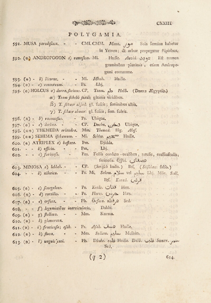 ** $&mr ;xm 591. MUS A parodi/taca* POLYGAMIA, ~ CMI. CMM. Monz. ^yVyo Sola foernina habetur in Yemen; -<& arbor propagatur Pipitibus» 59 2. (#} AMDROPOGOK /?} yamofttm. Mi. Badie. AuvU. CAjf- Eli nomen graminibus plurimis , etiam Andropo- g-oni commune. 593. (t) - V) bicovnv, - - Mi. Mhah. Hadie. 594. {#) - r) contortum. - Ps, Lhj„ 595' (#) HOLCUS «) cinrra,fativus. CP. Tanm* Halb (Dnrra iEgyptii^.) <%) Taam fchcbb Jhadh glornis viridibus. /3) T. ftfiacr abjath gl. fufcis ; feminibus albis» ■ ' '■ ‘ . 1 , y) T. fcbxer ahmar: gi. fufcis; fem. fulvis. 596. (■§.) - l) r acerno Jus. Ps. Ubique. 597- (#) * c) dothia. CP. Docfou Ubique. 593. O#) THEMEDA trian&ra. Mm» Themed. Blg. Alaf. 599- (##) SEHXMA ijchsmum. - Mi. SeJAvt. ^axwj Hadie» 600. (•#) ATRIPLEX n) hafiata. Pm. ■Djidda. 601. - - /;) officin. Pm» Lhj. 602.  ■ c) farinofa-. Pm. Foliis cordato - ovalibus . re tufis , farinofis. 0//v;i. ( 603. MIMOSA ») - CP. (Serifch Indis. ) Btf. (Seifda, 604. - /;) nilotiau Ps. Mi* Salom. ASffwo vel Lhj. Ltf. Karfltl-o 60 5. (#) • 0 fcnegalcns: Ps, Ketdt. OvX3 Haes. <3 06. tortilis» - *■-' Ps. flares. (jay-Su. Ha:s« 607. (#) - 0 •tirfotd. Pb. Orfota. &Lj3 Srd» J y 608. - * /) leguminibus inarticulatis. D alibi. 609. 610. (#) - g) ftcllata. - />) glomerata. Mm. Rurum» 611. (•#) - i) fruticojii'i ajhk. - Ps. Afah. Hadie,. 612« (#) - &) Mm, SylUm. ji.JLu Me Iliam 613. (#) » /) unguis [cati. Pk Dhoba. Hadie. DobK • © ‘Srd, So-uL Sttimr. tr (q 2) '&i 4-