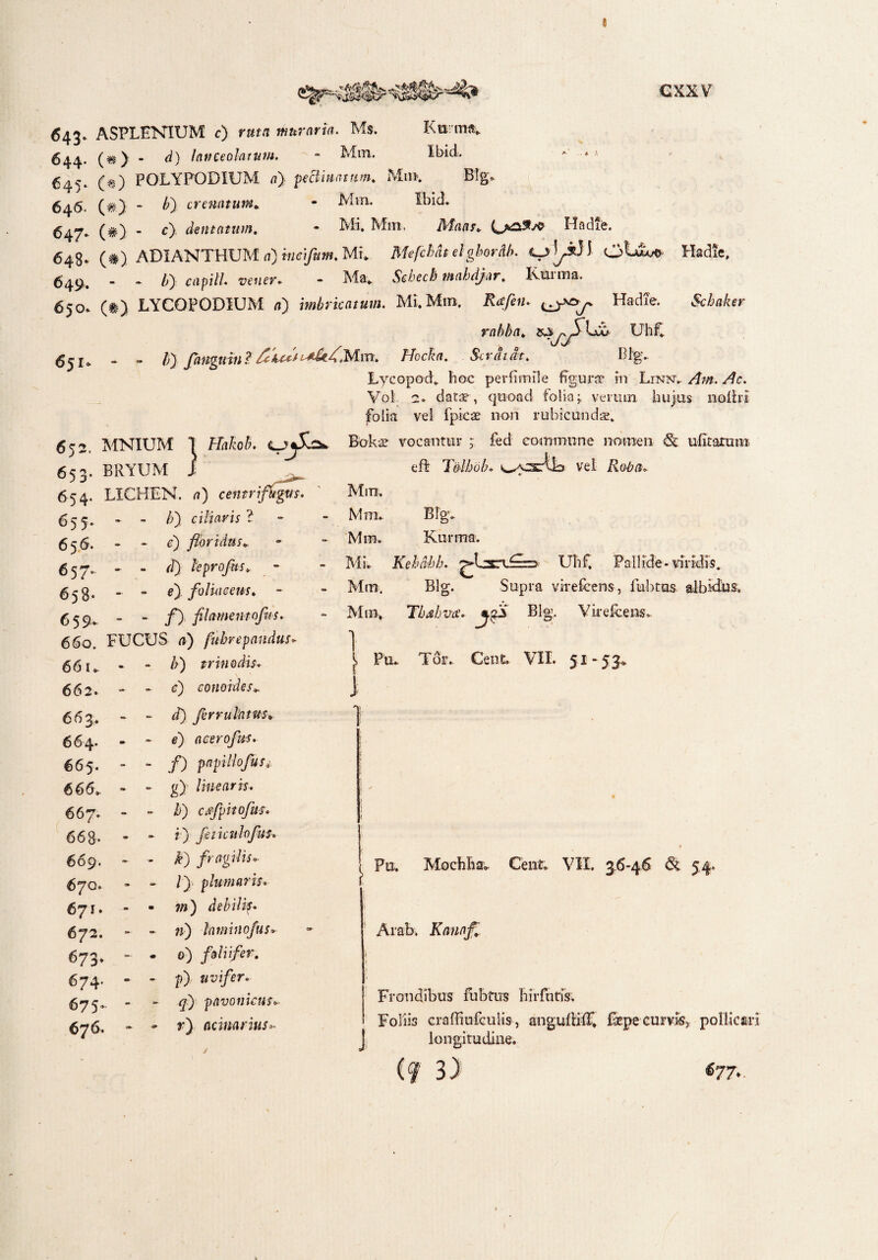 e cxxv 643. A3PLENIUM c) ruta m urar ia. M$, Kwtm* 644- (#) - d) lanceolarum. - - Mm. Ibid, A' •• 645. («0 POLYPODIUM a) pectinatam. Mm. Bigo 646. (#.} - />) cremium* * Mm. Ibid. 647. (#) . c) dentatum. - Mi. Mm. Ha die. 648^ (#) ADIANTHUM a) incflum. Mi. Mefcbdt elgbordb. Hadie, 649. - - Ij) capiti, veuer. - Ma* Scbech mahdjar. forma. 650. (*-) LYCOPODIUM a') imbricatum. Mi.Mm. Rafen. Hadie. Scbaker rabba. Uhf. 651* - - b) fanguin ? Hoc^. Serat at. BIg. Lycopod. hoc perfunde figura in Liniat. Am. Ac. Vol 2. datae , qnoad folia j verum hujus nafhl folia vel fpicae non rubicundae. Bokse vocantur ; fed commune nomen <Sc ufitamm eflr T&lbdb. vel Roba* Mm. Mm* Blg* Mm. Kurma. Mi. Kehdhh. ^4jsr\i==s Ulif, Pallide-viridis. Mm. Blg. Supra virefcens, fubtaa albidius. Mm. Tbahvxe. Blg. Vir e Icens. - , Pu. Tdr. Cent VII. 51 - 53. J 652. MNIUM I Hakoh. C-^5^ 653. BRYUM ] 654. LICHEN, a) centrifbgm. 655. 1»- /;) ciliaris ? 656. - c) floridus* 657. - . d) le proflas. 658. - e), foliaceus. 659* - y^) filamentoflis. 660. FUCUS a) fuhrepandus» 66 u - />) trinodis. 66 2. - c) conoides* 663. - - d) fer rufo tus* 664. * - i) acerofus. 665. - - jO papillofluse. 666. - - g) linearis. 667. - - i) ctffpitofus. 668. r) feiicufofus. 669. - - £) fragilis- 67 0. - ly plumaris. 671. • i») debilis. 672. ~ - ;j) fominofus*• 673. — • 0) fAii fer. 674. «* - p) uvifer. 675- - q) pavonicus*- 67^- 13*- - r) acinarius*- / \ J Fu. Mochhav Cent. VII. 3.6-46 & 54. Arab. Knnaf. Frondibus fubtus hirfotis. Foliis crafTinfculis, angufHfT. fepecurvis> pollicari longitudine. (? 3) ♦ . )