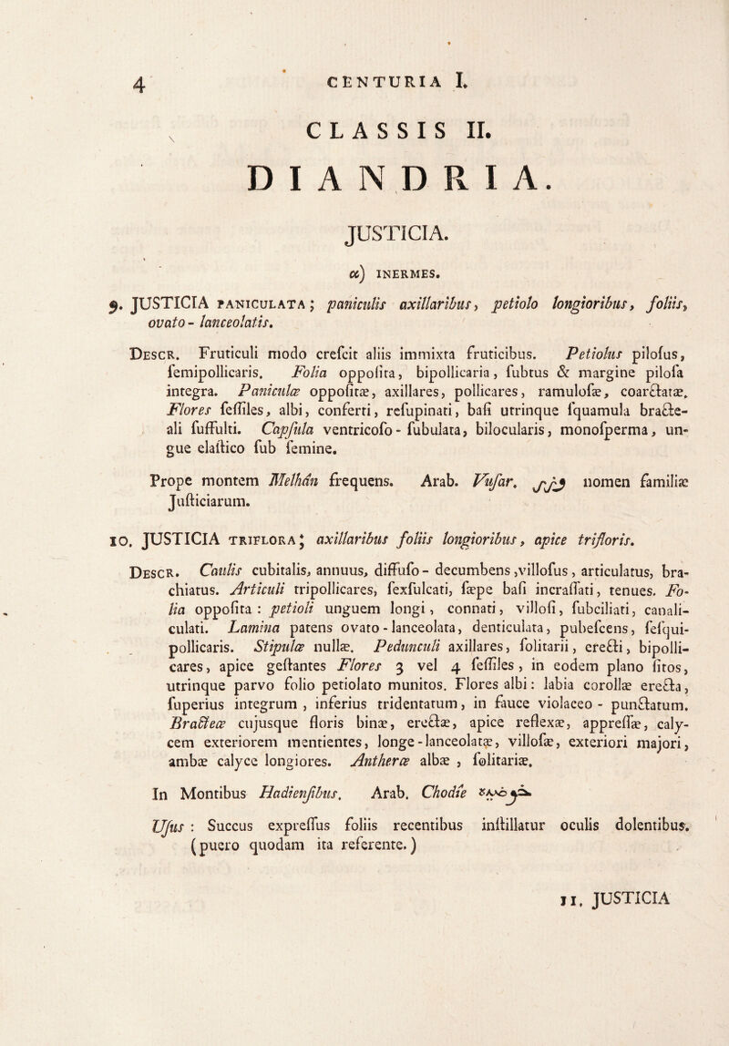 x CLASSIS II. D I A NDRIA. \ JUSTICIA. Ci) INERMES. 5. JUSTICIA paniculata ; paniculis axillaribus, petiolo longioribus9 foliis, ovato - lanceolatis. Descr. Fruticuli modo crefcit aliis immixra fruticibus. Petiolus pilofus, femipollicaris. Folia oppolita, bipollicaria , fubtus & margine pilofa integra. Paniculce oppofitae, axillares, pollicares, ramulofae, coartatae. Flores fefliles, albi, conferti, refupinati, bafi utrinque fquamula brafte- ali fuffulti. Capfula ventricofo- fubulata, bilocularis, monofperma, un¬ gue elaftico fub femine. Prope montem Melhdn frequens. Arab. Vufar. nomen familiae Jufticiarum. IO. JUSTICIA triflora * axillaribus foliis longioribus9 apice triforis. Descr. Caulis cubitalis, annuus, diffiifo- decumbens ,villofus , articulatus, bra¬ chiatus. Articuli tripollicares, fexfulcati, faepe bafi incraflati, tenues. Fo¬ lia oppofita : petioli unguem longi, connati, viJlofi, fubciliati, canali¬ culati. Lamina patens ovato - lanceolata, denticulata, pubefeens, felqui- pollicaris. Stipulce nullae. Pedunculi axillares, folitarii, cre£li, bipolli- cares, apice geflantes Flores 3 vel 4 fefliles, in eodem plano litos, utrinque parvo folio petiolato munitos. Flores albi: labia corollae ere£ta, fuperius integrum , inferius tridentatum, in fauce violaceo - punftatum. Bradtece cujusque floris binae, erectae, apice reflexae, appreffae, caly¬ cem exteriorem mentientes, longe-lanceolatae, villofae, exteriori majori, ambae calyce longiores. Antherce albae , lolitariae. In Montibus Hadienfibns. Arab. Chodie JJfus : Succus expretius foliis recentibus inflillatur oculis dolentibus, (puero quodam ita referente.)