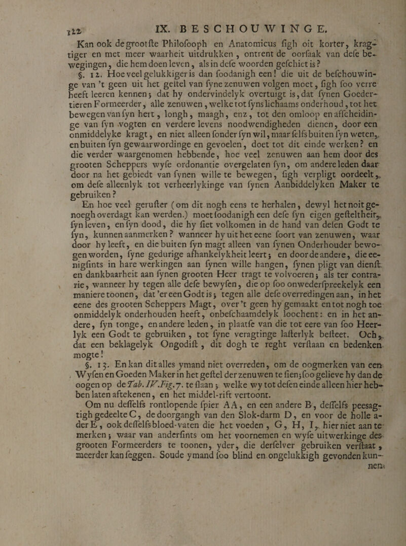 Kan ook de groot fte Philofooph en Anatomicus figh oit korter, krag» tiger en met meer waarheit uitdrukken , ontrent de oorfaak van defe be¬ wegingen, die hem doen leven, als in defe woorden gefchiet is? §. 12. Hoe veel gelukkiger is dan foodanigh een! die uit de befchouwin- ge van ’t geen uit het geitel van fyne zenuwen volgen moet, figh foo verre heeft leeren kennen; dat hy ondervindelyk overtuigt is,dat fynen Goeder¬ tieren Formeerder, alle zenuwen, welke tot fyns lichaams onderhoud, tot het bewegen van fyn hert, longh, maagh, enz, tot den omloop en affeheidin- ge van fyn vogten en verdere levens noodwendigheden dienen, dooreen onmiddelyke kragt, en niet alleen fonder fyn wil, maar felfsbuiten fyn weten,, en buiten fyn gewaar wordinge en gevoelen, doet tot dit einde werken? en die verder waargenomen hebbende, hoe veel zenuwen aan hem door des grooten Scheppers wyfe ordonantie overgelaten fyn, om andere leden daar door na het gebiedt van fynen wille te bewegen, figh verpligt oordeelt,, om defe alleenlyk tot verheerlykinge van fynen Aanbiddelyken Maker te gebruiken ? En hoe veel gerufter (om dit nogh eens te herhalen, dewyl hetnoitge- noeghoverdagt kan werden.) moet foodanigh een defe fyn eigen gcfteltheir^ fyn leven, en fyn dood, die hy fiet volkomen in de hand van defen Godt te fyn, kunnen aanmerken ? wanneer hy uit het eene foort van zenuwen, waar door hy leeft, en die buiten fyn magt alleen van fynen Onderhouder bewo¬ gen worden, fyne gedurige afhankelykheitleert; en door de andere, dieee- nigfints in hare werkingen aan fynen wille hangen, fynen pligt van dienfl. en dankbaarheit aan fynen grooten Heer tragt te volvoeren; als ter contra¬ rie, wanneer hy tegen alle defe bewyfcn, die op foo onwederfpreekelyk een maniere toonen, dat ’er een Godt is; tegen alle defe overredingen aan, in het eene des grooten Scheppers Magt, over’t geen hy gemaakt en tot nogh toe onmiddelyk onderhouden heeft, onbefchaamdelyk loochent: en in het an¬ dere, fyn tonge, en andere leden, in plaatfe van die tot eere van foo Heer- lyk een Godt te gebruiken , tot fyne veragtinge lafterlyk befieet. Och, dat een beklagelyk Ongodifl , dit dogh te reght verdaan en bedenken mogte! §. 13. En kan dit alles ymand niet overreden, om de oogmerken van een . Wyfen en Goeden Maker in het geitel der zenuwen te fien;foo gelieve hy dan de oogenop ótïab.IV'.Fig.j. teflaan; welke wy tot defen einde alleen hier heb¬ ben laten aftekenen, en het middel-rift vertoont. Om nu defielfs rontlopende fpier AA, en een andere B, defielfs peesag- tigh gedeelte C, de doorgangh van den Slok-darm D, en voor de holle a- derE, ook defielfs bloed-vaten die het voeden , G, H, I, hierniet aan te merken; waar van anderfints om het voornemen en wyfe uitwerkinge des grooten Formeerders te toonen, yder, die derfelver gebruiken verftaat, meerder kan feggen. Soude ymand foo blind en ongelukkigh gevonden kun- nem