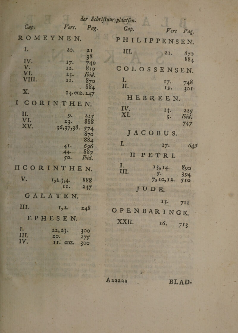 Cap. Vers. Pag. Cap. ROMEYNEN. P H I L I. 20. 21 38 iir. j' ' IV. 17- 74P V. 12. 8ip C 0 L 0 VI. \ ^3* Ibid. VIII. 11. 870 I. X. m 884 II. 14. enz. 247 H E I I CORINTHEN. II. VI. XV. p. zzy 888 i6>!7>38. f74 870 88 4 41. <SpS 44* 887 fo. II CORINTHEN. V. i,*.3,4. 11. 888 H 7 GALATEN. III- 1,2. 248 E P H E S E N. I. III. IV. 22, 23. JOO 20. 27ƒ ii. enz. 300 Pers Pag. 21. IV. XI. *7* ip. ll' 3* 870 884 748 301 22f Ibid. 747 J A C O B U S. I* 17. 540 II P E T R I. I. III. 13,14. 8po I'* 3P4 7> 10,12. fio J L D E. r3* 711 OPENBARING E. XXII. ,«J. 7I} Aaaaaa BLAD-