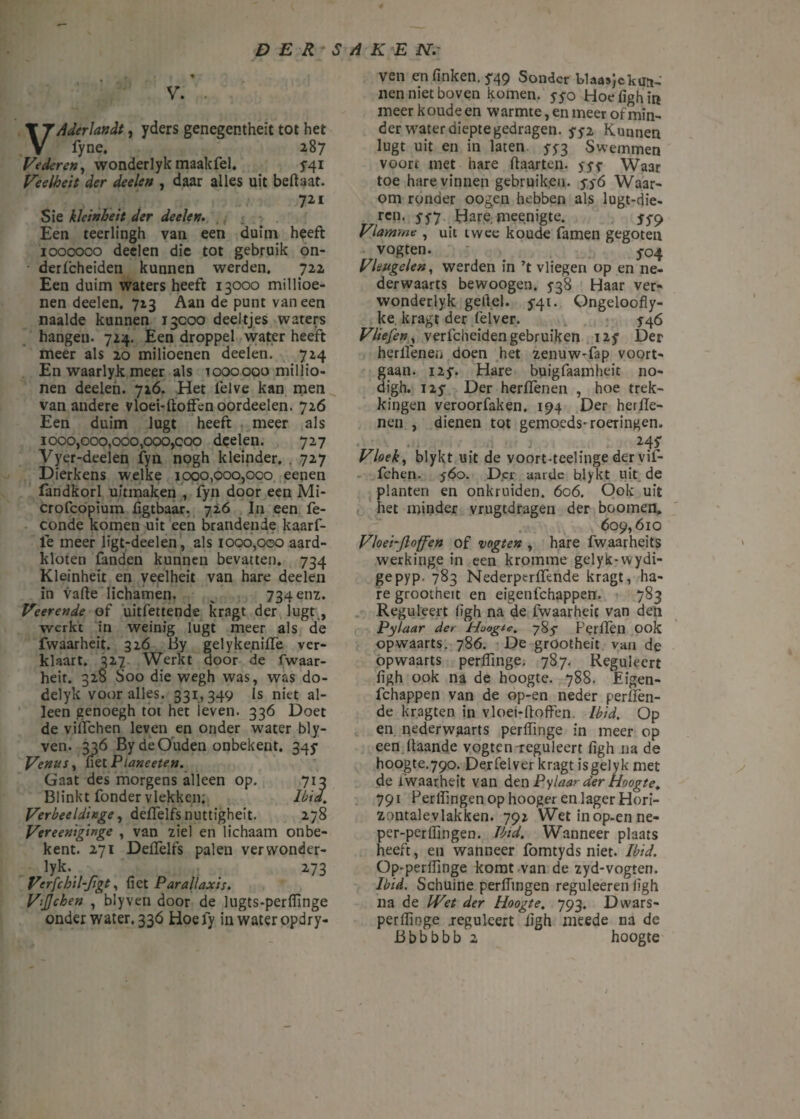• * V. . VAderlandt, yders genegentheït tot het fyne. 287 Vederen, wonderlyk maak fel, 5-41 Veelbeit der deelen , daar alles uit beftaat. ... 721 Sie kleinbeit der deelen. Een teerlingh van een duim heeft 1000000 deden die tot gebruik on- • derlcheiden kunnen werden. 722 Een duim waters heeft 13000 millioe- nen deelen. 723 Aan de punt vaneen naaide kunnen 13000 deeltjes waters hangen. 724. Een droppel water heeft meer als 20 milioenen deelen. 724 En waarlyk meer als toooooo millio- nen deelen. 716. Het lelve kan men van andere vloei-ftoffcnoordeelen. 726 Een duim lugt heeft meer als 1000,000,000,000,000 deelen. 727 Vyer-deelen fyn nogh kleinder. . 727 Dierkens welke 1000,000,000 eenen fandkorl uitmaken , fyn door een Mi- crofcopium figtbaar. 726 In een fe- conde komen uit een brandende kaarf- le meer ligt-deelen, als 1000,000 aard¬ kloten fanden kunnen bevatten. 734 Kleinheit en yeelheit van hare deelen in vafte lichamen. % 734 enz. Veerende of uitfettende kragt der lugt , werkt in weinig lugt meer als de fwaarheit. 326 iiy gelyke.nifïè ver¬ klaart. 327 Werkt door de fwaar- heit. 328 Soo die wegh was, was do- delyk voor alles. 331,349 Is niet al¬ leen genoegh tot het leven. 336 Doet de viffchen leven en onder water bly- ven. 336 By de Ouden onbekent. 345- Venus, net Pianeeten. Gaat des morgens alleen op. 713 Blinkt fonder vlekken. Ibid. Verbeeldinge, deflelfs nuttigheit. 278 Vereeniginge , van ziel en lichaam onbe¬ kent. 271 Deflèlfs palen ver wonder¬ lyk. 273 Verfchil-figt, {iet Parallaxis. ViJJchen , blyven door de lugts-perffinge onder water. 336 tioefy in water opdry- ven en linken. y49 Sondcr blaasjckua- nen niet boven komen, yyo Hoefighin meer koude en warmte, en meer of min¬ der water diepte gedragen. yy2 Kunnen lugt uit en in laten yy3 Swemmen voort met hare {taarten, yyy Waar toe hare vinnen gebruiken, yyó Waar¬ om ronder o ogen hebben als lugt-die- ren. yy7 Hare meenigte. yy9 Vlamme , uit twee koude famen gegoten vogten. 5-04 Vleugelen, werden in ’t vliegen op en ne¬ derwaarts bewoogen. 5-38 Haar ver- wonderlyk geitel. y4i. Ongeloof! y- ke kragt der felver. 546 Vliefen, verfchciden gebruiken I2y Der herllenen doen het zenuw-fap voort¬ gaan. i2y. Hare buigfaamheit no- digh. I2y Der herflenen , hoe trek¬ kingen veroorfaken. 194 Der herfïe- nen , dienen tot gemoeds- roeringen. 241 Vloek, blykt uit de voort-teelinge der vif- fchen. yóo. Der aarde blykt uit de planten en onkruiden. 6c6. Ook uit het minder vrugtdragen der boomen. 609,610 Vloei-Jloffen of vogten , hare fwaarheits werkinge in een kromme gelyk-wydi- gepyp. 783 Nederptrffende kragt, ha¬ re grootheit en eigenfchappen. 783 Reguleert ligh na de fwaarheit van den Pylaar der Huogte. 78y Perffen ook opwaarts. 786. De grootheit van de opwaarts perffinge. 787. Reguleert ligh ook na de hoogte. 788. Eigen¬ fchappen van de op-en neder perfïèn- de kragten in vloet-ftoffen Ibid. Op en nederwaarts perffinge in meer op een (taande vogten reguleert figh na de hoogte.790. Derfelver kragt isgelyk met de fwaarheit van den Pylaar der Hoogte. 791 Perffingen op hooger en lager Hori- zontalevlakken. 792 Wet in op-en ne- per-perffingen. Ibid. Wanneer plaats heeft, en wanneer fomtyds niet. Ibid. Op-perffinge komt van de zyd*vogten. Ibid. Schuine perffingen reguleeren ligh na de IVet der Hoogte. 793. Dwars- perffinge .reguleert ligh meede na de Bbbbbb 2 hoogte