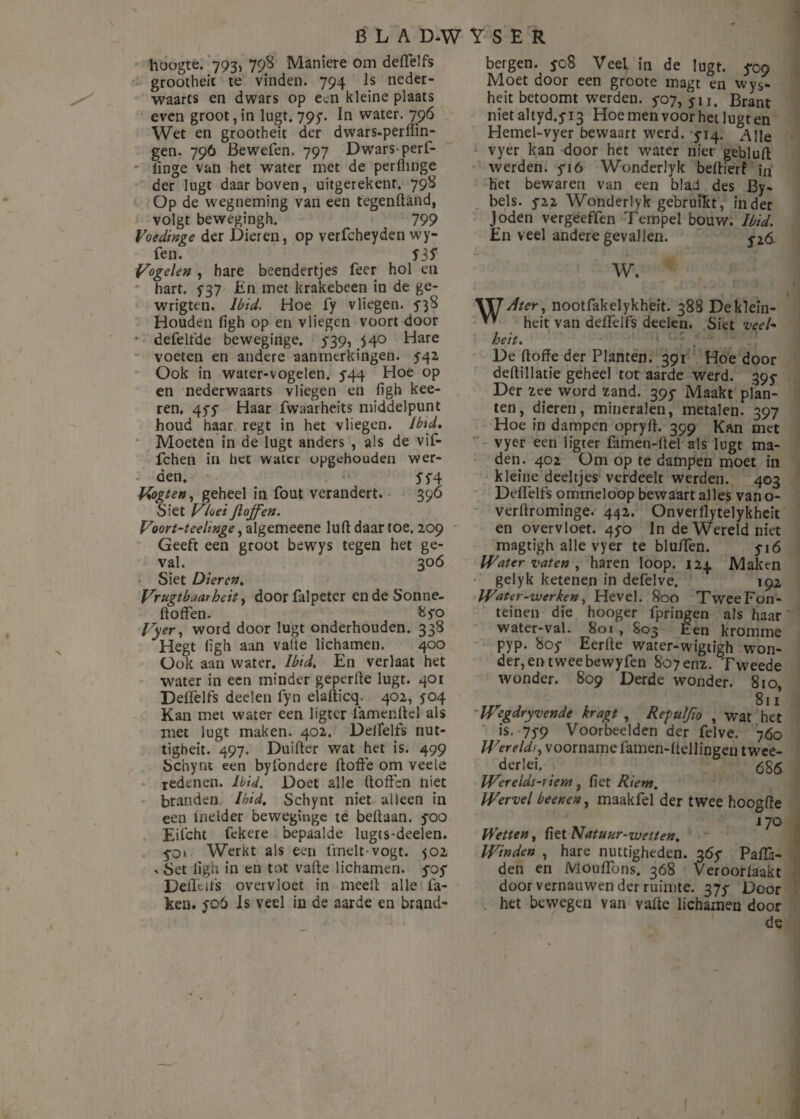 hoogte. 793, 798 Maniere om deflelfs grootheic te vinden. 794 Is neder¬ waarts en dwars op een kleine plaats even groot, in lugt. 795-. In water. 796 Wet en grootheit der dwars-perflin- gen. 796 Bewefen. 797 Dwars-perf- lïnge van het water met de perllinge der lugt daarboven, uitgerekent. 798 Op de wegneming van een tegenftand, volgt bewegingh. 799 Voedinge der Dieren, op verfcheyden wy- fen. Vogelen , hare beendertjes feer hol eii hart. f37 En met krakebeen in de ge- wrigten. lbid. Hoe fy vliegen, f38 Houden figh op en vliegen voort door • defelfide beweginge. 5-39, 540 Hare voeten en andere aanmerkingen, 542 Ook in water-vogelen. f44 Hoe op en nederwaarts vliegen en figh kee- ren, 45$ Haar fwaarheits middelpunt houd haar regt in het vliegen, lbid. Moeten in de lugt anders , als de vif- fchen in het water opgehouden wer¬ den, Vogten, geheel in fout verandert. 396 Siet Vloei floffen. Voort-teelmge, algemeene luft daar toe. 209 Geeft een groot bewys tegen het ge¬ val. 306 Siet Dieren. Vrugtb aar heit, doorfalpeter endeSonne- ftoffen. 8*0 Vyer, word door lugt onderhouden. 338 Hegt figh aan vatte lichamen. 400 Ook aan water. lbid. En verlaat het water in een minder geperfte lugt. 401 Deflelfs deelen fyn elaftieq. 402, 304 Kan met water een ligter famenftel als met lugt maken. 402. Deflelfs nut- tigheit. 497. Duifter wat het is. 499 Schynt een byfondere ftofte om veele redenen, lbid. Doet alle doften niet branden lbid, Schynt niet alleen in een melder beweginge te beftaan. yoo Eifcht fekere bepaalde lugts-deelen. 5-0» Werkt als een lïnelt-vogt. 502 , Set figh in en tot vafte lichamen. fo$ Deficits overvloet in meeft alle fa¬ ken. yoö Is veel in de aarde en brand- bergen. $08 Veel in de lugt. ^09 Moet door een groote magt en wys- heit betoomt werden. 5-07, yu, Brant niet altyd. ƒ 13 Hoe men voor het lugt en Hemel-vyer bewaart werd. 5-14. Alle vyer kan door het water niet gebluft werden, yió Wonderlyk bedierf in het bewaren van een blad des By- bels. 522 Wonderlyk gebruikt, in der Joden vergeeffen Tempel bouw. lbid. En veel andere gevallen. j2<$. W. yXT Jter, nootfakelykheit. 38S Deklein- ™ heit van deflelfs deelen. Siet veel* heit. De ftoffe der Planten. 391 Hoe door deftillatie geheel tot aarde werd. 395- Der zee word zand. 395- Maakt plan¬ ten, dieren, mineralen, metalen. 397 Hoe in dampen opryft. 399 Kan met vyer een ligter famen-ftel als lugt ma¬ den. 402 Om op te dampen moet in kleine deeltjes verdeelt werden. 403 Deflelfs ommeloop bewaart alles vano- verftrominge. 442. Onverflytelykheit en overvloet. 43-0 In de Wereld niet magtigh alle vyer te bluften. yió Wat er vaten , haren loop. 124 Maken gelyk ketenen in defelve. 192 Water-werken, Hevel. 800 Twee Fon¬ teinen die hooger fpringen als haar water-val. 801 , 803 Een kromme pyp. 8oy Eerfte water-wigtigh won¬ der, en twee bewyfen 807 enz. Tweede wonder. 809 Derde wonder. 810, 811 'Wegdryvende kragt , Repuljïo , wat het is. 75-9 Voorbeelden der felve. 760 Werelds, voorname lamen-ftellingen twee- derlei. 686 Werelds-tiem, fiet Riem. Wervel beer,en, maakfel der twee hoogfte 170 Wetten, ftztNatuur-weiten. Winden , hare nuttigheden. 36y Pafla- den en Mouflbns. 368 Veroorlaakt door vernauwen der ruimte. 37y Door het bewegen van vafte lichamen door de