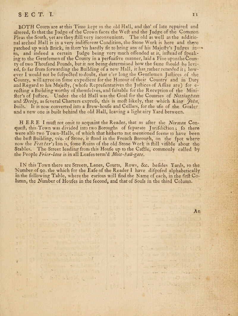 BOTH Courts are at this Time kept m the old Hall, and tho’ of late repaired and altered, fo that the Judge of the Crown faces the Weft and the Judge of the Common Pleas the South, yet are they ftill very inconvenient. The old as well as the additio¬ nal arched Hall is in a very indifferent Condition, the Stone Work is here and there patched up with Brick, in Ihort’tis hardly ht to bring any of his Majefty’s Judges in- to, and indeed a certain Judge being very much offended at it, inftead of fpeak- ing to the Gentlemen of the County in a perfualive manner, laid a Fine uponthe Coun¬ ty of two Thoufand Pounds, but it not being determined how the fame Ihould be le vi¬ ed, fo far from forwarding the Building of a nev/ Hall, it has rather retarded it j how¬ ever I would not be fufpefted to doubt, that e’er long the Gentlemen Juftices of the County, will agree on fome expedient for the Honour of their Country and in Duty and Regard to his Majefty, (whofe Reprefentatives the Juftices of Aftize are) for e- redfing a Building worthy of themfelves, and fuitable for the Reception of the Mini- fter’s of Juftice. Under the old Hall was the Goal for the Counties of Nottingham and feveral Charters exprefs, this is moft likely, that which King John^ built. It is now converted into a Brew-houfe and Cellars, for the ufe of the Goal^r and a new one is built behind the old Hall, leaving a light airy Yard between. HERE I muft not omit to acquaint the Reader, that as after the Norman Con- queft, this‘Town was divided into two Boroughs of feparate Jurifdiiftion ; fo there were alfo two Town-Halls, of which that hitherto not mentioned feems to have been the heft Building, ^iz. of Stone, it ftood in the French Borough, on the fpot where now the Feather''is, fome Ruins of the old Stone Work is ftill vifible about the Stables. The Street leading from this Houfe up to the Caftle, commonly called by the People Frier-lane is in all Leafes term’d Moot-hall-gate, IN this Town there are Streets, Lanes, Courts, Rows, &c. behdes Yards, to the Number of 90. the which for the Eafe of the Reader I have difpofed alphabetically in the following Table, where the curious will find the Name of each, in the firft Co¬ lumn, the Number of Houfes in the fecond, and that of Souls in the third Column. An