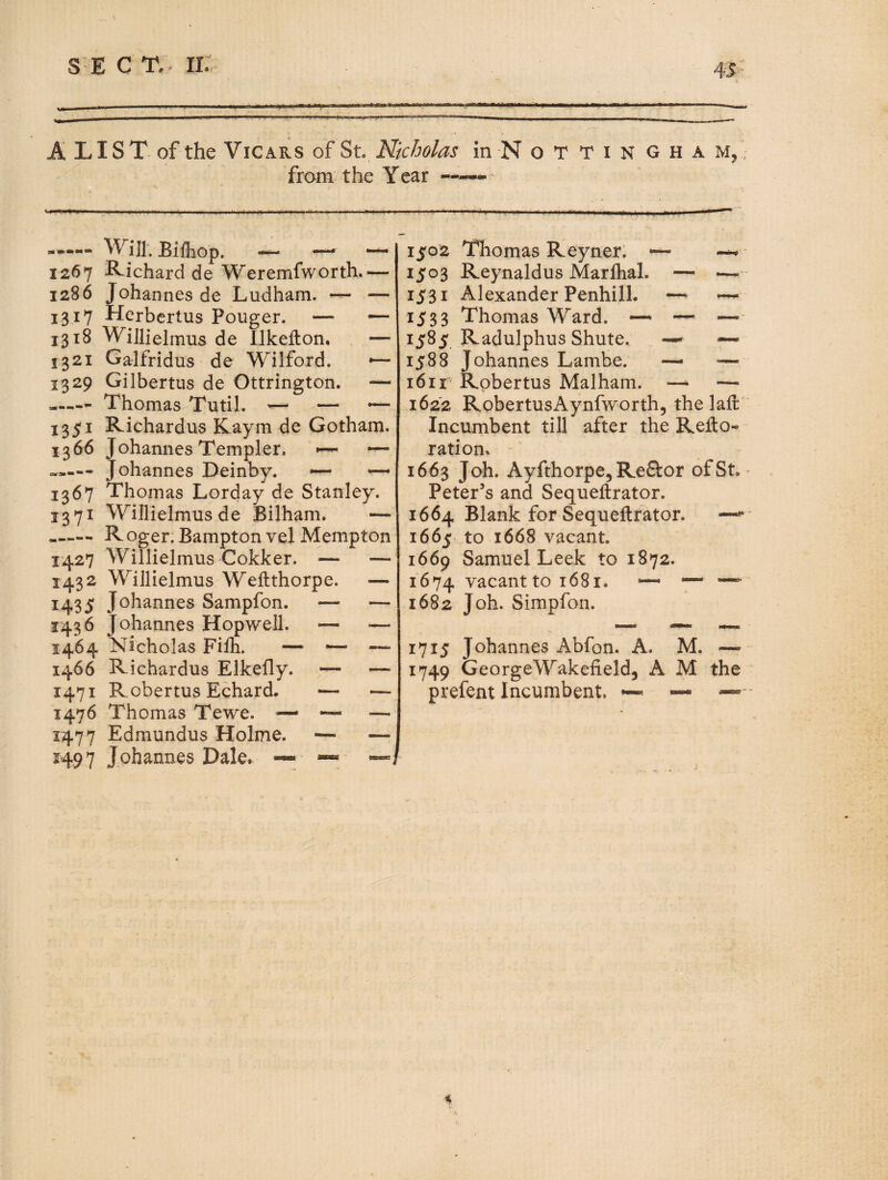 A LIS T of the Vicars of St. Nicholas in N o T T i N g h a m, from the Year —~ 1267 1286 1317 1318 1321 1329 1351 1366 1367 137^ «■■•••*• ** 1427 1432 1435 1436 1464 1466 1471 1476 1477 Will'. Eifhop. ^ — — Richard de Weremfworth.— Johannes de Ludham. — — Herbertus Pouger. — — Willielmus de llkefton. — Cjalfridus de Wilford. Gilbertus de Ottrington. — Thomas Tutil. — — ~ Richardus Kaym de Gotham. Johannes Templer. — Johannes Deinby. —- — Thomas Lord ay de Stanley. Willielmus de Bilham. — Roger. Bampton vel Mempton Willielmus Cokker. — — Willielmus Weftthorpe. — Johannes Sampfon. — — Johannes Hopwell. — «— Nicholas Fifh. — ^ ^ Richardus Elkefly. — — Robertus Echard. '— — Thomas Tewe. — — — Edmundus Holme. —■ — Johannes Dale. ~ 1502 Thomas Reyner: 1503 Reynaldus Marflial. ~ — 1531 Alexander Penhill. — 1533 Thomas Ward. ~ — — 1585 Radulphus Shute. — 1588 Johannes Lambe. — —■ 1611 Robertus Malham. —^ ~ 1622 RobertusAynfworth, the laft Incumbent till after the Refto- ration* - 1663 Joh. Ayfthorpe, Refl:or of St. Peter’s and Sequeftrator. 1664 Blank for Sequeftrator. —** 1665. to 1668 vacant. 1669 Samuel Leek to 1872. 1674 vacant to 1681. — — — 1682 Joh. Simpfon, 1715 Johannes Abfon. A. M. —> 1749 GeorgeWakefield, A M the prefent Incumbent. —« —