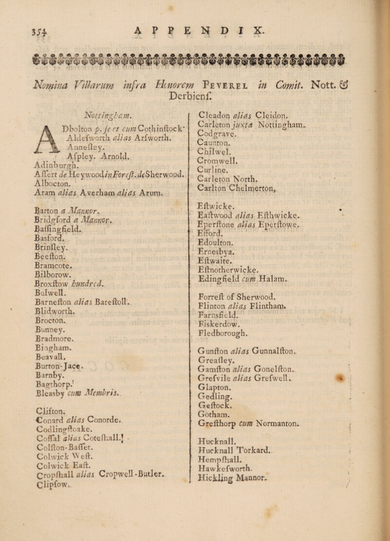 Nomina ViUarum infra Honorem Feverel in Comit. Nott Derbienf. r\ ‘Nottingham. r * ^ Jk Dboiton f. Je et cum Cotliinftock* / % Aldefwortli alias Arfwqrth. Anneiley. Afpley. Arnold. Adinbiirgh. AfTert de liey\voodinForcft..deSh^vw,ood... Albocton. Aram Averham alias Arimio Barton a Mannor. Bridgford a Manner Ballinglield.. Basford. Briniley, Beeflon, Bramcote. Bilborow. Broxftow hundred. Bui well. Barnefton alias Barellolt. Blidworth. Brocton. Burrney. Eradmore. Eiagham. BeavalL Burton-Jace. Barnby. Bagtborp.^ Bleasby cum Memhris.. Clifton. Conard alias Conorde, Codlinord:oake. CoiTal alias CotelhalL] • Colfcon-Baffet. Colwick Well. Colwick Eafl:. Croplhall alias Cropwell-Bwt.ler» Clipfow.. Cleadon alias Cleidon. Carleton ju;t:ta Nottingham, Codgrave. Cauntpn. Chilwel. Cromwell. Cnrline. Carleton North. Carlton Chelmerton,, Ellwicke. Eaftwood alias Efthwicke. EperBone alias Eperftowe*-. Efford.' Edoulton. Ernesbya. Eftwaite, Eflnotherwicke. Edingfield cum Halam, Forrefl of Sherwood. Flinton alias Flintham* Farnsdeld. Fiskerdow. Fledboroiigh. GunBon alias GunnalRon, Greafley. Gamfton alias GonelRon^ Grefvile alias GrefwelU Glaptoii. Gedling. Geftock, Gotham. Grelthorp Cum Normanton. Hucknall, Hucknall Torkard^. Hemp/halL Hawkefworth. Hickling Mannor,