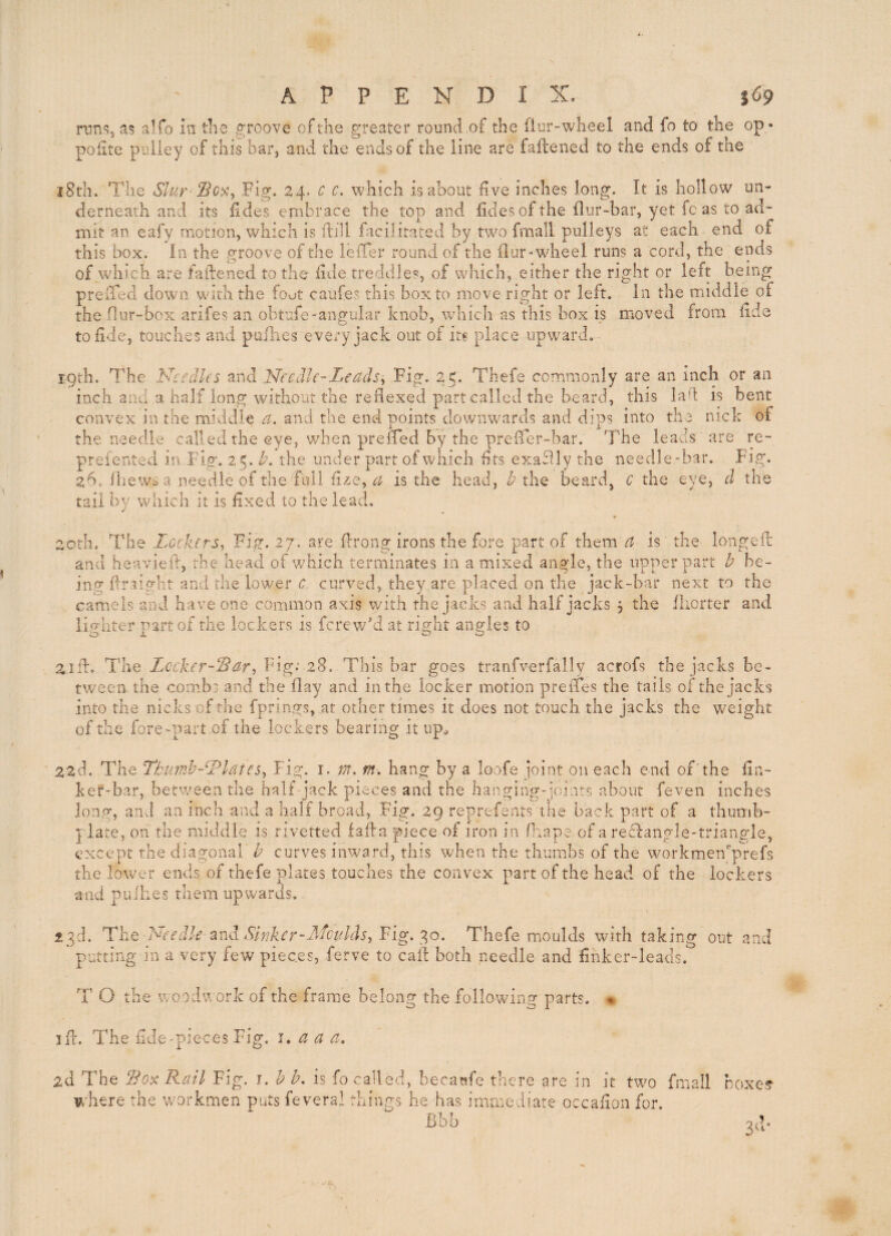 rDnSj as alfo in the groove of the greater round of the fiur-wheel and fo to the op« polite pulley of this bar, and the ends of the line are faftened to the ends of the i8th. The Slur-Sc^y Fig. 24. c c. which is about five inches long. It is hollow un» derneaih and its lides embrace the top and tides of the flur-bar, yet fc as to ad¬ mit an eafy motion, which is itill facilitated by two fraall pulleys at each end of this box. in the groove of the leiTer round of the ilur- wheel runs a cord, the ends of which are faftened to the fide treddles, of which, either the right or left being preiTed down with the fout caufes this box to move right or left. In the middle of the flur-box arifes an obtnfe-angular knob, which as this box is moved from fide to fide, touches and puilies evcx-yjack out of its place upward. r9th. The Needles and Needle-Leads-^ Fig. 2C. Thefe commonly are an inch or an inch and a half long without the reflexed part called the beard, this laft is bent convex in the middle a. and the end points downwards and dips into the nick of the needle called the eye, when prelTed by the prefler-bar. The leads are re- prefented in Fis*. 2,^. b. the under part of which fits exaSlly the needle-bar. Fig. 26. Ibews a needle of the'full fize, (3^ is the head, ^ the beard, c the eye, d the tail by which it is fixed to the lead. 20th. The Lcckers, Fig. 27. are ftrong irons the fore part of themT? is the iongeft and heavieft, the head of which terminates in a mixed angle, the upper part b be¬ ing ftraight and the lower c curved, they are placed on the jack-bar next to the camels and have one common axis with the jacks and half jacks j the Ihorter and li.fyhter nartof the lockers is ferew'd at right angles to ox 00 ift. The LcckerSar, Fig; 28. This bar goes tranfverfally acrofs the jacks be¬ tween the combs and the flay and in the locker motion preiTes the tails of the jacks into the nicks of the fpnngs, at other times it does not touch the jacks the weight of the fore-part of the lockers bearing it up^ 22d. The Thumb-Plates^ Fig. i. m. m. hang by a loofe joint on each end of 'the fin- kef-bar, between the half jack pieces and the hanging-joints about feven inches long, and an inch and a half broad, Fig. 29 reprefents the back part of a thumb- ylate, on the middle is rivetted fafta piece of iron in fliape of a redlanp-le-triangle, except the diagonal b curves inward, this when the thumbs of the workmepprefs the lower ends of thefe plates touches the convex part of the head of the lockers and pulhes them upwards. The Needle-^nd Slnker-Nculds^ Fig. Thefe moulds with taking out and putting in a very few pieces, ferve to caft both needle and flnker-leads. T O the v/oodwork of the frame belong the following parts, » sfl. The fide-pieces Fig. i. a a a. 2d The 2dox B^ail Fig. i. b h, is fo called, becaufe there are in it two fi where the vrorkmen puts feveral things he has immediate occaflon for. Bbb all noxes^ 3‘’-