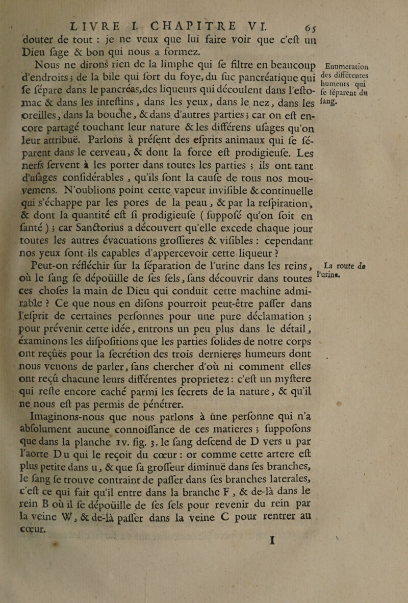 douter de tout : je ne veux que lui faire voir que c’eft un Dieu fage 6c bon qui nous a formez. Nous ne dirons rien de la limphe qui fe filtre en beaucoup Enumération d’endroits; de la bile qui fort du foye, du fuc pancréatique qui d^ereme.s fe fépaue dans le pancréas,des liqueurs qui découlent dans l’efto- feTpa^da mac 6c dans les inteftins, dans les yeux, dans le nez, dans les laoS- oreilles, dans la bouche, 6c dans d’autres parties, car on eft en¬ core partagé touchant leur nature 6c les différens ufages qu’on leur attribue. Parlons à préfent des efprits animaux qui fe fé- parent dans le cerveau, 6c dont la force eft prodigieufe. Les nerfs fervent à les porter dans toutes les parties ? ils ont tant d’ufages considérables , qu’ils font la caufe de tous nos mou- vemens. N’oublions point cette vapeur invifible & continuelle qui s’échappe par les pores de la peau , 6c par la refpiration, 6c dont la quantité eft fi prodigieufe ( fuppofé qu’on foit en fanté ) ; car San&orius a découvert quelle excede chaque jour toutes les autres évacuations groftieres 6c vifîbles : cependant nos yeux font-ils capables d’appercevoir cette liqueur ? Peut-on réfléchir fur la féparation de l’urine dans les reins, La route da où le fang fe dépoüille de fes fels, fans découvrir dans toutes 1 urin*‘ ces chofes la main de Dieu qui conduit cette machine admi¬ rable ? Ce que nous en difons pourroit peut-être pafler dans f.efprit de certaines perfonnes pour une pure déclamation 5 pour prévenir, cette idée, entrons un peu plus dans le détail, examinons les difpofitions que les parties folides de notre corps ont reçues pour la fecrétion des trois dernieres humeurs dont nous venons de parler, fans chercher d’où ni comment elles ont reçu chacune leurs différentes proprietez : c’eft un myftere qui refte encore caché parmi les fecrets de la nature, 6c qu’il ne nous eft pas permis de pénétrer. Imaginons-nous que nous parlons à une perfonne qui n’a abfolument aucune connoiflance de ces matières 5 fuppofons que dans la planche iv. fig. 3. le fang defcend de D vers u par l’aorte D u qui le reçoit du cœur : or comme cette artere eft plus petite dans u, 6c que fa groffeur diminue dans fes branches, le fang fe trouve contraint de pafler dans fes branches latérales, c’eft ce qui fait qu’il entre dans la branche F , 6c de-là dans le rein B où il fe dépoüille de fes fels pour revenir du rein par la veine W, 6c de-lâ pafler dans la veine C pour rentrer au cœur. I V