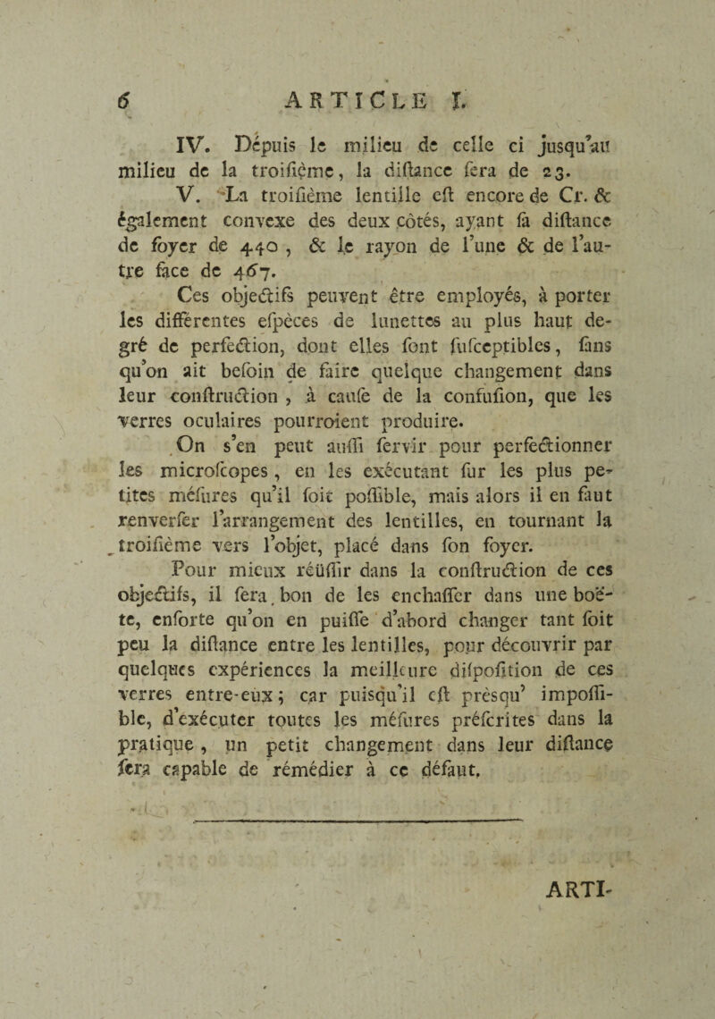 IV. Depuis le milieu de celle ci jusqu’au milieu de la troifiçmc, la diftance fera de 23. V. La troifième lentille cft encore de Cr.dc également convexe des deux côtés, ayant fa diftance de foyer de 440 , & le rayon de l’une & de l’au¬ tre face de 467. Ces objectifs peuvent être employés, à portel¬ les différentes efpèces de lunettes au plus haut de¬ gré de perfe&ion, dont elles font fufceptibles, fans qu’on ait befoin de faire quelque changement dans leur conftrudion , à cauiè de la confufion, que les verres oculaires pourroient produire. On s’en peut auffi fervir pour perfèdionncr les microfcopes, en les exécutant fur les plus pe¬ tites méfures qu’il foit poftible, mais alors il en faut renverfer 1 arrangement des lentilles, en tournant la troifième vers l’olyet, placé dans fon foyer. Pour mieux réüftir dans la conftrudion de ces objectifs, il fera, bon de les enchafîcr dans une bo'é- te, enforte qu’on en puifte d’abord changer tant foit peu la diftance entre les lentilles, pour découvrir par quelques expériences la meilleure dbpofition de ces verres entre-eux; car puisqu’il cft prèsqu’ impofti- ble, d’exécuter toutes les méfures préferites dans la pratique, un petit changement dans leur diftance fera capable de rémédier à ce défaut, -il , • * ' c ' • j \ ARTI'