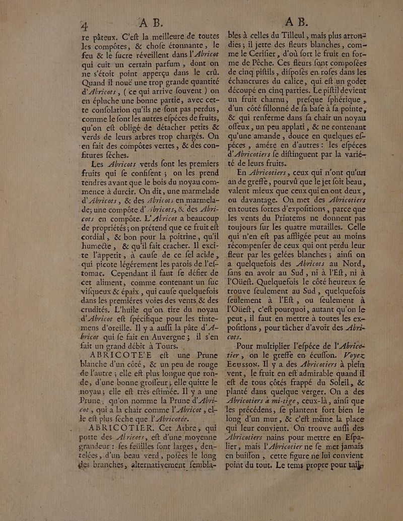 re pâteux. C’eft la meilleure de toutes les compôtes, & chofe étonnante, le feu & le fucre réveillent dans lAbricos qui cuit un certain parfum , dont on ne s'étoit point apperçu dans le crû. Quand ik nouë une trop grande quantité d’Abricots , ( ce qui arrive fouvent ) on en épluche une bonne partie, avec cet- te confolation qu'ils ne-font pas perdus, comme le font les autres efpéces de fruits, qu'on eft obligé de détacher petits & verds de leurs arbres trop chargés. On “en fait des compôtes vertes, & des con- fitures féches. Les Abricots verds font les premiers fruits qui fe confifent ; on les prend ‘tendres avant que le bois du noyau com- mence à durcir. On dit, une marmelade d'Abricots, & des Abricots en marmela- de; une compôte d’#bricots, & des Abri- cots en compôte. L’Abricot a beaucoup -de propriétés ; on prétend que ce fruit eft cordial, & bon pour la poitrine, qu'il humecte, & qu'il fait cracher. Il exci- te l’appetit, à caufe. de ce fel acide, qui picote légérement les parois de l’'ef- tomac. Cependant il faut fe défier de vifqueux & épaix , qui caufe quelquefois dans les premiéres voies des vents, & des crudités. L’huite qu'on tire du noyau d’Abricot eft fpécifique pour les tinte- ‘mens d'oreille. Il y a auffi la pâte d’_4- bricot qui fe fait en Auvergne; il s'en fait un grand débit à Tours. . ABRICOTE'E eft une Prune blanche d’un côté, & un peu de rouge de l'autre ; elle eft plus longue que ron- de, d'une bonne groffeur ; elle quitte le noyau; elle eft très-eftimée. Il y a une Prune, qu’on nomme la Prune d’_4bri- cot ; qui a la chair comme l_4bricot , el le eft plus féche que l'Abricotée. | ::ABRICOTIER. Cet Arbre, qui porte des. Alricots, eft d’une moyenne celées , d’un beau verd, polées le long ges branches, alcernativement fembla- bles à celles du Tilleul , mais plus atron dies ; il jette des fleurs blanches, com- me le Cerifier , d’où fort le fruit en for- me de Pêche. Ces fleurs font compofées de cinq piftils , difpofés en.rofes dans les échancrures du calice, qui eft.un godet découpé en cinq parties. Le piftitdevient un fruit charnu, prefque fphérique , d'un côté fillonné de fa bafe à fa pointe, & qui renferme dans fa chair un noyau offeux , un peu applati, & ne contenant qu’une amande , douce en quelques ef péces , amére en d’autres: les efpéces d'Abricotiers {e diftinguent par la varié En Æbricotiers , ceux qui n'ont qu'un an de greffe, pourvüû que le jet foit beau, valent mieux que ceux quienont deux, ou davantage. On met des Abricotiers en toutes fortes d’expofitions , parce que les vents du Printems ne donnent pas toujours fur les quatre murailles. Celle qui n’en eft pas affligée peut au moins récompenfer de ceux qui ont perdu leur a quelquefois des Abricots au Nord, fans en avoir au Sud , ni à l’'Ef, ni à lOüeft. Quelquefois le côté heureux fe feulement à lEft, ou feulement à l'Oïüeft, c’eft pourquoi, autant qu’on le peut , il faut en mettre à toutes les ex pofitions ; pour tâcher d’avoir des Abri Cofs. ’ : ' Pour multiplier l’efpèce de l_Abrico: tier, on le greffe en écuflon. Voyez Eeusson. Il y a des Æbricotiers à plein Abricotiers à mi-tige, ceux-là, ainfi que les précédens, fe plantent fort bien le long d’un mur, & c’eft même la place qui leur convient. On: trouve aufli des Abricetiers nains pour mettre en Efpa- lier, mais l'Abricotier ne (e met jamais en buïflon ; cette figure ne lui convient point du tour, Le tems propre pour tail