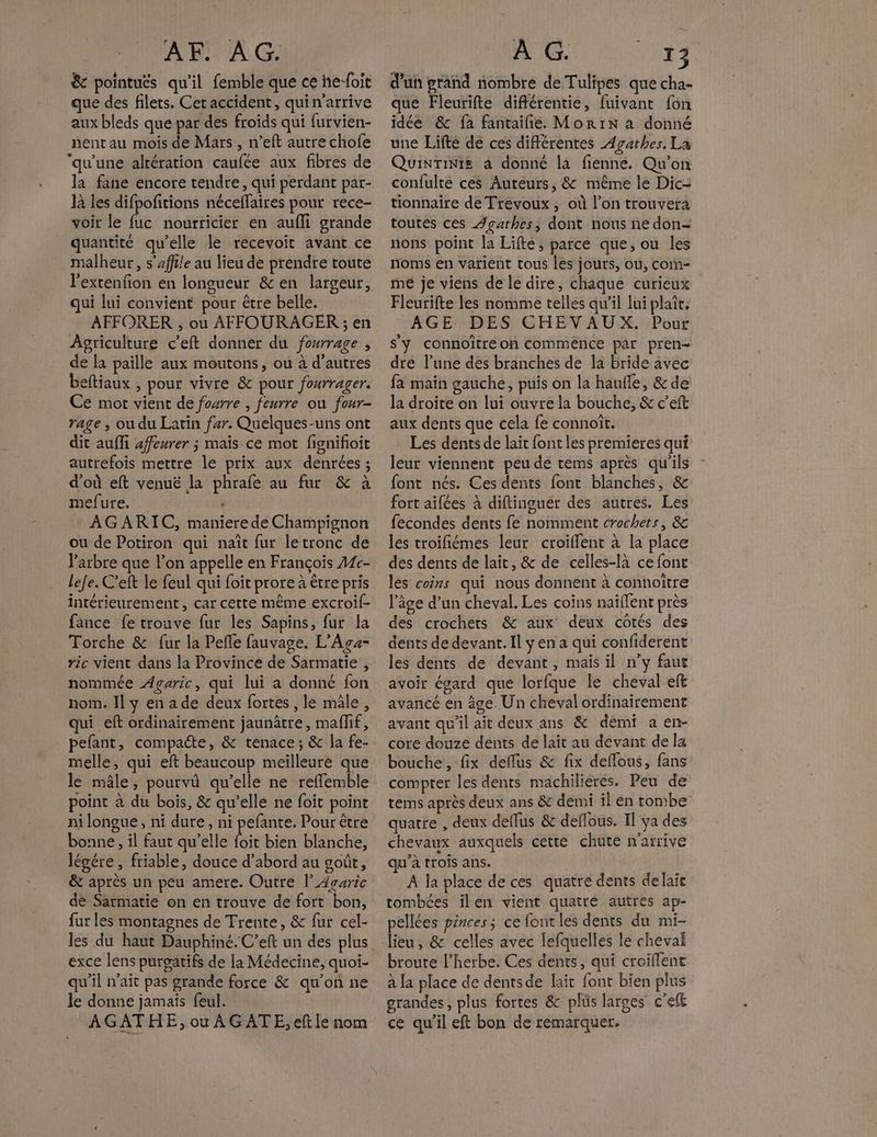 AF. AG. & pointuës qu'il femble que ce he-foit que des filets. Cet accident, quin’arrive aux bleds que par des froïds qui furvien- nentau mois de Mars, n’eft autre chofe ‘qu'une alrération caufée aux fibres de la fane encore tendre, qui perdant pat- là les difpofitions néceffaires pour rece- voir le fuc nourricier en aufli grande quantité qu’elle le recevoit avant ce malheur, s'affile au lieu de prendre toute l'extenfion en longueur & en largeur, qui lui convient pour être belle. AFFORER , ou AFFOURAGER ; en Agriculture c’eft donner du fourrage , de la paille aux moutons, ou à d’autres beftiaux , pour vivre & pour fourrager. Ce mot vient de foarre , feurre ou four- rage , ou du Latin fzr. Quelques -uns ont dit auffi 4ffeurer ; mais ce mot fisnifioit autrefois mettre le prix aux denrées ; d'où eft venuë la phrafe au fur & à mefure. AGARIC, maniere de Champignon ou de Potiron qui naît fur letronc de l'arbre que l’on appelle en François A1c- lefe. C’eft le feul qui foît prore à être pris intérieurement, car cette même excroif- fance fe trouve fur les Sapins, fur la Torche & fur la Pefle fauvage. L’Aza- ric vient dans la Province de Sarmatie , nommée Agaric, qui lui a donné fon nom. Il y en a de deux fortes , le mâle, qui eft ordinairement jaunâtre, maflif, pefant, compacte, & tenace; & la fe- melle, qui eft beaucoup meilleure que le mâle, pourvü qu’elle ne reffemble point à du bois, & qu’elle ne foit point ni longue, ni dure, ni pefante. Pour être bonne, il faut qu’elle foit bien blanche, légére, friable, douce d’abord au goût, & après un peu amere. Outre l’Agaric dé Sarmatie on en trouve de fort bon, fur les montagnes de Trente, & fur cel- les du haut Dauphiné. C’eft un des plus exce lens purgatifs de la Médecine, quoi- qu'il n'ait pas grande force & qu'on ne le donne jamais feul. AGATHE, ou À GATE, eft le nom À G. 13 d'un grand nombre de Tulipes que cha- que Fleurifte différentie, fuivant fon idée & fa fantaifie. Morin a donné une Lifté de ces différentes Agathes. La QuinTiNIs a donné la fienne. Qu'on confulte ces Auteurs, & même le Dic- tionnaïre de Trevoux, où l’on trouvera toutes ces Agathes, dont nous ne don- nons point la Lifte, parce que, ou les noms en varient tous Les jours, ou, coin- mé je viens de le dire, chaque curieux Fleurifte les nomme telles qu’il lui plaît: AGE DES CHEVAUX. Pour s'y connoître on commence par pren dre l’une des branches de la bride avec fa main gauche, puis on la haufle, &de la droite on lui ouvre la bouche, & c’eft aux dents que cela fe connoïît. Les dents de lait font les premieres qui leur viennent peu de tems après qu'ils : font nés. Ces dents font blanches, & fort aïfées à diftinguer des autres. Les fecondes dents fe nomment crochets, & les troifiémes leur croiffent à la place des dents de lait, & de celles-là ce font les coins qui nous donnent à connoître l’âge d’un cheval. Les coins naïflent près des crochets & aux deux cotés des dents de devant. Il yen a qui confiderent les dents de devant, mais il n’y faut avoir égard que lorfque le cheval eft avancé en âge. Un cheval ordinairement avant qu'il ait deux ans & démi a en- core douze dents de lait au devant de la bouche, fix deflus & fix deflous, fans compter les dents machilieres. Peu de tems après deux ans & demi il en tombe quatre , deux dellus & deflous. Il ÿa des chevaux auxquels cette chute n'arrive qu’à trois ans. A la place de ces quatre dents delaït tombées ilen vient quatre autres ap- ellées pinces; ce font les dents du mi- lieu, & celles avec lefquelles le cheval broute l’herbe. Ces dents, qui croiflent à la place de dentsde lait font bien plus grandes, plus fortes & plüs larges c'eft ce qu'il eft bon de remarquer.