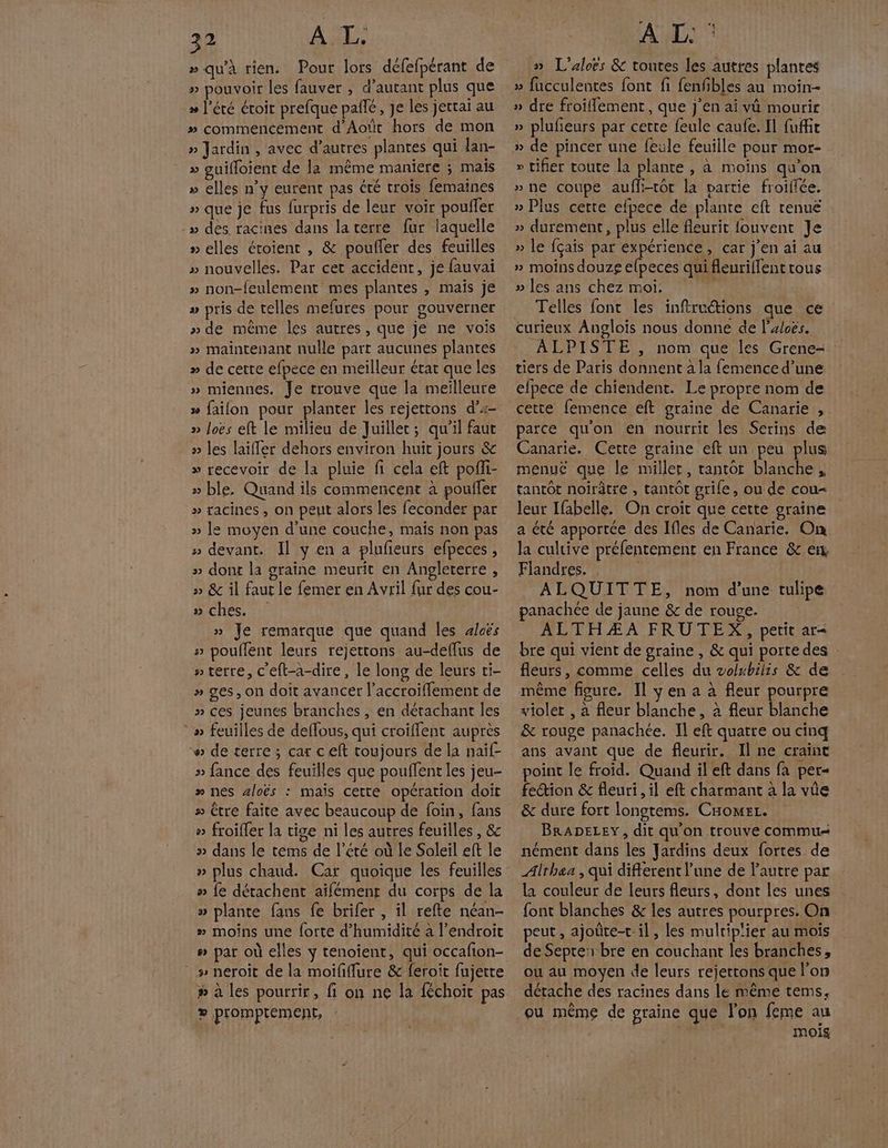 » qu'à rien. Pour lors défefpérant de » pouvoir les fauver , d'autant plus que » l'été éroit prefque pale, Je les jertai au # commencement d'Août hors de mon » Jardin , avec d’autres plantes qui lan- » guifloient de la même maniere ; mais » elles n’y eurent pas été trois femaines » que je fus furpris de leur voir pouffer -» des racines dans laterre fur laquelle » elles étoient , &amp; poufler des feuilles » nouvelles. Par cet accident, je fauvai » non-feulement mes plantes , mais je » pris de telles mefures pour gouverner » de même les autres, que je ne vois » maintenant nulle part aucunes plantes » de cette efpece en meilleur état que les » miennes. Je trouve que la meilleure » faifon pour planter les rejettons d’+- » loës eft le milieu de Juillec; qu'il faut » les laiffer dehors environ huit jours &amp; » recevoir de la pluie fi cela eft pofi- » ble, Quand ils commencent à poulfer » racines, on peut alors les feconder par » le moyen d’une couche, mais non pas » devant. Il y en a plufieurs efpeces, » dont la graine meurit en Angleterre , » &amp; il faut le femer en Avril fur des cou- » ches. » Je remarque que quand Îles 4loës 5 poullent leurs rejettons au-deflus de » terre, c'eft-a-dire, le long de leurs ti- » ges, on doit avancer l’accroiffement de » ces jeunes branches, en dérachant les * » feuilles de deffous, qui croïflent auprès » de terre ; car ceft toujours de la naif- » fance des feuilles que pouffent les jeu- » nes gloës : mais cette opération doit > être faite avec beaucoup de foin, fans » froiffer la tige ni les autres feuilles , &amp; » dans le tems de l’été où le Soleil eft le » plus chaud. Car quoique les feuilles » fe détachent affément du corps de la » plante fans fe brifer , il refte néan- » moins une forte d'humidité à l'endroit # par où elles y tenoïent, qui occafion- # neroît de la moififlure &amp; feroit fujette » à les pourrir, fi on ne la féchoït pas » promptement, À L: : » L'aloës &amp; toutes les autres plantes » dre froiflement, que j'en ai vû mourir » plufieurs par cette feule caufe. Il fuffit » de pincer une feule feuille pour mor- » tifier toute la plante , à moins qu'on »ne coupe aufli-tôt la partie froiffée. » Plus cette efpece de plante eft renuë » durement, plus elle fleurit fouvent Je » le fçais par expérience, car j'en ai au » moins douzg elpeces qui fleuriffent tous » les ans chez moi Telles font les inftrutions que ce curieux Anglois nous donne de l’aloës. ALPISTE , nom que les Grene- tiers de Paris donnent à la femence d’une efpece de chiendent. Le propre nom de cette femence eft graine de Canarie , parce quon en nourrit les Serins de Canarie. Cette graine eft un peu plus menuye que le miller, tantor blanche , tantôt noirâtre , tantôt grile, ou de cou=< leur Ifabelle. On croit que cette graine a été apportée des Ifles de Canarie. On la cultive préfentement en France &amp; en, Flandres. , | ALQUITTE, nom d’une tulipe panachée de jaune &amp; de rouge. ALTHÆA FRUTEX, petit ar bre qui vient de graîne , &amp; qui porte des fleurs, comme celles du volsbilis &amp; de même fioure. Il y en a à fleur pourpre violet , à fleur blanche, à fleur blanche &amp; rouge panachée. Il eft quatre ou cinq point le froid. Quand il eft dans fa per= feion &amp; fleuri, il eft charmant à la vûe &amp; dure fort longtems. CHomer. BRADELEY, dit qu'on trouve commu nément dans les Jardins deux fortes de Althaa , qui different l’une de l'autre par la couleur de leurs fleurs, dont les unes font blanches &amp; les autres pourpres. On peut, ajoûte-t-il, les multiplier au mois de Septe1 bre en couchant les branches, ou au moyen de leurs rejettons que l’on détache des racines dans Le même tems, mois