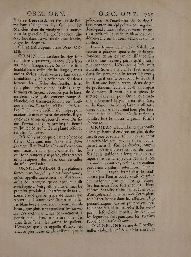 ORM. ORN. Ta terre. L'écorce & les feuilles de l’or- me font aftringentes. Les feuilles pilées & mêlées dans du vinaigre font bonnes pour la gravelle. La groffe écorce, dit- on, buë dans du vin ou de leau froide, purge les flegmes. ORMEAU, petit orme. Payez OR- ME. : | ORMIN, plante dont les tiges font rougeâtres, quarrées, hautes d'environ un pied, lanugineufes. Ses feuilles font femblables à celles de la fauge , mais confidérable, d’un goût amer. Ses fleurs fortent des aiffelles des feuilles. Elles font plus petites que celles de la fauge, : formées en tuyaux découpés par le haut ‘en deux levres, de couleur rouge & blanche. Ses femences font noires, pref- que rondes. Sa racine eft ligneule & fi- breufe. L'ormir eftréfolatif, propre pour exciter le mouvement des elprits. Il y a quelques autres efpeces’d'ormir. On fe- me l'ormin dans les jardins; il fleurit en Juiller & Août. Cette plante réfout , fubtilife & attire. ORNE, arbre qui eft une efpece de frêne. Quelques-uns lappellent frére Jauvage. Il rellemble affez au frêne com- mun, mais il eft plus petit & a fes feuilles qui font rangées par paire, plus étroites & plus aiguës, dentelées comme celles du frêne ordinaire. Ç ORNITHOGALON. Il y a plufieurs fortes d’ornithogalon , maïs l'arabelque , qu'on appelle autrement /i5 d'Alexan- drie; & l'étranger, qu'on appelle aufli ornithogale d'Inde, eft le plus eftime. Le premier produit à l'extrémité de fa tige comme une groffe grape de fleurs, qui s’ouvrant chacune avec fix petites feuil- les blanches, entourent un bouton verd- brun , que plufieurs appellent les larmes de Notre-Dame. Elles commencent à fleurir par le bas, à mefure que les unes fleurillent, les autres fe paflenr. L’étranger que l’on appelle d'isde, eft encore plus beau & plus eflimé que le ORO. ORP. 25 . :? ks ; . ‘ …. précédent. A l'extrémité de fa tige il demi-pied, autour duquel viennent pe- tit à petit plufeurs Aeurs blanches, qui découvrent un bouton verd quieft au milieu. | L'ornithogalon. demande du Soleil , un terroir à potager, quatre doigts de pro- fondeur, & un empan de diftance. On le leve tous lesans, parce qu'il multi- plie beaucoup. L'étranger d'inde veut aufli du Soleil, mais il le faut mettre dans des pots pour le ferrer l'Hyver , parce qu'il craint beaucoup le froid. Il lui faut une bonne terre, deux doigts de profondeur feulement, & un empan de diftance. Il vaut encore mieux le mettre dans un pot. On le leve rare- ment; & quand la graine en eft mûre, on la feme. On le replante aufli-tor , parce qu’alors il reprend bien plus faci- lement racine. L'eau où fa racine a bouilli, buë le matin à jeun, fortifie l’eftomac. OROBANCHE,plante qui poufle une tige haute d'environ un pied & de- mi, droite & ronde. Elle ne porte point de véritables feuilles, mais des com- mencemens de feuilles étroits, longs ;: & qui flécriflent en fort peu de tems. Ses fleurs naïllent le long de la partie fupérieure de la tige, un peu diftantes: les unes des autres, veluëés, de couleur purpurine , pâles , odorantes. Chaque fleur eft un tuyau fermé dans le fond, ouvert par l’autre bout, évalé & taillé en: malque d’une maniere grotelque. Sés femences font fort menuës ;. blan- châtres. Sa racine eft bulbeufe, écailleule,, d’un goût extrêmement amer.Cette plan- te eft fort bonne dans les affections hy- pocondriaques , CAT On prétend que cet- re plante fait périr les orobes & les vefces parmi lefquelles elle naît , les bleds & les légumes ; c'eft pourquoi les Payfans lappellenc l'herbe de loup. ca ORPHELINE, terme de Fleurifte; œillet violet. L'orpheline eft la mere des