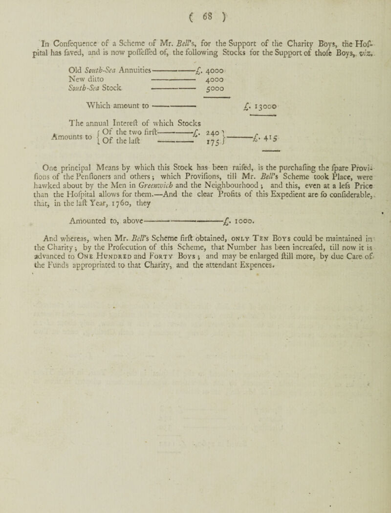 In Confequcnce of a Scheme of Mr. BelVs^ for the Support of the Charity Boys, the Hof- pital has favcd, and is now poffefled of, the following Stocks for the Support of thofc Boys,. Old South-Sea Annuities-£. 4000* New ditto-4000 South-Sea Stock-5000 Which amount to-130GO The annual Intereft of which Stocks . f Of the two firft-/. 240 1 Amounts to [of -| 415- One principal Means by which this Stock has been raifed, is the purchafing the fpare Provi- fions of the Pcnfloners and others; which Provifions, till Mr. Bellas Scheme took Place, were hawked about by the Men in Greenwich and the Neighbourhood; and this, even at a lefs Price' than the Hofpital allows for them.—And the clear Profits of this Expedient are fo confiderable,. that, in the laft Year, 1760, they Amounted to, above— ...1000. And whereas, when Mr. BeW% Scheme firft obtained, only Ten Boys could be maintained in' the Charity; by the Profecution of this Scheme, that Number has been increafed, till now it is advanced to One Hundred and Forty Boys ; and may be enlarged ftill more, by due Care of the Funds appropriated to that Charity, and the attendant Expences*