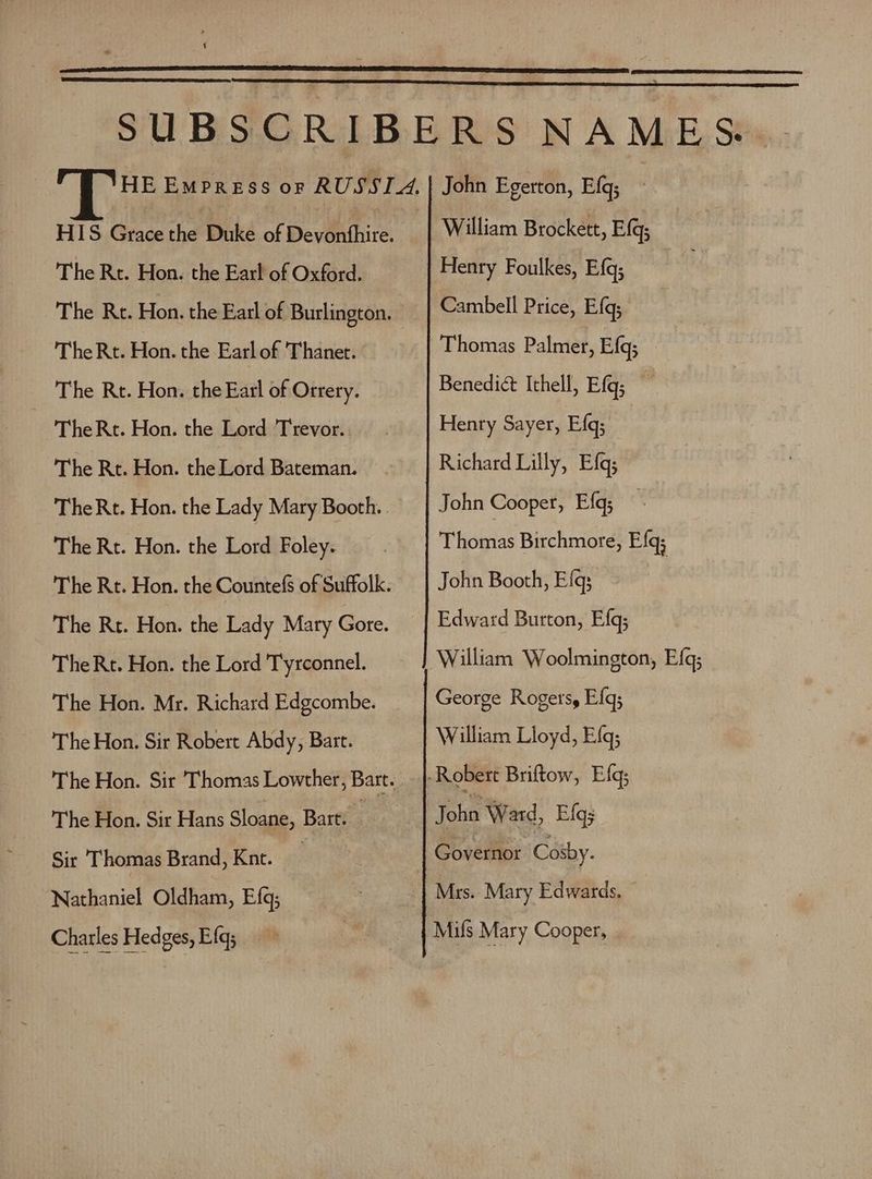 4 HIS Grace the Duke of Devonthire. The Rt. Hon. the Earl of Oxford. The Re. Hon. the Earl of Burlington, TheRt. Hon. the Earl of Thanet. The Rt. Hon. the Earl of Orrery. TheRt. Hon. the Lord Trevor. . The Rt. Hon. the Lord Bateman. TheRt. Hon. the Lady Mary Booth. The Rt. Hon. the Lord Foley. The Rt. Hon. the Lady Mary Gore. The Rt. Hon. the Lord Tyrconnel. The Hon. Mr. Richard Edgcombe. The Hon. Sir Robert Abdy, Bart. The Hon. Sir Hans Sloane, Bart. Sir Thomas Brand, Kne. | Nathaniel Oldham, Efq; Charles Hedges, Eig; William Brockett, E{q; Henry Foulkes, E{q; Cambell Price, Efq; Thomas Palmer, Efq; Benedict Ithell, Efq; : Henry Sayer, Efq; Richard Lilly, Efq; John Cooper, Efq; Thomas Birchmore, Efq; John Booth, Efq; Edward Burton, Efq; William Woolmington, Efq; George Rogers, Efq; William Lloyd, Efq; J ohn Ward, Efgs Mils Mary Cooper, .