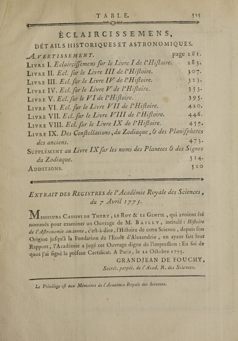 ÉCLAIRCISSEMENS, détails historiques et astronomiques. ^ALv ERT I S S E MENT. page 1 S I. Livre I. E claircijfemerù fur le Livre I de l’Hiftoire. 183. Livre II. Ecl. fur le Livre III de l’Hiftoire. 307. Livre III. Ecl. fur le Livre IVde l’Hiftoire. 313. Livre IV. Ecl. fur le Livre V de l’Hiftoire. 3 5 3* Livre V. Ecl. fur le VI de l Hiftoite. 3 9 5* Livre VI. Ecl. fur le Livre VII de l’Hiftoire. 410. Livre VII. Ecl. fur le Livre VIII de l’Hiftoire. 446. Livre VIII. Ecl. fur le Livre IX de l’Hiftoire. 457. Livre IX. Des Conftellations ,du Zodiaque ,ù des Planifpheres des anciens. 47 3* Supplément au Livre LA fur les noms des Platietes <j des Signes du Zodiaque. 5 1 4* Additions. 5 10 Extrait DES Registres de l’Académie Royale des Sciences , du 7 Avril 177/. Messieurs Cassini de Thury , le Roy & de Gentil , qui avoient été nommés pour examiner un Ouvrage de M. Bailly, intitulé : ITtfloire de TAJlronomie ancienne, c’elU-dire, l’Hiftoire de cette Science , depuis fon Origine jufqu’à la Fondation de l'Ecole d’Alexandrie , en ayant fait leur Rapport, l’Académie a jugé cet Ouvrage digne de l’impreffion : En foi de quoi j’ai figné le préfent Certificat. A Paris, le ra Octobre 1775. GRANDJEAN DE FOUCHY, Secret, perpét. de L’Acad. R. des Sciences. Le Privilège cfi aux Mémoires de l’Académie Royale des Sciences.