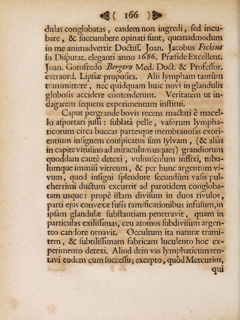 dalas conglobatas , easdem non ingredi, led incu¬ bare , &£ mccumbere opinati limt, quemadmodum in me animadvertit DodtiiT. Joan. Jacobus Fictius in Dilputat. eleganti anno 1686. Praslide Excellent. Joan. Gotofredo Bergero Med. Do6t. & Profeflor. extraori. Lipflas propolita. Alii lympham tantum transmittere, nec quidquam huic novi in glandulis globosis accidere contenderunt. Veritatem ut in¬ dagarem fequens experimentum in fti tui. Caput pergrande bovis recens madtati e macel¬ lo afportari jum : liiblata pelle, valorum lympha¬ ticorum circa buccas partesque membranofas exori¬ entium in (ignem confpicatus liim lylvam , (6c alias in capite vi tulino ad miraculumusque;) grandiorum quoddam caute detexi s vulnulculum inflixi, tubu¬ lumque immili vitreum, & per hunc argentum vi¬ vum, quod infigni Iplendore lecundum valis pul¬ cherrimi dudtum excurrit ad parotidem congloba¬ tam usque: prope iftam diviliim in duos rivulos , parti ejus convexa? tufis ramificationibus infufum,in iplam glandulas lubftantiam penetravit, quam in particulas exiliilimas, ceu atomos lubdivilum argen¬ teo candore ornavit. Occultum ita naturx trami¬ tem , & fubtiliflimam fabricam luculento hoc ex¬ perimento detexi. Aliud dein vas lymphaticum ten¬ ta vi eodem cumfuccelfu j excepto , quod Mercurius,