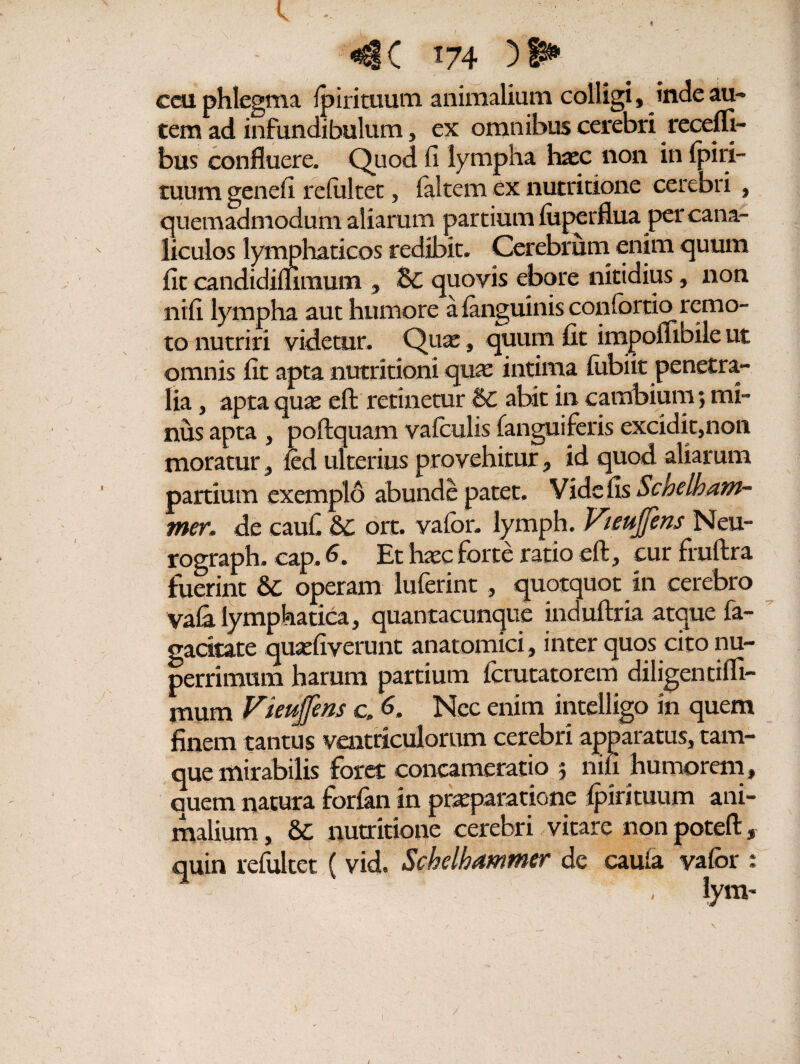 * r IP^HIIP 174 )*► coi phlegma fpirituum animalium colligi, inde au¬ tem ad infundibulum, ex omnibus cerebri recefli- bus confluere. Quod fi lympha hxc non in fpiri- tuum genefi refiiltec, falcem ex nutridone cerebri , quemadmodum aliarum partium fuperflua per cana¬ liculos lymphaticos redibit. Cerebrum enim quum fit candidimmum , & quovis ebore nitidius, non nifi lympha aut humore a fanguinis confbrtio remo¬ to nutriri videtur. Quae, quum fit impofiibile ut omnis fit apta nutritioni qua: intima fubiit penetra¬ lia , apta quae eft retinetur & abit in cambium; mi¬ nus apta , poftquam vafculis fangui feris excidit, non moratur, fed ulterius provehitur, id quod aliarum partium exemplo abunde patet. Vide fis Schelham- mer. de caufi U. ort. vafor. lymph. Vieujfens Neu- rograph. cap. 6. Et haec forte ratio eft, cur fiuftra fuerint &; operam luferint, quotquot tn cerebro vafii lymphatica, quantacunque induftria atque fa- gacitate quaefiverunt anatomici, inter quos cito nu- perrimum harum partium fcrutatorem diligentiffi- mum Vieujfens c, 6, Nec enim intelligo in quem finem tantus ventriculorum cerebri apparatus, tam- que mirabilis foret concameratio 5 nifi humorem, auem natura forfan in praeparatione fpirituum ani¬ malium , 6c nutritione cerebri vitare non poteft, quin refultet ( vid. Scbelhammer de caufa vafor : - ' , lym-