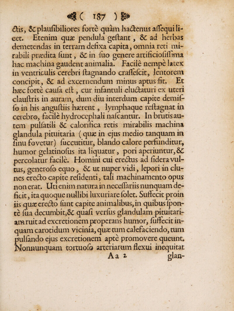 &is, &C plaufibiliores forte quam ha&enus aflequi li¬ cet. Etenim quae pendula geftant, &C ad herbas demetendas in terram defixa capita, omnia reti mi¬ rabili praedita fimt, & in fiio genere artificiofiffima hac machina gaudent animalia. Facile nempe latex in ventriculis cerebri ftagnando craflefcit, lentorem concipit, &C ad excernendum minus aptus fit. Et hmc forte caufa eft, cur infantuli eludtaturi ex uteri clauftris in auram, dum diu interdum capite deraifi- fo in his angufliis haerent, lymphaque rcftagnat in cerebro, facile hydrocephali nafcantur. In brutis au¬ tem pulfatili & calorifica retis mirabilis machina landula pituitaria (quae in ejus medio tanquam in inu fovetur) fuccutitur, blando calore perfunditur, humor gelatinoflis ita liquatur, poriaperiuntur,6c percolatur facile. Homini cui eredtus ad fidera vul¬ tus, generofo equo, &C ut nuper vidi, lepori in clu¬ nes eredto capite relidenti, tali machinamento opus non erat. Uti enim natura in neceflariis nunquam de¬ ficit, ita quoque nullibi luxuriare folet. Suffecit prout iis quse eredto fimt capite animalibus, in quibus fpon- te fua decumbit,& quafi verfiis glandulam pituitari¬ am ruit ad excretionem properans humor, fuffecit in¬ quam carotidum vicinia, qua; tum calefaciendo, tum pullando ejus excretionem apte promovere queunt» Nonnunquam tortuofb arteriarum flexui inequitat A a i glan-
