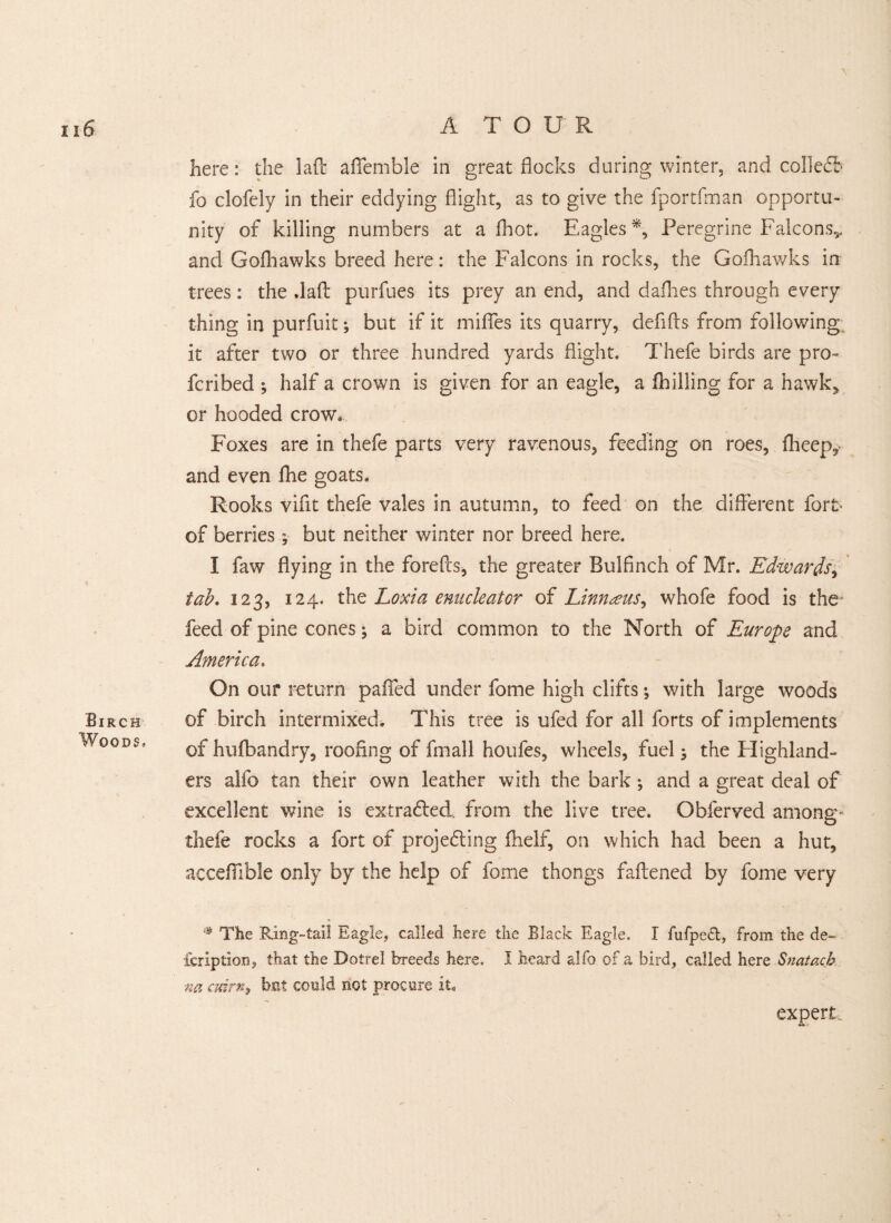 here: die laft aflemble in great flocks during winter, and colle<£T fo clofely in their eddying flight, as to give the fportfman opportu¬ nity of killing numbers at a fliot. Eagles*, Peregrine Falcons,, and Gofliawks breed here: the Falcons in rocks, the Gofliawks in trees: the daft purfues its prey an end, and dailies through every thing in purfuit; but if it mifles its quarry, deflfts from following it after two or three hundred yards flight. Thefe birds are pro- fcribed ; half a crown is given for an eagle, a ftiilling for a hawk, or hooded crow. Foxes are in thefe parts very ravenous, feeding on roes, flieep, and even ftie goats. Rooks viflt thefe vales in autumn, to feed on the different fort of berries; but neither winter nor breed here. I faw flying in the forefts, the greater Bulfinch of Mr. Edwards, tab. 123, 124. the Loxia enucleator of Linnaeus, whofe food is the~ feed of pine cones; a bird common to the North of Europe and America, On our return palled under fome high clifts; with large woods Eirch of birch intermixed. This tree is ufed for all forts of implements of hufbandry, roofing of fmall houfes, wheels, fuel; the flighland- ers alfo tan their own leather with the bark ; and a great deal of excellent wine is extracted, from the live tree. Obferved among* thefe rocks a fort of projecting fhelf, on which had been a hut, acceflible only by the help of fome thongs faftened by fome very # The Ring-tail Eagle, called here the Black Eagle. I fufpedt, from the de~ fcription, that the Dotrel breeds here. I heard alfo of a bird, called here Snatach na cuim, bat coaid not procure it. expert:.