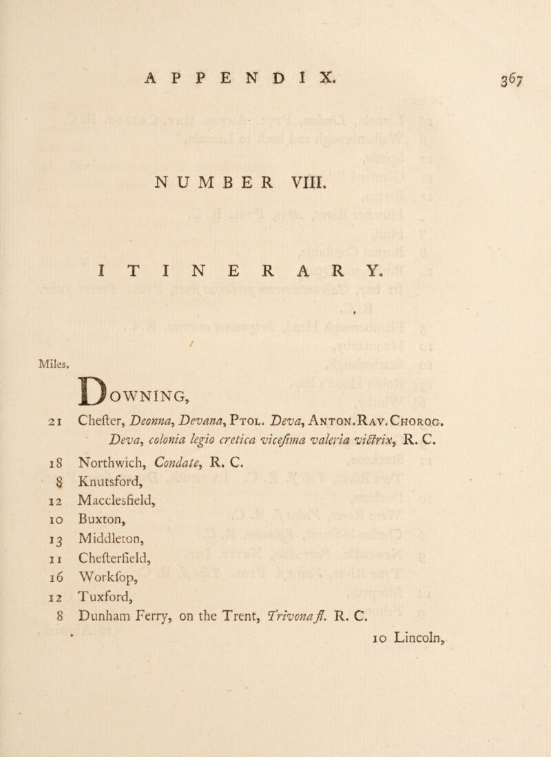 NUMBER VIII. ITINERARY. / Miles. Downing, 21 Chefter, Beonna, Bevana, Ptol. Beva, Anton, Rav.Chorog, Beva, colonia legio cretica vicefima Valeria vidfrix, R. C. 18 Northwich, Cordate, R. C. 8 Knutsford, 32 Macclesfield, 10 Buxton, 13 Middleton, 11 Chefterfield, 16 Workfop, 12 T uxford, 8 Dunham Ferry, on the Trent, Tdrivonafl. R. C. * 10 Lincoln,