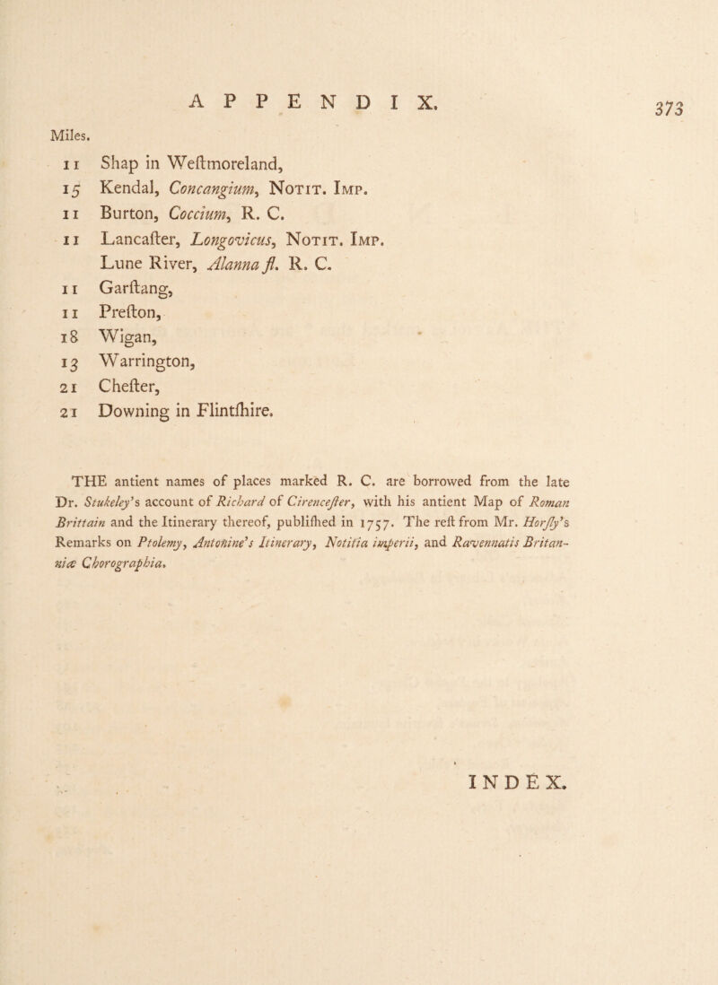 Miles. 11 Shap in Weftmoreland, 15 Kendal, Concangium, Notit. Imp, 11 Burton, Coccium, R. C. 11 Lancafter, Longovicus, Notit, Imp, Lune River, Alanna ft. R. C. 11 Garftang, 11 Prefton, iB Wigan, 13 Warrington, 21 Chefter, 21 Downing in Flintfhire, THE antient names of places marked R. C. are borrowed from the late Dr. Stukeley's account of Richard of Cirencejler, with his antient Map of Roman Brittain and the Itinerary thereof, publiihed in 1757. The reft from Mr. Horjly*s Remarks on Ptolemy, Antoninps Itinerary, Notitia imperii, and Ranjennatis Britan- nice Qhorographia» INDE X.
