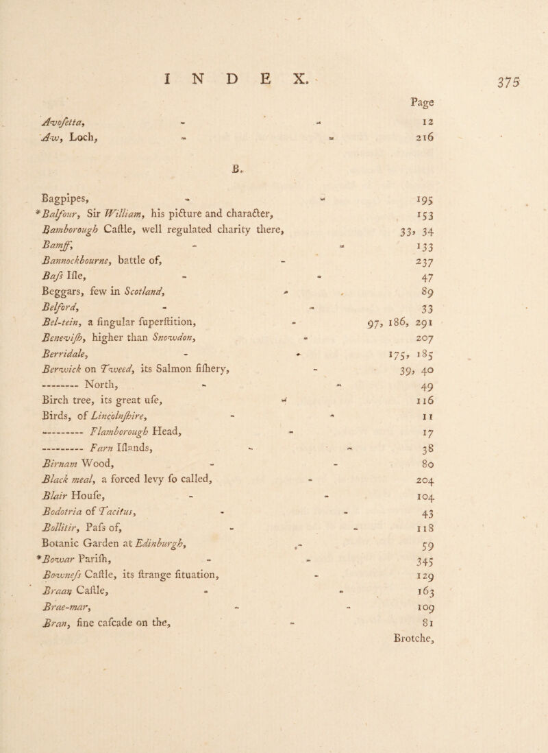 Avofetta, Aw, Loch, B. Bagplpes, * Balfour, Sir William, his picture and chara&er, Bamborough Cable, well regulated charity there, Bamjf, Bannockbourne, battle of, Bafs Iile, Beggars, few in Scotland, Belford, Bel-tein, a fingular fuperbition, Benevijh, higher than Snowdon, Berridale, Berwick on Tweed, its Salmon fifhery, ——~ North, Birch tree, its great ufe, Birds, of Lincolnjhire, -- Flamborough Head, - Barn Mauds, Birnam Wood, Black jneal, a forced levy fo called, Blair Ho ufe, Bodotria of 1Tacitus, Bollitir, Pafs of, Botanic Garden at Edinburgh, *Bowar Pariih, Bownefs Cable, its brange fituation, Braan Cable, Brae-mar, Bran, bne cafcade on the. Page 12 216 *95 *53 33> 34 333 237 47 S9 33 97, 186, 291 2°7 175, 185 39> 4° 49 116 11 l7 38 80 204 104 43 118 59 345 129 i63 109 81 Brotche,