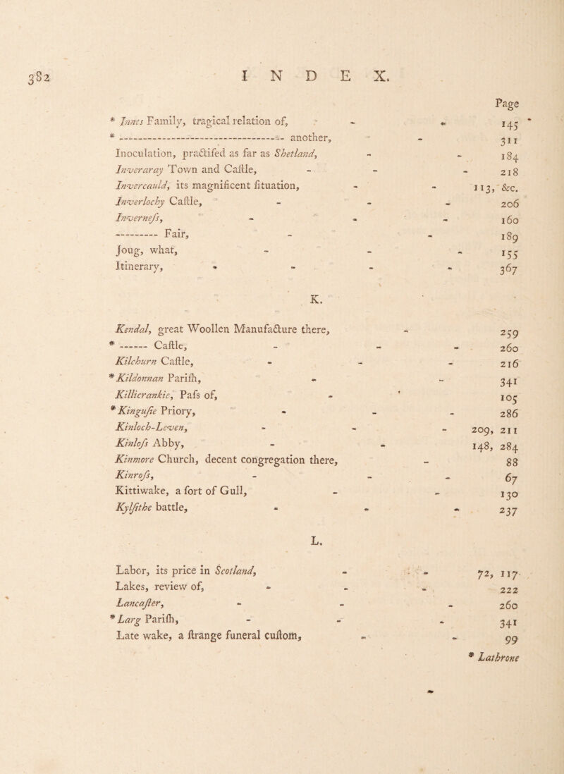 * Junes Family, tragical relation of, * --------another, Inoculation, praCtifed as far as Shetland, Inveraray Town and Caftle, Inver cauld, its magnificent fituation, Inverlochy Caftle, Invernefs, - Fair, joug, what. Itinerary, * K. Kendal, great Woollen Manufacture there, * - Caftle, Kilchurn Caftle, *Kildonnan Parith, Killicrankie, Pafs of, * Kingujie Priory, Kinloch-Leven^ Kinlofs Abby, Kinmore Church, decent congregation there, Kinrofs, Kittiwake, a fort of Gull, Kyljlthe battle. L9 Labor, its price in §cotla?id, Lakes, review of, Lancafter, * Larg Parifh, Late wake, a ftrange funeral cuftom. Page *45 311 184 218 113, &c. 206 160 189 *55 367 259 260 2l6 341 i°5 286 209, 211 148, 284 88 67 130 237 222 260 341 99 * Lathrone