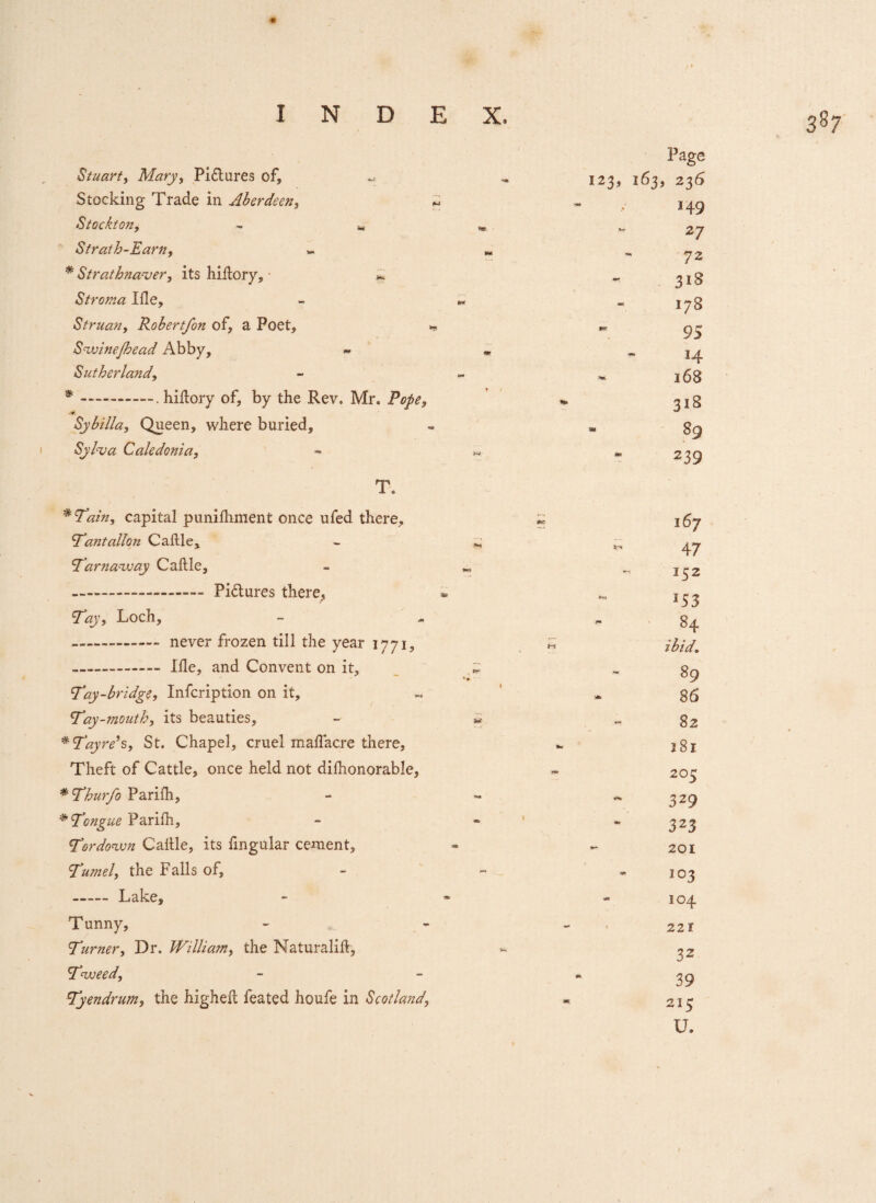 387 Stuart, Mary, Pictures of. Stocking Trade in Aberdeen, Stockton, - * Sfrath-Earn, * Strathna-ver, its hilfory, - * Stroma Me, Struan, Robertfon of, a Poet, Swinejhead Abby, Sutherland, * .—. hiflory of, by the Rev. Mr. Rope, Sybilla, Queen, where buried, Sylva Caledonia, T. * Tain, capital punifhment once ufed there, Tantallon Caftle, Tarnaway Caftle, .. Pidures there, Tay, Loch, ... never frozen till the year 1771, - Me, and Convent on it, Tay-bridge, Infcription on it, Tay-mouth, its beauties, * Tayre’s, St. Chapel, cruel maflacre there, Theft of Cattle, once held not difhonorable, * Thurfo Parifh, * Tongue Parifh, Tor down Caltle, its fingular cement, Tumel, the Falls of, ——— Lake, - Tunny, Turner, Dr. William, the Naturalift, Tweed, Tyendrum, the higheil feated houfe in Scotla?td, V* Page 123, 163, 236 149 - 27 72 318 178 95 14 168 318 * 89 239 167 - 47 152 J53 - 84 ibid. 89 86 82 181 205 329 323 201 103 - 104 221 32 39 215 U.