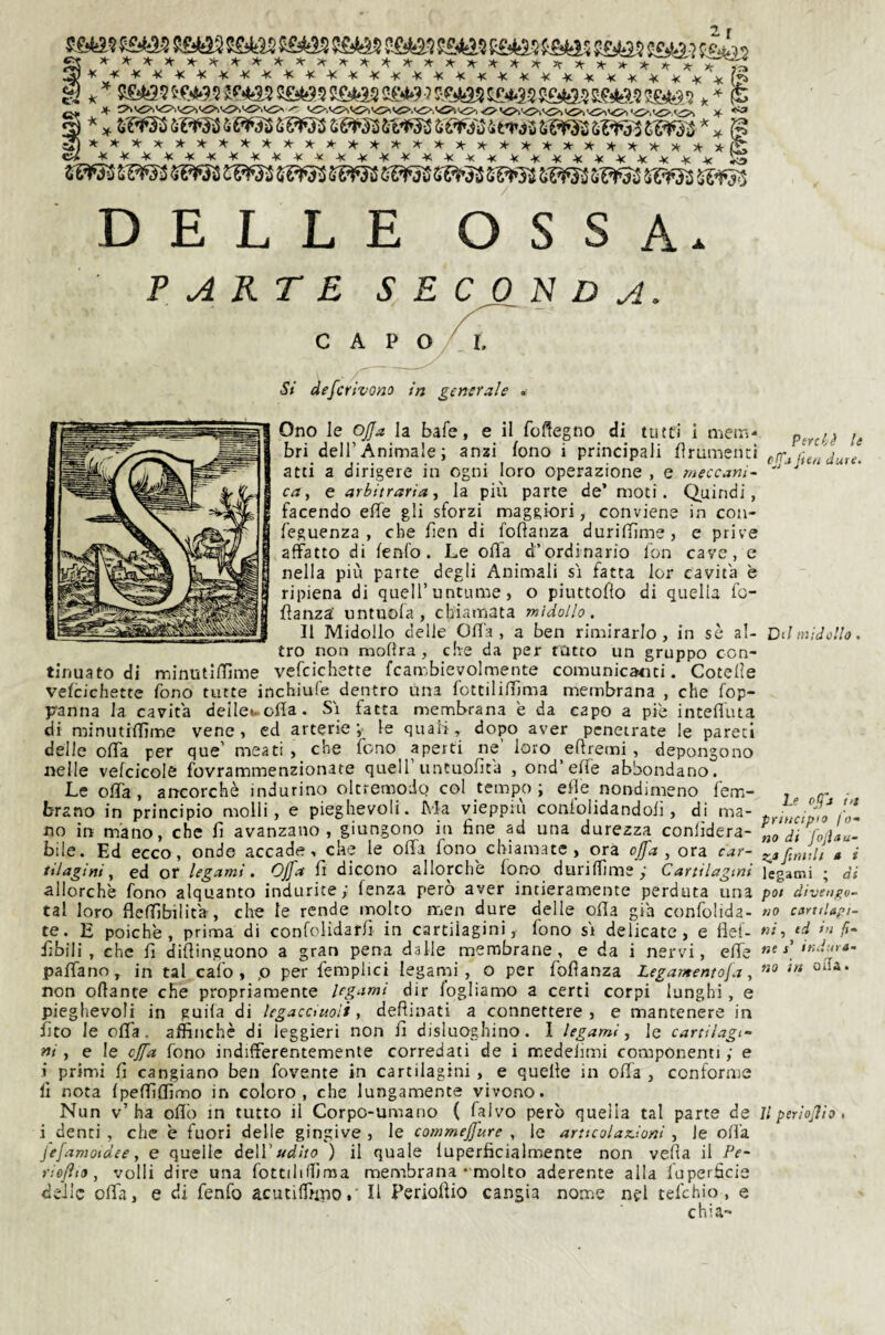 S£i**35C*e*i^9.nP4a55£i*i?5S£^12»9?f.Pit^ (t ~ Jf 5^V^?^’<5^l,C?,<<p^'<S>,VC^<<C?^ ^ VS>iV2>>V£>iVC?'ViS>.v,S>.'^'<C>i<!5-k5^'^vC>>><5>i'<3>iVC^<<:>^Vi>»<Ì>> Jf- 0 DELLE OSSA ? A KT E seconda. CAP 1. Perdi le cjfj[itti dure. Si deferivano in generale . I'■ .V^^,-,aay^^| Ono le ojja la bafe, e il feflegno di tutti i mem* S^'.' tiri deir Animale; anzi fono i principali fìrumenti I 3tti a dirigere in ogni loro operazione , e meccani¬ ca ^ e arbitraria., la più parte de’ moti. Quindi, facendo effe gli sforzi maggiori, conviene in con- feguenza , che ben di foftatiza duriffme, e prive affatto di fenfo. Le offa d’ordinario Ibn cave, e nella più parte degli Animali si fatta lor cavita è ripiena di quell’untume, o piuttofìo di quella fo- fìanza’ untuola, chiamata midollo. Il Midollo delle Offa, a ben rimirarlo, in sè al- Dd midollo. tro non modra , che da per tatto un gruppo con¬ tinuato di minutlffme vefcichette fcambievolmente comunicanti. Cotelle velcichette fono tutte inchiufe dentro Una fottiliffima membrana , che fop- Fanna la cavita dellewofia. Si fatta membrana e da capo a piè inteffuta di minutiffìme vene, ed arterie;- le quali, dopo aver penetrate le pareti delle offa per que’ meati , che fono aperti ne loro edremi, depongono nelle vefcicole fovrammenzionate quell’untuofita , ond’effe abbondano. Le offa, ancorché indurino oltremodo col tempo; effe nondimeno fem- brano in principio molli, e pieghevoli. Ma vieppiù coniolidandoli, di ma¬ no in mano, che fi avanzano, giungono in fine ad una durezza confidera- bile. Ed ecco, onde accade, che le offa fono chiamate , ora ofa , ora car- ttlagini ^ ed or legami. Ojfa fi dicono allorché fono duriffme,' Cartilagini allorché fono alquanto indurite ; lenza pero aver intieramente perduta una tal loro flefilbilita , che le rende molto men dure delle olla già confolida- te. E poiché, prima di confolidarfi in cartilagini, fono si delicate, e fiel- fibili , che fi difiinguono a gran pena dalle membrane, e da i nervi, effe paffano, in tal calo , p per femplici legami, O per fofìanza Legamentofa, non oflante che propriamente legami dir fogliamo a certi corpi lunghi, e pieghevoli in guila di legaccmoli, defiinati a connettere, e mantenere in fito le offa, affinchè di leggieri non fi disluoghino. I legami, le cartilagi¬ ni , e le cjfa fono indifferentemente corredati de i medelimi componenti ; e i primi fi cangiano ben fovente in cartilagini, e quelle in offa , conforme lì nota Ipeffiffimo in coloro, che lungamente vivono. Nun v’ ha ollb in tutto il Corpo-umano ( falvo però quella tal parte de i denti, che è fuori delle gingive , le commejfure , le articolax.ioni, le olla Jefamoidee, e quelle deirW;/tJ ) il quale luperficialmente non vefia il /'r- rie/lio, volli dire una fottilbiiraa membrana “molto aderente alla luperficie delie offa, e di fenfo acutiffrino,' Il Periollio cangia nome nel tefehio, e chia- Le affi in principio fo¬ no di Jojìau- Z.a finiti ! t i legami ; ài poi diventeo- no cartilapt- ed in fi¬ ne s’ induro- no in oda• Il per lofi io