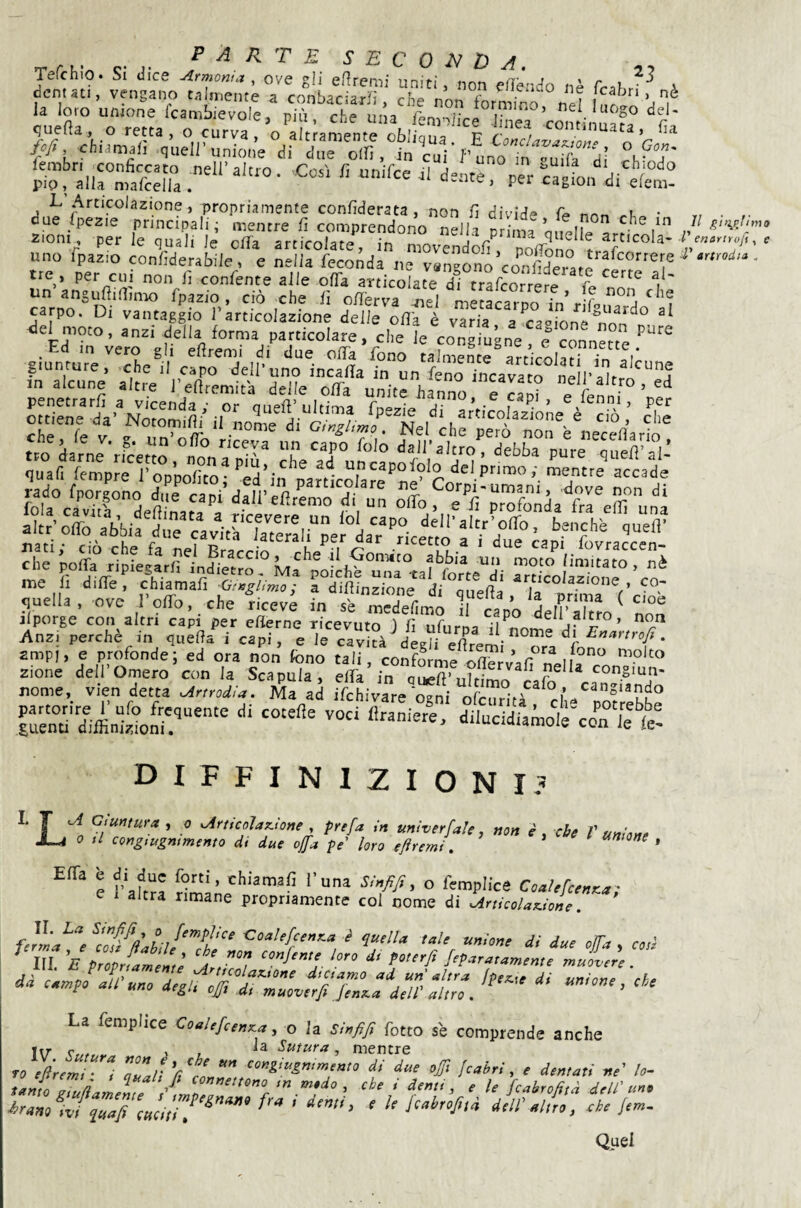 P ^ ^ 'T E SECONDA. Tefchio. Si dice Armonta , ove gli eRremi uniti, non eiTendo nè A dentati, vengano ta mente a rnnSansri; . r ^ icanri, nè la loro unione fcan S^volef nT che^^ '“W del- quella, o retta, o curva! o’^^ltùme^te owl uy F w fia /<iyf, chiamali .queirunione di due olii, in cui’f’uno in*'nirfa”dì fembri conficcato nell'altro. ..Cori fi unifee ri d-.ntr per fa-L di pip, alla mafcella. u.ace, per ragion di elem- L Artiplazione, propriamente confiderata, non fi divide fi» non • t, • ,■ due Spezie principali; mentre fi comprendono nella Drims m.oli ” Il ^i^pjimo ziom per le quali le effa articolate, in movendofi noifonn ^  uno fpazio confiderafiile , e nella feconda ne vengono^or?&te ^ tre, per cui non fi confente alle offa articolate di trafcorret il carDo^'n-'‘^’'^ aiel metacarpo in’rifouaTdo ai capo. Di vantaggio 1 articolazione delle ofi'a è varia a^ca^ione’nnn^ ^ ^^Iid-Tverf,S- fn= atVVXmltf S-'-o^'^^^trhlro m!'rd1fféTXmÌfi‘''SX'^',- Tdinl quella, ove VolTo. che Icevé in sé médefimo i tVo dJ’T.J jlporge con altri capi per eflerne ricevutn ) fi nfir deli altro, non Anzi perchè in quXi capi^ e?e caX^dèXflX ‘'c ' ampi, e profonde; ed ora non fono tali, conforme ofi^rvar^**^ molto Xl^“l5fad .tL-Jrre°o%>’X,r^>“^>? diffinizioni? T ^ o Articoìaz.ione , prefa in univerfaU, non è , che V unione JLa 0 fi congiugni mento di due offa pe' loro eftremi. amone , Eifa è di due forti, chiamafi l’una Sinfifi, o femplice Coalefcenrca^ e 1 altra rimane propriamente col nome di Articolazione II. La Swfifi 0 femplice Coalefcenza è quella tale unione di due o'fTa emì La femplice Coaiefeenza, o la sinfiji fotto se comprende anche Ttr ' / la Sutura, mentre re in'rem i ZJ V, / '«'“i'’»' d,' dm .ff, jcM, , dm,mi »r’ h- umc muLLÌ.f cmmttmo m m.d, , eh i dmi, , le fmirofitd dell'u„. ir.nAiifiZr<dl,irf^''‘‘’'’ ‘‘‘'“‘''o, 1“”- Quel