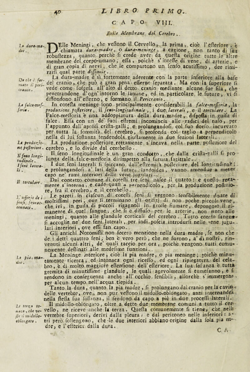 40 CAP O Vili. Membrane del Cerehro ,, La dura-ma dre. A > e Da tht è ftY' maio il ptri- cranio » La falce-mt^ foria . La produijo- ne pojìeriore. Il ftno longi¬ tudinale . Ifeni latera¬ li . Il torculare, 1/ tiffiz.io de ì lenfi:_ fovrac- eennad. La più., tna^ die . Le terza to¬ naca , de ve- fle il inidollo- eblohgato . DElIe Meningi, che veflono il Cervello, la prima ,, cioè l’eHeriore chiamata dura-madre, o dura-meninge , a cagione, non tanto di Tua robuftezza, quanto perchè fi crede aver-! da quella origine tutte le altre membrane del corpo-umano ; elTa , poiché s’intefle di vene, di arterie, e di gran copia di nervi,, che le compartono un fenfo acutilTimo, dee rimi- rarfi qual parte dijfmtle,. La dura-madre è'si fortemente aderente'con la parte inferiore alla bafe ’ del cranio, che può a gran pena > efferne feparata. Ma con la fuperiore lì vede come-fofpefa all’alto di detto cranio mediante alcune fue fila, che penetrandone d’ogn’intorno le lamine, ed in particolare, le future, vi fi diffondono all’èflerno, e formano il In cotefia meninge fono principalmente confiderabili la falce-mejforia, la- frodux.ione pofteriore, il feno-longitudtnale , .i due. laterali, .e^ il torculare. La. Falce-melToria è una addoppiatura^ delia duraimadre, difpofìa in guifa di falce. Elfa con un de’ fuoi efiremi incomincia alle * radici del nafo, per l’appunto dall’apofifi crifia-galli ; e, prolungandoli, col fuo dorfo incurvato per tutta la fommita del cerebro,. lìcprofonda col ^ taglio i a perpendicolo nella di lui. foftanza fendendola,giuftamente in due fezioni laterali. _ La.produzione.pofieriore.rettamente s’incava nella parte, pofìeriore del cerebro , .e lo divide.dal cerebello » . II .feno longitudinale è.un gran condotto , .che dalla crifia-galli fi pro-- lunga della.falce-mefforia dirimpetto alla futura.fagittaleo. I due.feni laterali fi fpiccano dalllefiremita pofleriore. del longitudinaè ; e prolungandofi a’ lari della futuralandoidea , vanno, amendue a met-er. capo ne’, rami interiori delle verie. iugulari _ i Dai contatto, comune di cotefti tre feni, nafee il quarto t e quefio'^rerta* ’ mente s’interna5 e.cade^qualì a perpendicolo, per,la produzione.poffrio»- re, fra il cerebro, e. il cerebello. Le pareti in cÌafcun^di.,cotefti ferii:jfi veggono ienlìbilmente daate di ; moItilTìmi pori, ove fi. ternìinano gli-orifiz) di non poche, piccole-vene , chetivi, in guifa di piccoli rigagnoli in. grolle fiumare, depongoto.il ri- manente.,di quei fangue.,, che fi è.diffufo per; le arterie, non tinto alle meningi, quanto alle glandule corticali del cerebro. Tutto cotefo fangu»'^ fi accoglie ne’ due feni. laterali ,^per indi.pofcia_introdurfi nelle .tene jugu-- lari interiori , ove elfi fan capo. . Gli antichi Notomifli.;non .fecero menzione nella dura madre, fe non che de.i detti quattro feni; ben è vero però, che ne furono, a’ dì nofiri, rin- - venuti alcuni altri, de’ quali taccio per ora, poiché, vengono tutti comu*- nemente deftinati alle medefime funzioni.. La Meninge interiore ^ cioè la pia madre, o pia meninge ; joichè minu¬ tamente ricerca,, ed rin^naca ogni riceffo, ed ogni ripiegatura.' del cela» bro, è di molto, maggiore eftenfione, deli’efteriore. La luaTofanza è tutti gremita di minutiflìmte glandule, le quali agevolmente fi tumefanno, e f; rendono in conseguenza anche all’ occhio., fenfibili, allorché s’ immergono per alcun tempo nell’acqua.tiepida, . Tanto la dura, quanto la pia madre, fi prolungano dal cranio perlacaviàr; delle vertebre, ove., non pur veflono il midollo-sobiongato, anzi internandtfi . nella flefla fua foflanza, il fendono da capo a piè in due.proceffi laterali. Il midollo-oblongiito, oltre a dette due membrane comuni a tutto il ccr* vello, ne riceve anche la terza. Q.uefla comunemente fi tiene, che nellì vertebre fuperiori, derivi dalla pleura; e dal peritoneo nelle inferiori; fi- tri però foflengono, che de due interiori abbiano origine dalla fola, pia na-- dre, e i’eftérioi- dalla dura. ^ , C A