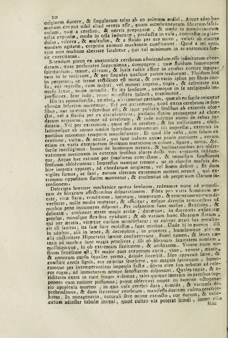 «rUinem Jacert, & finsalaram tehs A eo pnmun» «rJ.r.. AtqueaieoW- Sum corpus nihil aliud rcvira efli. quam meitóranearom fibrarumfafc^ TuIuT, qua a ccrcbro, & nervis propagata: , & modo in membranarum «las eàpanis , modo in olla indurar* , ptodufla m vafa , comraa® tn glan- dnias viLfa , & Kufcolos, & a fluido per cas muto , velut. ab elatere •nodam à-ftati, corporis animati maefeinam conl ttuunt. Qttod a rei veri. ?ate non multurà aberrare fatebitur , qui vel minimum in re anatomica fue- sciend'um'M^to e, anatomicis cerebrum admìrandum effe infinitaruin chor- darum nuas^peifotatas tuppcnimus, compagem ; quae fluidum fummopere darum, quas pei ora PP (epara- Hui ì*n le rècirtunt’, & per’fmgulas quafque partes traducuot. Fluidum^oc in «rpetti. . ac ferme reailineo eli mota . & prò vano ipfius fu ^Tebreereffu, cum majori. vel minori iinpetu, copta , & celentate e s J^’do laaat , mudo mteaJit. flt ita fenfuiim , ammique m fe recipiendotm- crefllones bine inde, proni necelbtas tMlerit > tranimittic. ^ His ira animadveifis, ce ebri, abnumque partium, quaeab eo facile onuntu chor i bStnlo^nfur. V.l per e^nemurn, fibus aut in ernis vifceribus eR ; & rune pullatis fenfibus ab externis obje flis vel a fluidis per ea circulancious , pui(atu) Ratim propagatur ad choc darJm or'inem , nempe ad cerebrum, & inde nalcitur an.m. de rebus )u- d?rat^ Ve! P?r extremum , quod eR in cerebro , & ita pu^ationes , ofciU ladoTefaue ab animo mediis (pintibus extremicati illi impreflae, externis m Lartibus tempons manifcRantur. Et quid ìlle velit , non folum ex catione aninai paulo certiores , verum etiam ex varia externorum fcnluum mutatone incolore, figura, mota, &c. facile intellisimus ^rruor^rrUdunl r„S°AtqurhTcraTione pcfflmpHcem cout^aum , & impulflim funaiones fpnfiium abfolvuntur: Impreffus namque tremor, ut in chordis muficis de¬ bile intcntis apparet, ad chordarum originem , vel finenti definit ; Et dum viffilc'! fumus ac (ani, earum alterum exeremum moveri nequit , qui ex- nemum oppoÀtum flatim moveatur, & confentiat ob perpeiuam tllarun, m- rvfrr'intà breviter raechanice motus fenfuura, redeamus nunc ad propoE- tam de libratum affeaionibus difputationem, Fibra pm urna hominum ai¬ tate vit* Hata, conditione, locorum, teroporum , &tem'eramemorumdi verfitate. mille modis mutatur, & afficitur , eofque diverfis ^ morbos tiene innumcros difponit. Per mfantiam funi molle, - * delicatae , crefeente astate magis andas , dursque; in decrepita exlicc tas morfus minufque flex-bus evadunt ; & ©b varmm huiic librarura > ner a^àtis,^vit£eque curfum manifeRatur ; ut cunue astati (ua peculu- ris eli fanitas; ita fuse fune moleftiae , luus morbus. Unde hi inpueros . i i in adnltos, alii in lenes, & decrepitos , in proceres , ahi audloritate Hipocratis lasvire conlueverunt. Pueri tamen, òc ferò ad morbr s iunt magis procUves ; ilU ob fibrarum laxuatem n.miam , mollitiemque, hi ob extremam ficcitatem , & ariditatem. Vivere . fìrum ficcefccre «R ; Et nnajor pars corporum YtVsep^^^ & annorum curfu fquailet primo , deinde Rccelcit. conflitit certis fignis, eos celerius Tenefcere , qui fpiritaum , hum^^ rumque per intempcrantiam impenRs ^(Ris , fibras rore ° ^3. res rugas, ad immaturam nempe feneautem ^ifponunt. Quales ru,.as ^ riditates extra in cute fenum videmus , tales quoque inter P oaoeena- ponere cum ratione polfumus; prout oblervay nuper in varirofa de¬ rio apoplexia roortuo , in quo vafa cerebn «ercipie- prehendiraus, & dum fecaretur cerebrum, manifcRadunties cu rap barar. In nonagenario, naturali fere morte extmao , cor duru » .. . catum adinftàr tabula inveni, quod cultro vix pot^rat icmai 5