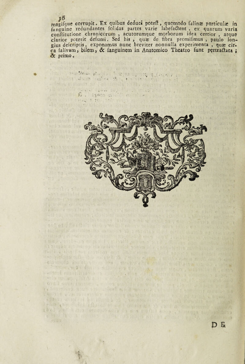 }3 magifque corrupit. Ex quibus deduci poteft, quomodo falinse particulae in ianguine redundantes folidas partes varie labefadlent , ex quarum varia confìitutione chronicorum , acutorumque morborum idea certior , atque clarior poterit defunii. Sed his , quae de fibra promifimus , paulo lon- gius defcripcis, exponamus nunc breviter nonnulla experimenta , quae cir¬ ca falivani} biletH} & fanguinem in Anatomico Theatro fune p^rtia^aca : & primo.