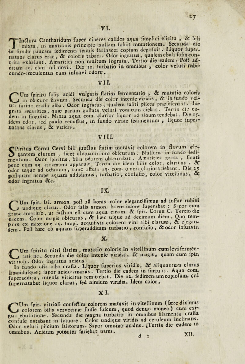 ^7 VI. Tlndlura Cantharidum fuper cineres calidos aqua llmplici elicita , & bili mixta , in mixtionis principio nuliam lubiit mutationem» Sccunda die in fundo paucam ledimenti cenuis farinacei copiam depoluit. Liquor luper- natans clarus crac, & coloris tabaci. Odor ingratus , qualem ebu li imia cori- trita exhalant. Amaritics non multum ingrata. Tertio die eadem. Polt ad- ditam aq. com nil novi. Die iz. turbatio in omnibus , color vcluti rubi- cundo-lceculentus cani infuavi odore, VII. CUm fpiritu falis acidi vulgaris fìatim fcrmentatio , <Sc mutatio coloris in obicure flavum. Secunda die color intente viridis , & intuudo vcl- Ut. taiina cralla alba. Odor ingratus, qualem Ialiti pilces prielcterunt. In- gr«ta dBiarities, quar parum guftata velati vomitum cieb.^t. Ter la aie ea- den» in fingulis. Mixta aqua com. clarior liquor ad album tendebat. Die ib¬ idem odor, ed paulo remilius, in fundo viride iedimentum , liquor tuper- tiacans clarus > Se viridis, Vili. SPirifus Corna Cervi bili juntlus rtatim mutavit colorem in flavum eie- gantem clarum , licct aliquantuliun chtcurum . Nullum in tundo ^edi- Iticntum. Odor ipiritus, bil s odorem obicarflb.u . Amiricies srata , ficutt pene cum aq cinamomi apparuit. Tc-rcia die idem bilis color, clarit as , oC odia ufque ad otlavurn, cune .ifful i aq* com* O'Tinia clariora nebant • Die 25 jjoflquam nempe aquam addidimus, turbatio, contufio, color viteliinus, cc odor ingratus Scc. IX. CUm fpir. fai. armon. poli 18 feoras color eleganti Ilimus ad inflar rubini undique clarus. Odor falis armon. bilem odore luperabat : S por cum firata amaritie, ut fadlum eft cum aqua cinim. & (pir. Cornu C. Tertio die cadcm. Color m. gis obicurus , & haec ufque ad decimum diem . Ouo tem¬ pore ex mixtionc aq. l.mpl. acquibvic colorem vini albi clarum , & elegan- tem. Poli hsec ob aquam fuperàdditam turbano, confulio, oc odor inluavis. X. CUm fpiritu nitri fìatim , mutatio Coloris in vitellinum cnm levi fermen¬ tati ne. Secunda die color intenfe virid.s, Cc magis, quam cum fpir. Vitrioli. Odor ingratus acidus , oj, . 1 In fundo olla alba crafla . Liquor fuperius vindis, or aliquantum clarus limpidulque; lapor acido-.marus . Tertio die eadem in Imgulis. Aqua com. fuperaddita , intenfa viriditas remitcebat. Die ix. fedimentumcopiolum, cui fupernatabac liquor clarus, fed nimium viridii. Idem color, X I. CUm fpir. vitrioli confefìim colorem mutavit in vitellinum (faepediximus colorem bilis vervecinae fuifle fufeum, quod denuo moneo ) cum 6X1“ gua ebullitione. Secunda die magna turbatio in omnibus filamenta cralla confufe natabant in liquore. Color undique viridis ad ceruleum inclinans. Odor velati pilcium falitorum. Sapor omniao acidus. ^Tertia die eadem m omnibus. Acidum pointer feriebat aares,