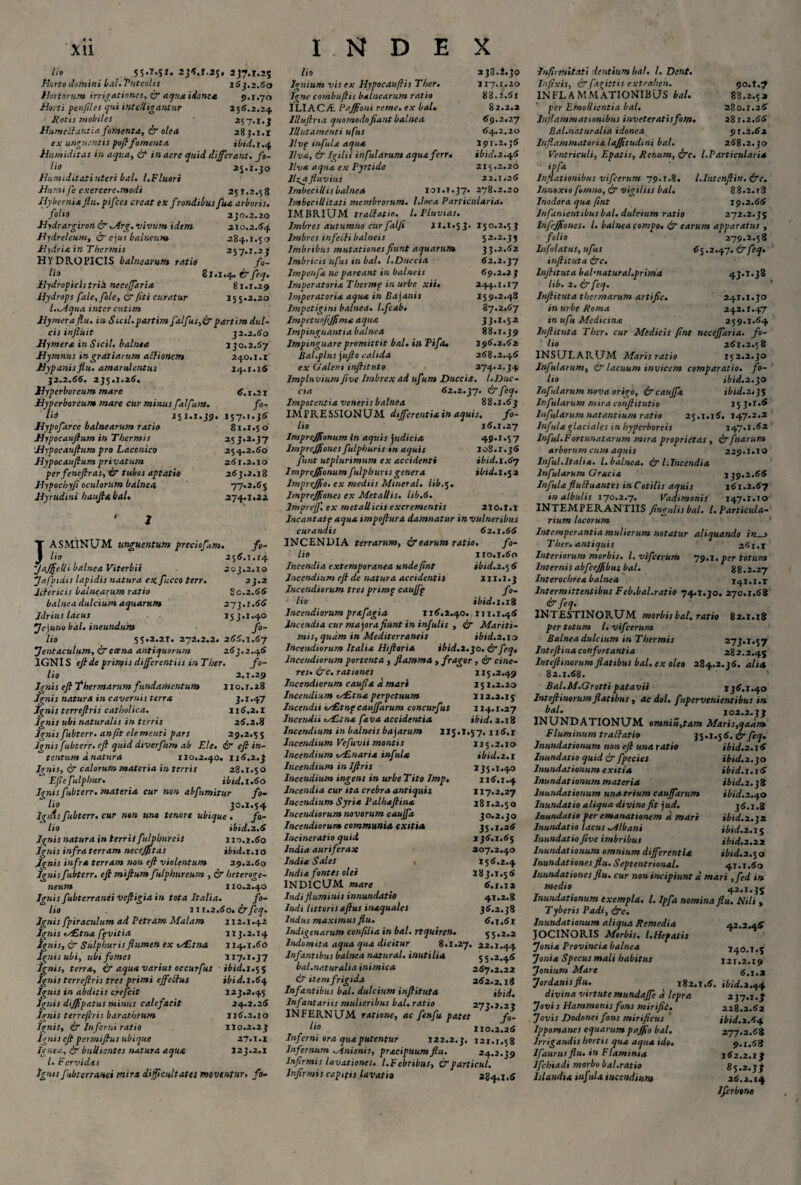 Xtl lio 55***U* 2j6.f.2$. 2J7.I.25 Horto domini bal. Puteolis 163.2.60 Hortorum irrigationes, & aquatione* 5.1.70 Horti penfiles qui inte/ligantur 256.2.24, Jietis mobiles 257.1.3 Hume Stanti a, fomenta, & olea 285.1.1 ex unguentis poft fomenta ibid.1.4 Hnmiditas in aqua, & in aere quid differant, fo¬ lio 25.1.30 Humilitati uteri bal. /.Fluori Humi fe exercere.modi 251.2.5 8 Hyberniaflu. pifccs creat ex frondibus fua arboris. folio 250.2.20 Hydrargiro>t& Mrg. vivum idem 210.2.64 Hydrelcum, & ejus balneum 284.1.50 Hydria in Thermis 257.1.23 HYDROPICIS balnearum ratio fo¬ lio £1.1.4. & feq» Hydropicis trii neceffaria 81.1.29 Hydrops fale,fole, & fit i curatur 155.2.20 l.Mqua inter cutim Hymeraflu. in Sicil.partim falfus,&partim dul¬ cis influit 52.2.60 Hymera in Sicil. balnea 150.2.57 Hymnus ingratiarum aSfionem 240.1.1 Hypanisflu. amarulentus 24.1.16 42.2.66. 245.1.26. Hyperboreum mare 6. r .21 Hyperboreum mare cur minus falfum. fo¬ lio 151.1.55. 157.1.56 Hypofarce balnearum ratio 81.1.50 Hypocauftum in Thermis 255.2.57 'Hypocauftum pro Laconico 254.2.60 Hypocauftum privatum 261.2.10 pcrfeneftras, 4y tubos aptatio 265.2.18 Hypocbyfi oculorum balnea 77*2.65 Hyrudini hauflabal. 274.1.22 JASMINUM unguentum preciofum. fo¬ lio 256.1.14 JaJjfeUi balnea Viterbii 205.2.10 Jafpidis lapidis natura ex ficco terr. 25.2 Ictericis balnearum ratio 80.2.65 balnea dulcium aquarum 275.1.55 Jdrius lacus 15 5.1.40 Je\uno bal. ineundum fo¬ lio 55.2.21. 272.2.2. 255.1.67 Jentaculum, &coena antiquorum 265.2.46 IGNIS eft de primis differentiis in Ther. fo¬ lio 2.1.29 Ignis eft 7*hermarum fundamentum 210.1.28 Ignis natura in cavernis terra 5*1*47 Ignis terreftris catholica. 116.2.1 Ignis ubi naturalis in terris 26.2.8 Ignisfubterr. anftt elementi pars 29.2.55 Ignis fubterr. eft quid dtverfum ab Ele. & eft in¬ tentum unatur a 110.2.40. 116.2.3 Ignis, & calorum materia in terris 28.1.50 Eftefulphur. ibid.l.Go Ignis fubterr. materia cur non abfumitur fo¬ lio 50.1.54 Ignis fubterr. cur non uno tenore ubique . fo¬ lio ibid.2.6 Ignis natura in terrii fulphureis 210.1.60 Ignis infra terram necejfitas ibid.1.10 Jgnis infra terram non eft violentum 29.2.60 Ignis fubterr. eft miftum fulphureum , & heteroge- neum 110.2.40 Ignis fubterranciveftigia in tota Italia. fo¬ lio 111.2.60. irfeq. Ignis fpiraculum ad Petram Malam 112.1.42 Ignis ^£tna ffvitia 115.2.14 ignis, & Sulphuris flumen ex 1/£tna 114.1.60 Ignis ubi, ubi fomes 117.1.57 Ignis, terra, & aqua varius oecurfus ibid, 1.55 Ignis terreftris tres primi effetius ibid. 1.64 Ignis in abditis crefcit 125.2.45 Ignis dijfipatus minus calefacit 24.2.26 Ignis terreftris barathrum 116.2.10 Ignis, & Inferni ratio Ho.2.23 Ignis eft permiftus ubique 27.1.1 Ignea, fy bullientes natura aqua 125.2.1 /. Fervidas Ignis fubterranei mira difficultates moventur, fo- INDEX lio 258.2.50 Ignium vis ex Hypocauftis Ther. 117.1.20 Igne combuftis balnearum ratio 83.2.5i ILIACA Pajfiont reme. ex bal• 82.2.2 Illuftna quomodo fiant balnea 69.2.27 Illutamcnti ufus 64.2.20 live infula aqua I91.2.55 Ilva, & Igilii infularum aqua fer r. ibid. 2.46 Ilva aqua ex Pyrtide 215.2.20 Ilst* fluvius 22.1.26 Imbecillis balnea IOT.T.57. 278.2.20 Imbecillitati membrorum, l.loca Particularia. IMBRIUM trallatio. I. Pluvias. Imbres autumna curfalfi 11.1.55. 150.2.53 Imbres infecfi balneis 52.2.55 Imbribus mutationes fiunt aquarum 55.2.62 Imbricis ufus in bal. l.Duccia, 62.2.57 Impenfa ne parcant in balneis 69.2.23 Imperatoria Thermp in urbe xii. 244.1.17 Imperatoria aqua in Bajanis 159.2.48 Impetigini balnea, l.ficab. 87.2.67 Impetuofijfima aqua 33.1.52 Impinguantia balnea 88.1.39 Impinguare promittit bal. in Vifa» 196.2.62 Bal.plus jufto calida 268.2.46 ex Galeni inftitv.to 274.2.34 Impluvium fi ve Imbrex ad ufum Duccia. t.Duc- cia 62.2.37. &fieq. Impotentia veneris balnea 88.1.63 IMPRESSIONUM differentia in aquis. fo¬ lio 16.1.27 Imprejfionum in aquis judicia 49.1.5 7 Imprejfiones fulphuris in aquis 108.1.36 funt utplurimum ex accidenti ibtd.i.Cy Imprejfionum fulphuris genera ibid. 1.52 Imprejfio. ex mediis Mineral. lib.5. Imprejfiones ex Metallis, lib.6. lmprejf. ex metallicis excrementis 210.1.1 Incantate aqua impoftura damnatur in vulneribus curandis 62.1.66 INCENDIA terrarum, & earum ratio. fo¬ lio 110.1.60 Incendia extemporanea unde fint ibid.2.5 5 Incendium eft de natura accidentis 111.1.3 Incendiorum tres primp caujjje fo¬ lio ibid.1.1% Incendiorum prafagia 116.2.40. 111.1.46 Incendia cur majora fiunt in infulis , iy Mariti¬ mis, quam in Mediterraneis ibid.2.10 Incendiorum Italia Hiftoria ibid.2.30. & feq. Incendiorum portenta , flamma , fragor , & cine¬ res. &c. rationes 115.2.49 Incendiorum caufia a mari 151.2.20 Incendium *s£tna perpetuum II2.2.15 Incendii tsEtng cauffarum concurfus 114.1.27 Incendii tsHtna fava accidentia ibid. 2.18 Incendium in balneis bajarum 115.1.57. 116.1 Incendium Vefuvii montis 215.2.10 Incendium t^naria infula ibid.2.1 Incendium inIftris 135.1.40 Incendium ingens in urbe Tito Imp. 116.1.4 Incendia cur ita crebra antiquis 117.2.27 Incendium Syria Palhaftina 181.2.50 Incendiorum novorum cauffa 30.2.30 Incendiorum communia exitia 35.1.26 Incineratio quid. 236.1.65 India auriferax 207.2,40 India Sales , 156.2.4 India fontes olei 283.1.56 INDICUM mare 6.1.12 Indi fluminis innundatio 41.2.8 Indi hptorisaftus inaquales 36.2.38 Indus maximus flu. 6.1.61 Indigenarum confilia in bal. rtquiren. 55.2*2 Indomita aqua qua dicitur 8.1.27. 22,1.44 Infantibus balnea natural. inutilia 5 5.2.46 bal.naturalia inimica 267.2.22 & item frigida 262.2.16 Infantibus bal. dulcium inftituta ibid. Infantariis mulieribus bal. ratio 273.2.25 INFERNUM ratione, ac fenfu patet fo- lio I ro.2.2 6 Inferni ora qua putentur 122.2.3. 121.1.58 Infernum Anienis, pracipuumflu. 24.2.59 Infirmis lavationes. I.Febribus, &particul. Infirmis capitis lavatio 284.1.6 Infirmitati dentium bal. I. Dent• Infixis, & fagittis extrahen. 90.I.7 INFLAMMATIONIBUS bal. 88.2.52 per Emollientia bal. 280.1.26 Inflammationibus inveteratisfom. 281.2.66 Bal.naturalia idonea 91.2.62 Inflammatoria lajfitudini bal. 268.2.30 Ventriculi, Epatis, Fenum, &c. l.Particularia ' ff* Inflationibus vifcerum 79.1.8. l.Intcnftin. &c. Innoxio fomno, & vigiliis bal. 83.2.t3 Inodora qua fint 19.2.66 Infament ibus bal. dulcium ratio 272.2.35 Infjfiones. I. balnea (ompo. fy earum apparatus , folio 279.2.58 LifolatUS,ufus 65.2.47. &feq. inftituta &c. Inftituta baPnatural.prima 43.T.38 lib. 2. fy feq. Inftituta thermarum artific. 241.1.30 in urbe Roma 242.1.47 in ufu Medicina 259.1.64 Inftituta Ther. cur Medicis fint neceffaria. fo¬ lio 261.2.58 INSULARUM Maris ratio 152.2.30 Infularum, & lacuum invicem comparatio, fo¬ lio ibid. 2.30 Infularum nova origo, & cauffa ibid.2.35 Infularum mira conftitutio 153*1.6 Infularum natantium ratio 25.1.16. 147.2.2 Infula glaciales in hyperboreis 147.1.62 Infui.Fortunatarum mira proprietas , fyfuarum arborum cum aquis 229.1.10 Infui.Italia. I. balnea. & l.Incendi a Infularum Gracia 139.2.66 Infula flulluantes in Cotilis aquis 161.2.67 in albulis 170.2.7. Vadimonis 147.1.10 INTEMPERANTIIS fingulisbal. I. Particula¬ rium locorum Intemperantia mulierum notatur aliquando in » Ther. antiquis 261.1 Interiorum morbis. I. vifcerum 79.1. per totum Internis abfcejfibus bal. 88.2.27 Interochrea balnea 141.1.1 Intermittentibus Feb.bal.ratio 74.1.30. 270.1.68 & feq. INTESTINORUM morbis bal. ratio 82.1.18 per totum l. vifcerum Balnea dulcium in Thermis 273.1.57 Inteftina confortantia 282.2.45 Inteftinorum flatibus bal. ex oleo 284.2.36. ali* 82.1.68. Bal.M.Grotti patavii 136.1.40 Inteftinorum flatibus , ac dol. fupervenientibus in btl- 102.2.33 INUNDATIONUM omniu,tam Maris,qadm Fluminum trallatio 35.1.56. fy feq. Inundationum non eft una ratio ibid.2.16 Inundatio quid & fpecies ibid.2.30 Inundationum exitia ibid.1.16 Inundationum materia ibid.2.38 Inundationum una trium cauffarum ibid.2.40 Inundatio aliqua divino fit jud. 36.1.8 Inundatio per emanationem d mari ibid.2. }2 Inundatio lacus Albani ibid.2.15 Inundatio feve imbribus ibid.2.22 Inundationum omnium differentia ibid.2.50 Inundationes flu. Septentrional. 41.1.60 Inundationes flu. cur non incipiunt d mari ,fed in medio 42.1.35 Inundationum exempla. I. Ipfa nomina flu. Nili . Tyberis Padi, fyc. Inundationum aliqua Remedia 42.2.46 JOCINORIS Morbis. I.Hepatis Jonia Provincia balnea 140.1.5 Jonia Specus mali habitus 121.2.19 7onium Mare 6.1.a Jordanis flu. 182.1.6. ibid. 2.44 divina virtute mundaffe d lepra 237.1.3 7 ovis Hammonis fons mirifii. 228.2.62 Jovis Dodonei fons mirificus ibid.2.64 Ippomanes equarum pajjio bal. 277.2.68 Irrigandis hortis qua aqua ido. 9.1.68 Ifaurus flu. in Flaminia 162.2.13 Ifchiadi morbo bal.ratio 85.2.33 Islandia infui* incendium 26.2.14 Jfcrbtne