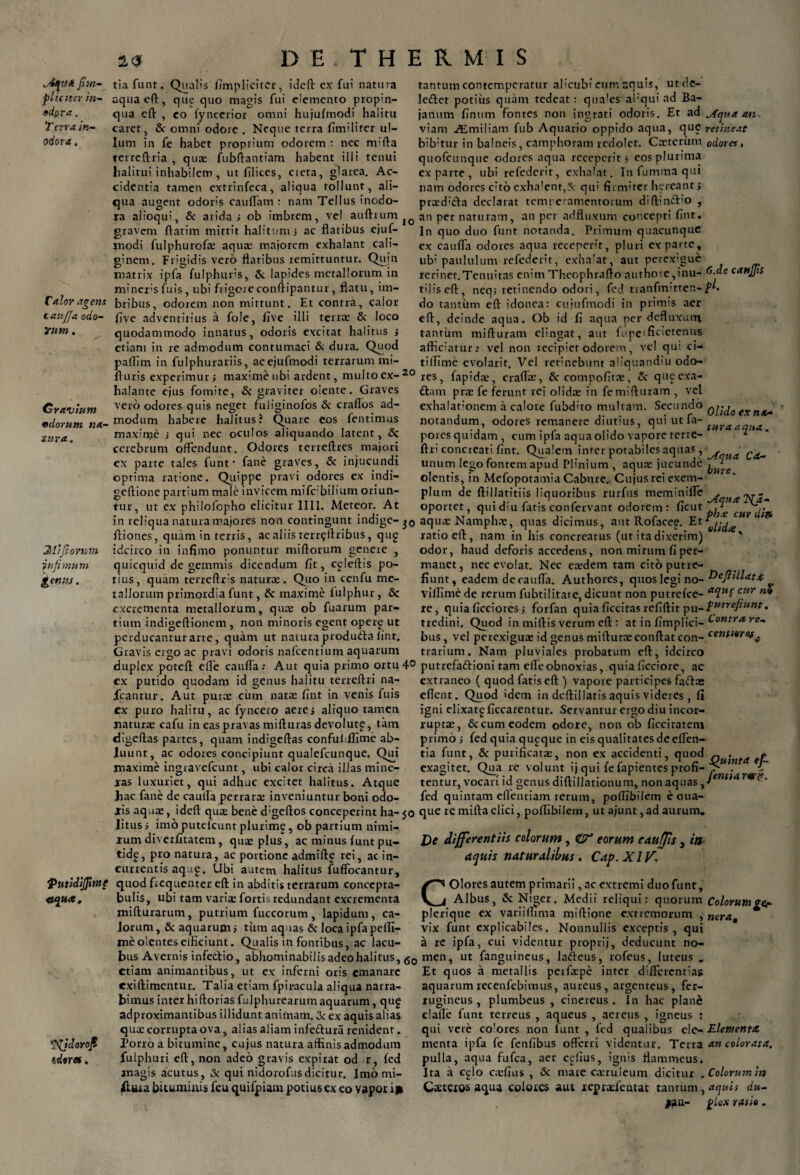 fim- plidter in- edpra. Terra in¬ odora . Calor agens taufja odo- Yttm. Gravium mdorum na¬ tura. Mijtorum infimum pernis. ‘Putidijjime <tqu<c. mUres. DE THERMIS 2<3 tia funt. QuaNs fimplicitcr, ideft ex fui natura aquaeft, que quo magis fui elemento propin¬ qua eft , co fynccrior omni hujufmodi halitu caret, &' omni odore . Neque terra fimiliter ul¬ lum in fe habet proprium odorem : nec mlfta terreftria , quae fubftantiam habent illi tenui lralitui inhabilem , ut filices, creta, glarea. Ac¬ cidentia tamen extrinfeca, aliqua tollunt, ali¬ qua augent odoris caudam r nam Tellus inodo¬ ra alioqui, & aridas ob imbrem, vel auftrum gravem ftatim mittit halitum s ac flatibus ejuf- lr.odi fulphurofa; aquae maiorem exhalant cali¬ ginem. Frigidis vero flatibus remittuntur. Quin matrix ipfa fulphuris, 5c lapides metallorum in miner:s fuis, ubi frigoreconftipantnr, flatu, im¬ bribus, odorem non mittunt. Et contra, calor five adventitius a fole, five illi terrae & loco quodammodo innatus, odoris excitat halitus s etiam in re admodum contumaci & dura. Quod paflim in fulphurariis, acejufmodi terrarum mi- fturis experimur $ maxime ubi ardent, multoex-20 halante ejus fomite, & graviter olente. Graves vero odores quis neget fuliginofos & crafios ad¬ modum habere halitus? Quare eos fentimus maxime s qui nec oculos aliquando latent, 5c cerebrum offendunt. Odores terreftres majori ex parte tales funt • fane graves, & injucundi optima ratione. Quippe pravi odores ex indi— geftione partium male invicem mifcbilium oriun¬ tur, ut ex philofopho elicitur II11. Meteor. At in reliqua natura majores non contingunt indige- fliones, quam in terris, ac aliis terrfftribus, qug idcirco in infimo ponuntur miftorum genere , quicquid de gemmis dicendum fit, colefiis po¬ tius, quam terreftrs naturae. Quo in cenfu me¬ tallorum primordia funt, & maxime lulphur, & excrementa metallorum, qua; ob fuarum par¬ tium indigeftionem, non minoris egent operg ut perducantur arte, quam ut natura produfta fint. Gravis ergo ac pravi odoris nafcentium aquarum duplex poteft efte caufla; Aut quia primo ortu 4° cx putido quodam id genus halitu terreftri na- fcantur. Aut purae cum natae fint in venis fuis cx puro halitu, ac fyncero aerei aliquo tamen natura; cafu in eas pravas mifturas devolutg, tam dlgeflas partes, quam indigeftas confuldlime ab¬ luunt, ac odores concipiunt qualefcunque. Qui maxime ingravefcunt, ubi calor circa illas mine- ias luxuriet, qui adhuc excitet halitus. Atque hac fane de caulfa perrara; inveniuntur boni odo- jis aquae, ideft quae bene d:geftos conceperint ha- 50 litus i imo putelcunt plurime, ob partium nimi¬ rum diverfitatem, qua; plus, ac minus funt pu- tidg, pro natura, ac portione admifte rei, ac in¬ currentis aqu£. Ubi autem halitus fuffocantur, quod frequenter eft in abditis terrarum concepta- bulis, ubi tam varia: fortis redundant excrementa mifturarum, putrium fuccorum, lapidum, ca¬ lorum, & aquarum; tum aquas 6c loca ipfapelli- me olentes efficiunt. Qualis in fontibus, ac lacu- bus Avernis infettio, abhominabilis adeo halitus, 6o etiam animantibus, ut ex inferni oris emanare exiftimentur. Talia etiam fpiracula aliqua narra¬ bimus interhiftoriasfulphurearurnaquarum, qug adproximantibus illidunt animam. & ex aquis alias quae corrupta ova, alias aliam infeftura renident. Porro a bitumine, cujus natura affinis admodum fulphuri eft, non adeo gravis expirat od r, fed magis acutus, & qui nidorofusdicitur. Jmo mi- fttua bituminis feu quifpiam potius ex eo vapor in ex na¬ tura aqua . jua bure. C<t- tantum contemperatur alicubi eum aquis, utde- le£let potius quam tedeat: quales afiqui ad Ba¬ janum finum fontes non ingrati odoris. Et ad ^fqua att- viam ASmiliam fub Aquario oppido aqua, que retineat bib'tur in balneis, camphoram redolet. Cxterum odores, quofeunque odores aqua receperit; eos plurima exparte, ubi refederit, exhalat. In fumma qui nam odores cito exhalent,R qu; firmiter hereant > praed:<fta declarat temperamentorum diftin£bo , an per naturam, an per adfluxum concepti fiitt. In quo duo funt notanda. Primum quacunque ex caufla odores aqua receperit, pluri exparte, ubi paululum refederit, exhn!at, aut perexigue rerinet.Tenuitas enim Theophrafto autho<e,inu- <».ae cattjjis tiliseft, neq; retinendo odori, fed tranfmurten-jf^* do tantum eft idonea: cujufmodi in primis aer eft, deinde aqua. Ob id fi aqua per defluxum tantum mifturam elingat, aut fupefivi^fenus afficiatur: vel non recipiet odorem, vel qut ci- tifflme evolarit. Vel refinebunt aliquandiu odo¬ res, fapida;, crafla;, & compofita;, 6c qugexa- pra; fe ferunt rei olida; in fe mifturam , vel exhalationem a calore fubduo multam. Secundo qjj^0 notandum, odores remanere diutius, quiutfa- pores quidam , cum ipfa aqua olido vapore terre¬ ftri concreati fint. Qualem inter potabiles aquas, , unum lego fontem apud Plinium , aqua; jucunde , f olentis, in Mefopotamia Cabure. Cujus rei exem¬ plum de ftillatitiis liquoribus rurfus meminifle ^ oportet qui diu fatis confervant odorem : ficut J ‘ aqua; Nampha;, quas dicimus, aut Rofaceg. Et ratio eft, nam in his concreatus (ut ita dixerim) ' odor, haud deforis accedens, non mirum fi per¬ manet, nec evolat. Nec eredem tam cito putre¬ fiunt, eadem de caufla. Authores, quos legi no- d>eftiilat4 viffime de rerum fubtilitate, dicunt non putrefee- aellttcur n* re, quiaficciores j forfan quiaficcitas refiftit yu-tutrefiunt • tredini. Quod in miftis verum eft : at in fimplici- L°ntra re~ bus, vel perexigua; id genus mifturre conftat con- centi«ref^ trarium. Nam pluviales probatum eft, idcirco putrefafrioni tam efte obnoxias, quiaficciore, ac extraneo ( quod fatis eft ) vapore participes factas eflent. Quod idem in deftillatis aquis videres , fi igni elixatg ficcarentur. Servantur ergo diu incor¬ rupta;, & cum eodem odore, non ob ficcitatem primo ; fed quia queque in eis qualitates de eflen- tia funt, & purificata;, non ex accidenti, quod ~ . - exagitet. Qua re volunt ij qui fe fapientes profi- tentur, vocari id genus diftiilationum, non aquas ^ fed quintam eflentiam rerum, poffibilem eaua- que remiftaelici, poffibilem, utajunt,adaurum. De differentiis colorum, O* eorum caujis, in aquis naturalibus. Cap. XIV, COlores autem primarii, ac extremi duofunt. Albus, & Niger. Medii reliqui: quorum plerique ex variiflima miftione extremorum , vix funt explicabiles. Nonnullis exceptis, qui a re ipfa, cui videntur proprij, deducunt no¬ men, ut fanguineus, lafteus, rofeus, luteus . Et quos a metallis perfiepe inter differentias aquarum recenfebimus, aureus, argenteus, fer¬ rugineus , plumbeus , cinereus . In hac plane clalle funt terreus , aqueus , aereus , igneus : qui vere co!ores non lunt , fed qualibus ele¬ menta ipfa fe fenfibus offerri videntur. Terra pulla, aqua fufea, aer cefius, ignis flammeus. Ita a cglo c.efius , & mare creruleum dicitur . Cacteros aqua colores aut repracicatat tantum, Colorumgef nera, Elementa an colorata. Colorum in aquis du¬ plex rasi».