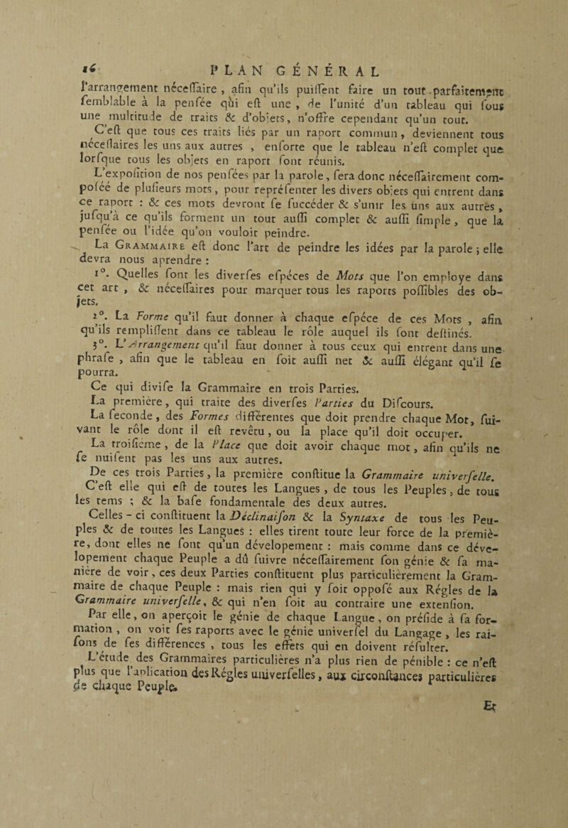 l’arrangement nécefîaire , afin qu’ils puiirent faire un tout-parfaitem^nc femblable a la penfée qui efl: une , <^e l’unité d’un tableau qui fous une multitude de traits &c d’obiets, n’offre cependant qu’un tout. C’eft que tous ces traits liés par un raport commun, deviennent tous ncceflaires les uns aux autres , enforte que le tableau n’eft complet quft lorfque tous les objets en raport font réunis. L’expofition de nos penfées par la parole, fera donc ncceffairement com- polce de plufieurs mots, pour reprefenter les divers ob;ets qui entrent dans ce raport : & ces mots devront fe fuccéder & s’unir les Uns aux autres , jufquà ce qu’ils forment un tout auflî complet & auffi fimple , que la penfée ou l’idée qu’on vouloit peindre. La Grammaire efl donc l’art de peindre les idées par la parole ; elle, devra nous aprendre : I . Quelles font les diverfes efpéces de Mots que l’on employé dans cet arc , ôc néceffaires pour marquer tous les raports poffibles des ob¬ jets. 2®. La Forme qu’il faut donner à chaque efpéce de ces Mots , afin qu’ils rempliffent dans ce tableau le rôle auquel ils font deftinés. 5®. VArrangement qu’il faut donner à tous ceux qui entrent dans une phrafe , afin que le tableau en foie auflî net ôc auffi élégant qu’il fe pourra. Ce qui divife la Grammaire en trois Parties. La première, qui traite des diverfes Parties du Difeours. La fécondé, des Formes differentes que doit prendre chaque Mot, fui- vant le rôle dont il efl revêtu, ou la place qu’il doit occuper. La rroificme , de la Place que doit avoir chaque mot, afin qu’ils ne fe nuifent pas les uns aux autres. De ces trois Parties , la première conftitue la Grammaire univerfelle, C’eft elle qui eft de toutes les Langues , de tous les Peuples, de tous les tems ; & la bafe fondamentale des deux autres. Celles - ci conftituent la & la Syntaxe de tous les Peu¬ ples & de toutes les Langues : elles tirent toute leur force de la premiè¬ re, donc elles ne font qu’un dévelopement : mais comme dans ce déve- lopement chaque Peuple a dû fuivre néceflairement fon génie & fa ma¬ nière de voir, ces deux Parties conftituent plus particulièrement la Gram¬ maire de chaque Peuple : mais rien qui y foie oppofé aux Régies de la Grammaire universelle ^ 8c qui n’en foie au contraire une extenfion. Par elle, on aperçoit le génie de chaque Langue, on préfide à fa for¬ mation , on voit fes raports avec le génie univerfel du Langage , les rai- fons de fes différences , tous les effets qui en doivent réfulter. L’étude^ des Grammaires particulières n’a plus rien de pénible : ce n’eft plus que laplicatiou des Régies uiiiverfelles, aux circonftàuces particulières de chaque Peuple, Eç