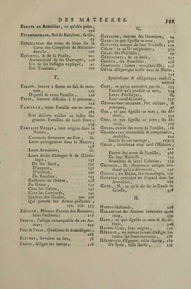 Europe en Armoiries, ce qu’elle peint v 17 6 Evilmerodach, Roi de Babylone ; fa vie, 73 Explication des noms de lieux fur la Carte des Conquêtes de Nabucho- donofor, 108 Ëzéchiel, & de fa Poèlîe, loi Authenticité de Tes Ouvrages, 1 o<5 Un de Tes PalPages expliqué, 41 Son Tombeau, 11 f F. Fabius, innove à Rome en fait de mon- noie , 267 Orgueil de cette Famille , 2 66 Faits , fouvent difficiles à le procurer , Famille; toute Famille eut un nom , 283 Rois doivent veiller au luftre des grandes Familles de leurs Etats, *84 Familles Nobles , leur origine dans la Nature , 13 ç Comment formèrent un Etat , ib» Leurs prérogatives dans la Nature , i3<5 Leurs Armoiries, ib. Leurs droits d’images & de Généa- logic , 137 De feu lacré , U? D’augure , 137 D’onétion , 140 De Bouclier , 143 Exilloient en Orient , 138 En Grèce , 13 9 Chez les Celtes, 141 Chez les Lombards, 142 Illuftres des Gaules, ÎOO. 201 Qui portent des Armes parlantes , iji. 157. 333 Féciaux , Hérauts d’armes des Romains; leurs fondions ; 218 FïStus , Pacage remarquable de cet Au¬ teur; 24 y Fils & Fille , lynonimes de domeftiques, 2S8 Flèches, fervoient au fort, 38 FrÈne , défigne les lances, 216 m G. Gabalene, contrée deslduméensj 24 Gard ; ce que lignifie ce nom ; 307 Gaulois; marque de leur NoblelTe ; 227 Géa ns: ce qu’ils peignoient ; 377 Géaus des Philillins, 29 Généalogie; de ce droit, 137 Genève, fes Armoiries, 276 Genevievf ( Sainte ) remplace Ifis, 208 Génie allégorique brille dans le Blafon , Symbolique & allégorique analyfé , XXXIII Gens; ce qu’on entendoit par-là; 133 Famille qu’a produit ce mot, 134 Leurs Privilèges, ib« Leur confédération, 137 Géographie ancienne , fort obfcure , & pourquoi, 40 Ger, ce que lignifie ce nom ; les dé¬ rivés, 307 God ; ce que lignifie ce nom ; fes dé¬ rivés, 307 Goths, eurent des noms de Famille , 288 Grammaire univerfelle & comparative, analylëe, xli Succès de cet ouvrage , lxxii Grecs , écrivirent trop tard l’Hiftoire , LVI Eurent des noms de Famille , 386 De leur NoblelTe , 139 Armoiries de leurs Colonies, 179 Grignon , ( M. ) Monument antique bla- lonné qu’ii a découvert, 130 Gueule , en Blafon, fon étymologie, 199 Guyenne ; pourquoi un léopard dans fies Armoiries, i8t Guys , ( M. ) ce qu’il dit fur la Danfe de GnolTe, 35* H. Habits blafonnés, 206 Harangues des Anciens' inventées après coup, 429 Hart ; ce que lignifie ce nom & fes dé¬ rivés, 30 6 Hausse-Cols, leur origine, 227 Hébrei x , ne mirent jamais d’effigie hu. maine fur leurs monnoies , 267 Héliopolis d’Egypte , ville facrée , 189 De Syrie , ville facrée , jpjt