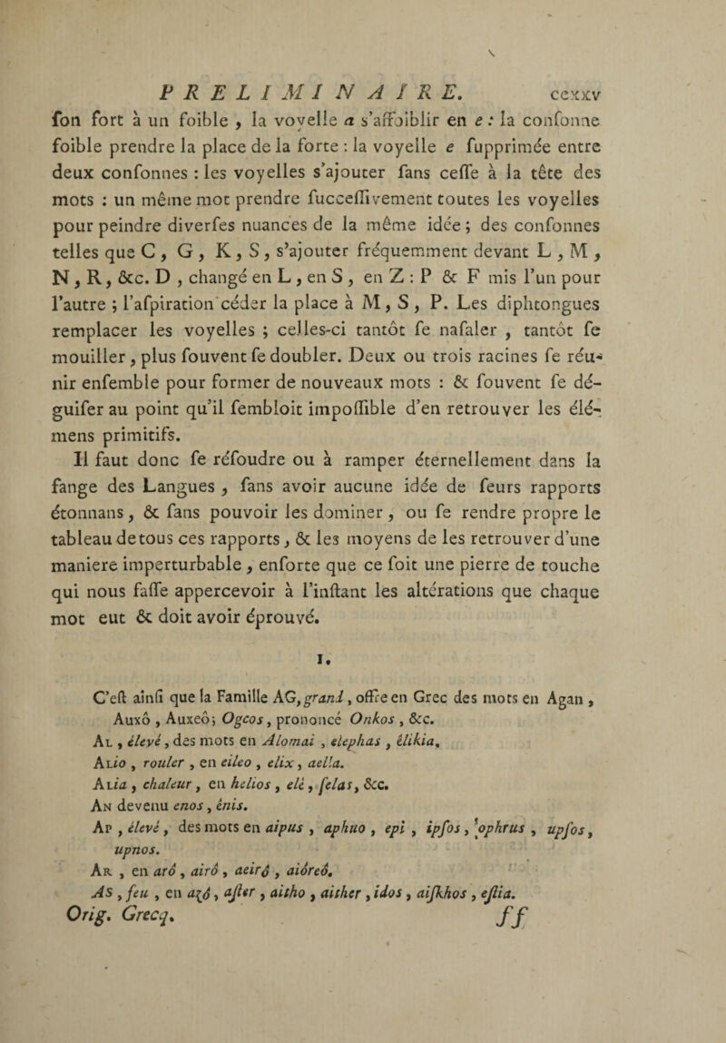 fou fort à un foible , la vovelle a s’affoibiir en e : la confonne foible prendre la place de la forte : la voyelle e fupprimée entre deux confonnes : les voyelles s’ajouter fans ceffe à la tête des mots ; un même mot prendre fucceffivement toutes les voyelles pour peindre diverfes nuances de la même idée ; des confonnes telles que C , G , K, S , s’ajouter fréquemment devant L ^ M , N,R, ôcc. D , changé en L , en S , en Z : P & F mis Pun pour l’autre ; l’afpiration'céder la place à M, S , P. Les diphtongues remplacer les voyelles ; celles-ci tantôt fe nafaler , tantôt fe mouiller^ plus fouvent fe doubler. Deux ou trois racines fe réu-* nir enfemble pour former de nouveaux mots : & fouvent fe dé- guifer au point qu’il fembloit iinpolTible d’en retrouver les élé- mens primitifs. Il faut donc fe réfoudre ou à ramper éternellement dans la fange des Langues ^ fans avoir aucune idée de feurs rapports étonnans y ôc fans pouvoir les dominer, ou fe rendre propre le tableau detous ces rapports ^ ôc les moyens de les retrouver d’une maniéré imperturbable , enforte que ce foit une pierre de touche qui nous faffe appercevoir à l’inftant les altérations que chaque mot eut ôc doit avoir éprouvé. I. \ C’efl: aînlî que la Famille K.Q,gra.nl, offie en Grec des mots en Agan , Auxô , Auxeôj Ogcos, prononcé Onkos , &c. Al , élevé, des mots en Alomai , elephas , élikia, Al/o , rouler , en eileo , elix, aelia. Kùa y chaleur, en helios , eU, fêlai y ôcc. An devenu enos, énis, Ap , élevé, des mots en aipus , aphuo , epi , ipfos, ^ophrus , upfos, upnos. A R , en arô, airô , aeir^ , aioreô, As , feu , en > aitho , aitker , idos, aijkhos , ejlia. Orig. Grecq. ff