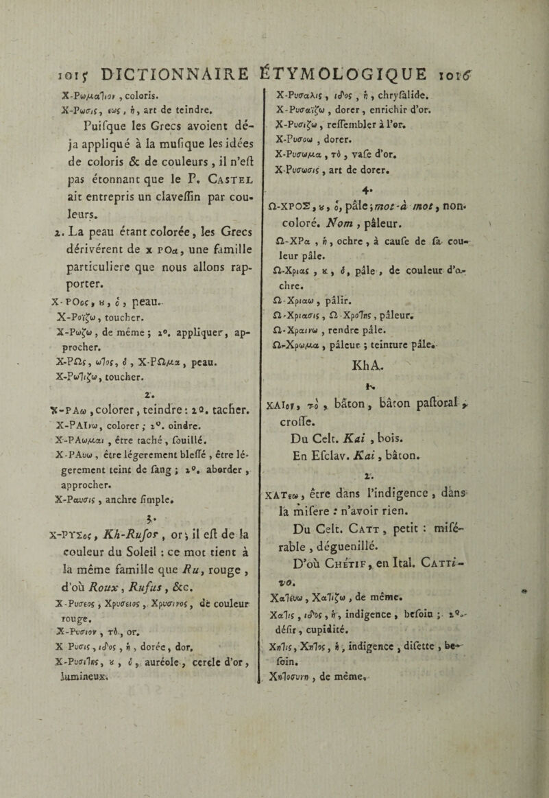 X-PwMa1<3>' 1 coloris. X-PwcT/f, ((>)s, fi y art de teindre, Puifque les Grecs avoient dé¬ jà appliqué à la mufique les idées de coloris & de couleurs , il n’efl pas étonnant que le P, Castel ait entrepris un claveffin par cou¬ leurs, i. La peau étant colorée, les Grecs dérivèrent de x ro<a, une famille particulière que nous allons rap¬ porter. x-POoç, U, 0 3 peau. X-Poï^w, toucher. X-Pu^u , de même ; i°, appliquer, ap¬ procher, X-Pr2f, uloçy (5, X-PilAta, peau. X-Pw1/^w, toucher. 2. X-PA« ,colorer, teindre : lO. tacher. X-PATku, colorer; i'’. oindre. X-PAw/Aaj , être taché , fouillé. X-PAuw , être légèrement blelTé , être lé¬ gèrement teint de fang ; x®, aborder , approcher. X-PovcTjs, anchre lîmple. X-PYSoÿ, Kh-Rufor , ori il eft de la couleur du Soleil : ce mot tient à la même famille que Ru3 rouge , d’où Roux y Rufus, &c. X-Püff€05 > XpucTêiflf ,, XpytTiyos, de couleur rouge, - X -Pvfl’/oK , TÔ , or, X Püo-iç, jcToî, f), dorée, dor, X'Puffilflf, », ^, auréole , cercle d’or, lumineux. X-Py<raX(f , jcToç , n , chryfalide, X'Pycraï^w , dorer, enrichir d’or. X-Pyff^^w, reflembler à l’or» X-Puffou , dorer. X-Puo-u/ua y TÔ , vafe d’or, X-Puffwff/î, art de dorer. 4* a-XPOS,«, oypàlciutoi-à mot y non- coloré. Nom 3 pâleur. fi-XPa , h 3 ochre, à caufe de (a cou¬ leur pâle. i2-Xp»a£ , X, é, pâle , de couleur d’a- dire. iX‘Xpiaw, pâlir. ri-Xpiaffis, Cl -XpoTflf, pâleur,' ri-Xpa/rw , rendre pâle. Üj-XpcyMct, pâleur ; teinture pâle.- KhA- K XAie7, TO , bâton, bâton paftocal ^ crofTe. Du Cclt. Kai 3 bois. En Efclav. Kai, bâton, 2. XATiw, être dans l’indigence , dans l'a mifere : n’avoir rien. Du Celc. Catt , petit : mifé- rable , déguenillé. D’où Chétif, en Ital. Catti- vo, Xalêuw, Xali^w , de même. Xaliç y lé^ç y ky indigence , befoin ; défit, cupidité. XnhSy Xulos y », indigence , difette , be¬ foin. Xnloffvyn , de même.