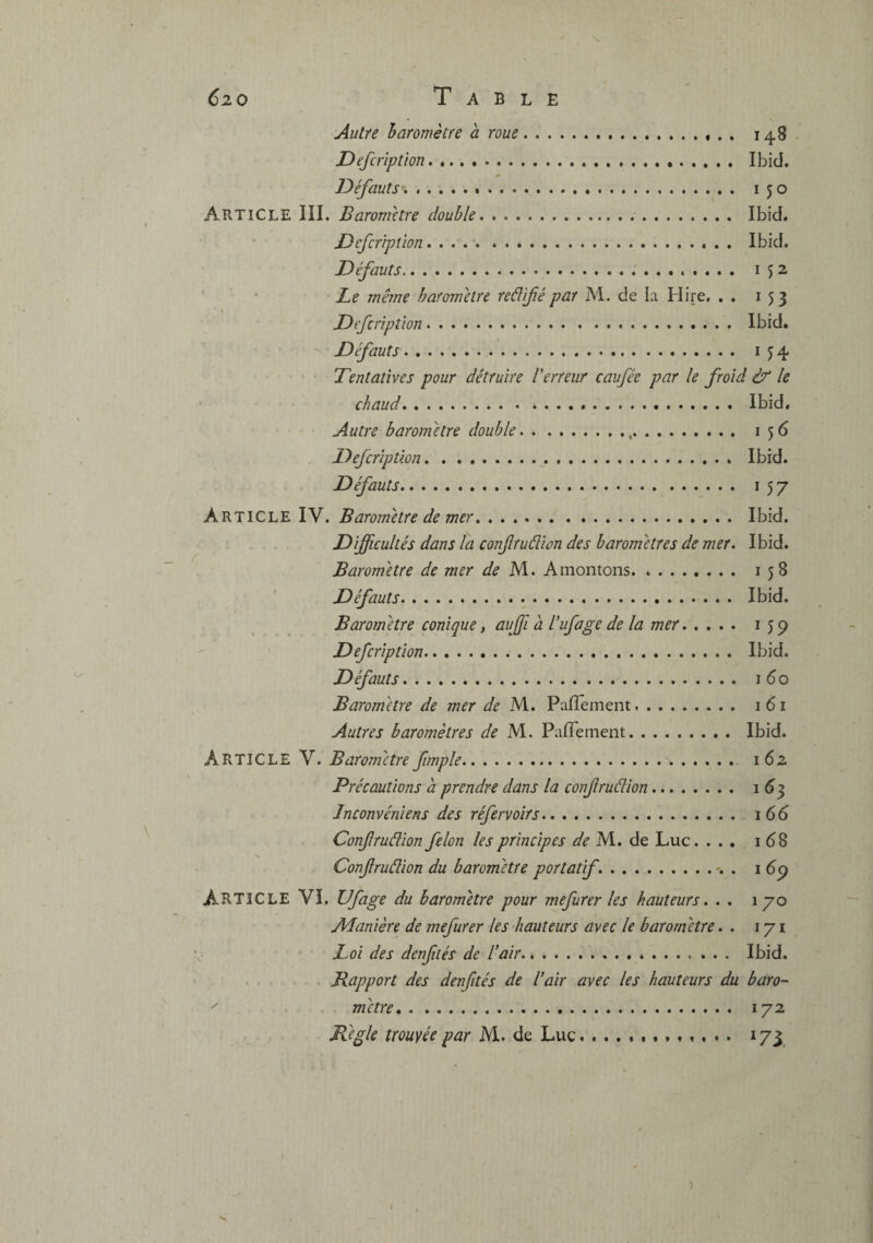 Czo Table Autre haromètre à roue. 148 Defcrîpüon... Ibid. Défauts'.. 150 Article III. Baromètre double. Ibid. Defcriptîon. Ibid. Défauts.. 152 Le même baromètre reâifé par M. de la H ire, . . 153 Defcriptîon. Ibid. Défauts. 154 Tentatives pour détruire ierreur caufée par le froid & le chaud. Ibid, Autre baromètre double.,. 156 Defcriptîon. Ibid. Défauts. 157 Article IV. Baromètre de mer. Ibid. Difficultés dans la confruâion des baromètres de mer. Ibid. Baromètre de mer de M. A montons. 158 Défauts. Ibid. Baromètre conique, auffià l’ufage de la mer. 159 Defcriptîon. Ibid. Défauts. i5o Baromètre de mer de M. Pafîement. i 61 Autres baromètres de M. PafTement.. . Ibid. Article V. Baromètre fimple. 162 Précautions a prendre dans la confruâion. 1 ^3 Inconvéniens des réfervoîrs. 166 Confruâion félon les principes de M. de Luc. ... 168 Confruâion du baromètre portatif... . 169 Article VI. Vf âge du baromètre pour mefurer les hauteurs. . . 170 ALanière de mefurer les hauteurs avec le baromètre. . 171 Loi des denftés de l’air. Ibid. Jiapport des denftés de l’air avec les hauteurs du baro- '' mètre. 172 Règle trouvée par M. de Luc... 173