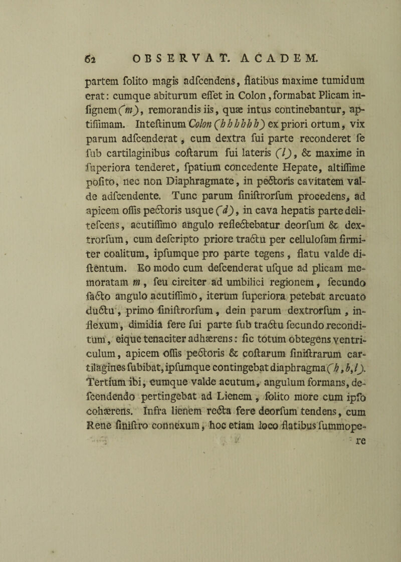 partem folito magis adfcendens, flatibus maxime tumidum erat: cumque abiturum eflet in Colon, formabat Plicam in- fignem (m), remorandis iis, quae intus continebantur, ap- tifiimam. Inteftinum Colon (bbbbbb) ex priori ortum, vix parum adfcenderat, cum dextra fui parte reconderet fe fub cartilaginibus coftarum fui lateris (7), & maxime in fuperiora tenderet, fpatium concedente Hepate, altiflime polito, nec non Diaphragmate, in pe6toris cavitatem val¬ de adfcendente. Tunc parum liniftrorfum procedens, ad apicem olfis pedloris usque (d)9 in cava hepatis parte deli- tefcens, acutilfimo angulo refle&ebatur deorfum & dex- trorfum, cum defcripto priore tra6tu per cellulofam firmi¬ ter coalitum, ipfumque pro parte tegens, flatu valde di- ftentum. Eo modo cum defcenderat ufque ad plicam me¬ moratam m , feu circiter ad umbilici regionem, fecundo fa6to angulo acutilfimo, iterum fuperiora petebat arcuato du6tu , primo flniftrorfum, dein parum dextrorfum , in¬ flexum, dimidia fere fui parte fub tradlu fecundo recondi¬ tum, eique tenaciter adhaerens: fic totum obtegens ventri¬ culum , apicem olfis pe<5toris & coftarum finiftrarum car¬ tilagines fubibat, ipfumque contingebat diaphragma (b ,b, l). Tertium ibi, eumque valde acutum, angulum formans, de- fcendendo pertingebat ad Lienem , folito more cum ipfo cohaerens. Infra lienem re<5ta fere deorfum tendens, cum Rene finiftro connexum, hoc etiam loco flatibusfummope- V,.;., y - re