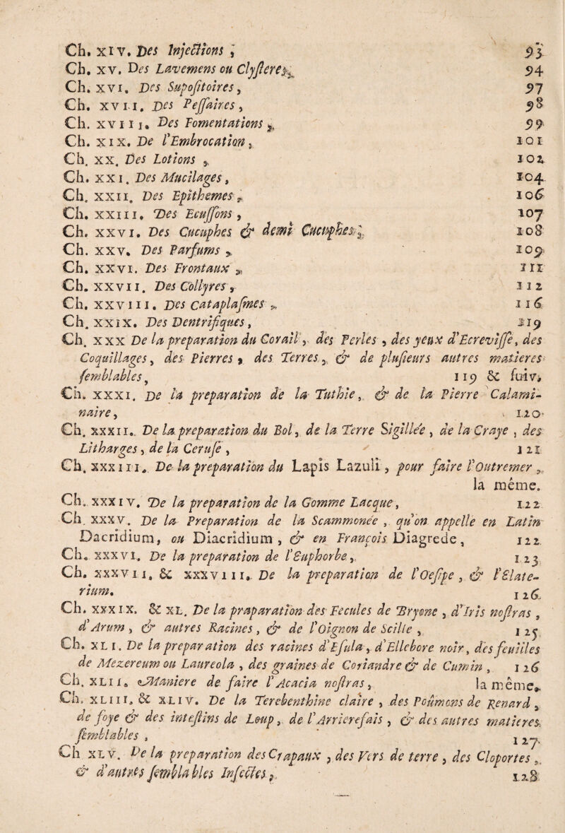 Ch, xv, Des Lavemens ou Clyfere^ 5)4 Ch, xvi. Des Supojitoires-, 9 J Ch. xvn, Des Fejfaires, 5>§ Ch. XYHii Des Fomentations h 99 Ch. xix. De EEmbrocation l iqi Ch. xx. Des Lotions * 102, Ch. xxi. Des Mucilages, 104. Ch, xxii. Des Bpïthemes 7, 106 Ch. xxi 11. Des Bouffons , 107 Ch. xxvi. Des Cucuphes. & demi Çucifhesf 108 Ch. xxv. Des Parfums % ' 109 Ch. xxvi. Des B vont aux „ iXî Ch. xxv 11. Des Collyres9 Hz Ch. xxv ni. Des cat api a fîtes * 11 6 Ch. xxix. Des Ventrifiques, 119 Ch. xxx De la préparation du Corail r des Ferles 5 des yeux d'Ecrevife, æVs Coquillages » des Pierres y des Terres& de plufeurs autres matières femblables 9 119 & fuiv* Ch. xxxi, ta préparation de la- Tuthie y & de la- Pierre Calami- naire y ^ 120 Ch. xxxii.. De U.préparation du Bol r de la. Terre Sigillée , de la Craye , des Litharges, Cerujè , 1 21 Che xxxixr* De la préparation du Lapis Lazuii ? pour faire E Outremer 9, la même. Ch, xxx iv. 7)^ préparation de la Gomme Lac que, 122 Ch. xxxv. De la Préparation de la Scammonée j'/Z'W appelle en Latin Dacridium, c# Diacrldium , d* en François Diagrede, 122 Ch. xxxvi. De lapréparation de tEuphorbe. y 125 Ch. xxxvi i, & xxxv 111. De la préparation de Eoefepe 5 d* ESlate- Ch. XL 1. De la prepar ation un r eûmes ci cjuiw y a zuevere noir■, ^ ^ Mener eum ou Laureola , graines de Coriandre & de Cumin , j 2g Ch. xlii. çJfEaniere défaire t Acacia noflras 9 la même* Ch* xliil. & XLiv. De la Térébenthine claire , des Poumons de pénard . de foye & des intefins de Lmp r de E Arriéré fais, d'! des autres maticrei femblables, ' . || J Ch XL v, De la préparation des Crapaud r des Fers de terre , des Cloportes utris fêmhlahlpt TnfeFlei. - _ < =» t # * # d'mty.es JmUflkks Infectes 13.8