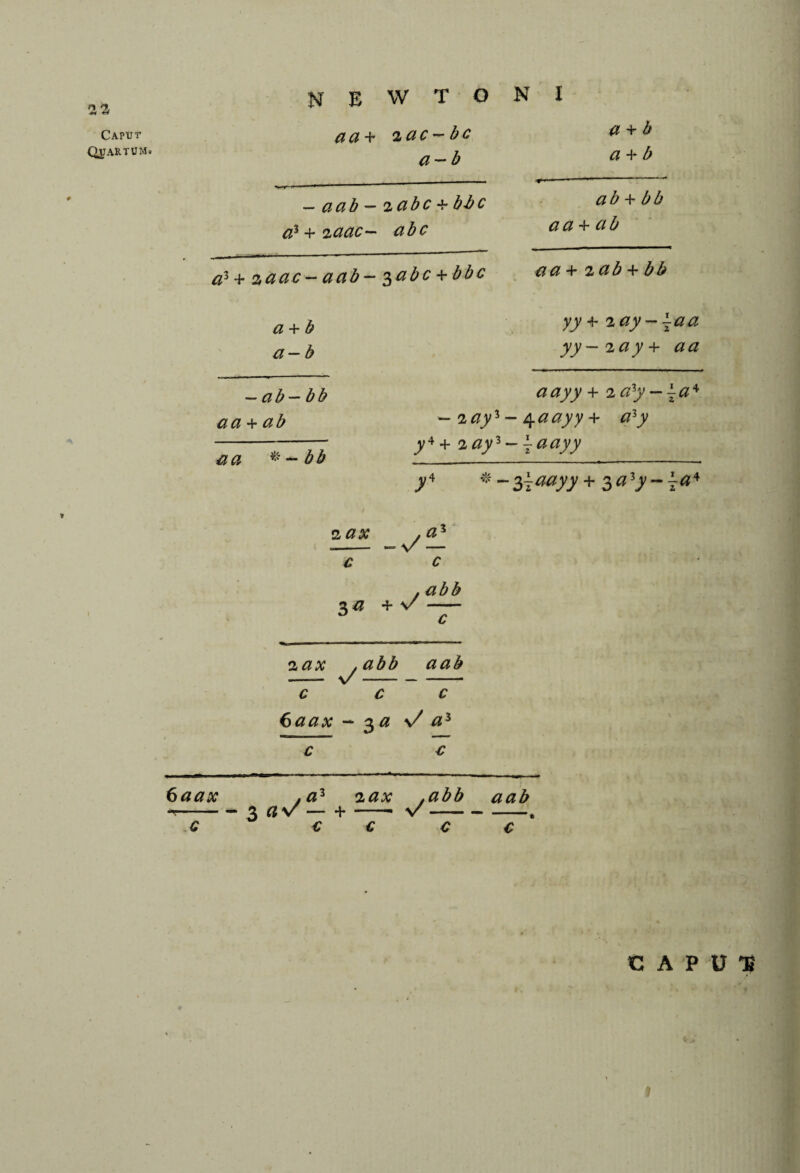 22 Caput Quartum. *t N E W T O a a + zele — be a-b — aab — 2 cibc •¥ b-bc a3 + iciac— abc a a + b a-b — ab—bb aa + ab aa %-bb a + b a + b ab + bb a a + a b zaac-aab- ^abe + bbe aa + zab + bb yy + zay-\aa yy— z ay + a a aayy + 2 ay • - 7.ay1 - ^aayy + a}y y4 + 2ayz- \aayy l-a4 v- _ 21 aayy +3 aby 3 u — T*4 20# £ 30 + v/ 0 abb 2 ax .abb -- v/ - aab c c c 6aax -3 # \/ 03 c a 6aax 2 ax ,abb aab *-3 a v — +-- v-. G G € C C