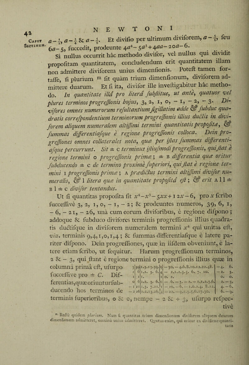 4a Caput Seetimum. N E W T O N I a - a -* -s- 8c a - {. Et divifio per ultimum diviforem, # - j, feu 6^-5, fuccedit, prodeunte 4^4-5^3 + 4^“20^-^* Si nullus occurrit hac methodo divifor, vel nullus qui dividit propofitam quantitatem, concludendum erit quantitatem illam non admittere diviforem unius dimenfionis. Potefl tamen for- talfe, fi plurium m fit quam trium dimenfionum, diviforem ad¬ mittere duarum. Et fi ita, divifor ille invefligabitur hac metho¬ do In quantitate illa pro litera fubjlitue, ut ante, quatuor vel Di¬ is o, — 3 plures terminosprogreffionis hujus, 3, 2. . . vifores omnes numerorum refultantiumJigillatim adde & Jubduc qua¬ dratis correfpondentium terminorum progr e (Jio ni s illius dud/s m divi¬ forem aliquem numeralem altijjimi termini quantitatispropofita, & fummas differentiafque e regione progrejfionis colloca. Dem pro¬ gr effiones omnes collaterales nota, qua per ijlas fummas differ enti¬ af que percurrunt. Sit =t c terminus ijiiufmodi progrejfionis, qui Jiat e regione termini o progrejfionis prima; =t b differentia qua oritur fubducendo =t c de termino proxime fuperiori, qui Jiat e regione ter¬ mini 1 progrejfionis prima\ a pradidlus termini altiffimi divifor nu¬ meralis, &? 1 litera qua in quantitate propofit a ejl; '<S erit a 11 ± b 1 ± c divifor tentandus. Ut fi quantitas propolita Iit a;4—a3 — 5XV + 1 2a — 6, pro at fcribo fuccefiive 3, 2, 1, o, - 1, - 2; prodeuntes numeros, 39, 6, 1, -65-21,-26, una cum eorum diviforibus, e regione difpono ; addoque Sc fubduco divifores terminis progreffionis illius quadra¬ tis du£tifque in diviforem numeralem termini x4 qui unitas efi, viz. terminis 9,4,1,051,4; Sc fummas diflerentiafque e latere pa¬ riter difpono. Dein progreffiones, quae in iifdem obveniunt, e la¬ tere etiam fcribo, ut fequitur. Harum progreffionum terminos, 2 - 3, qui flant e regione termini o progreffionis illius quae in columna prima efl, ufurpo fuccefiive pro =t C. Dif¬ ferentias,quae oriunturfub- ducendo hos terminos de terminis fuperioribus, o Sc o, nempe - 2 Sz + 3, A 0 39 1.3.13.39. 9 —30.—4.6.S.10.12.22.48. 2 6 1.2. 3. 6. 4 2.1.2.3.5» d. 7* io. I 1 1. 1 0. 2. O 6 1.2. 3. 6. c - 6.-3.-2.- 1.1.2.3.6. I 21 1.3. 7.21. 1 — 20.—6. — 2.0.2.4. 8.22. 2 26 1.2.13.26. L -22.-9.2.3.5.6.17.30. — 4. 6. -2. 3. o. o. 3* 4. — 6. 6. — 9. ufurpo refpec- tive 1 ■* Re&ii quidem plurium. Nam fi quantitas trium dimenfionum diviforem aliquem dunn dimenfionum admitteret, omnino unius admitteret. Quotus enim, qui oritur ex divificne quan 'um quanti¬ tatis
