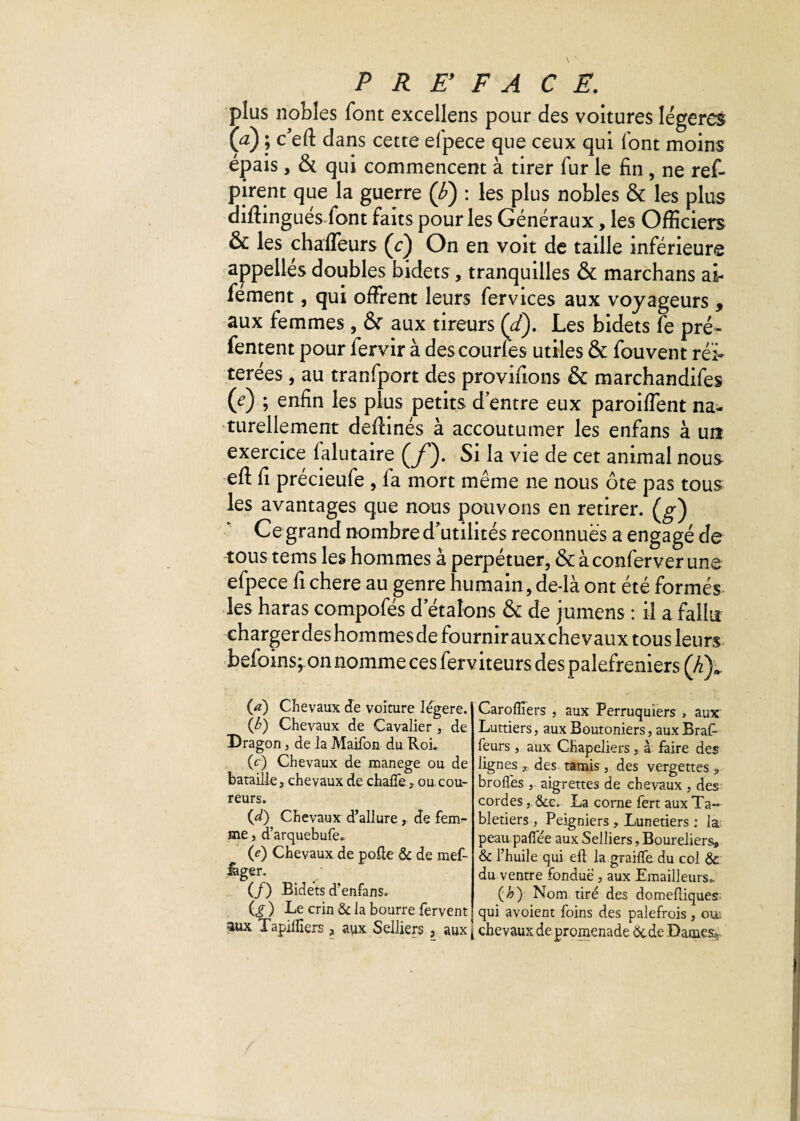 plus nobles font excellens pour des voitures légères Ça) ; c'eft dans cette efpece que ceux qui font moins épais, & qui commencent à tirer fur le fin, ne ref- pirent que la guerre Çb) : les plus nobles & les plus diftingués font faits pour les Généraux, les Officiers & les chaffeurs (c) On en voit de taille inférieure appellés doubles bidets, tranquilles & marchans ai- fément, qui offrent leurs fervices aux voyageurs , aux femmes , & aux tireurs Çd). Les bidets fe pré- Tentent pour fervir à descourfes utiles & fouvent réi¬ térées , au tranfport des provifions & marchandées (c) ; enfin les plus petits d entre eux paroiffent na¬ turellement deftinés à accoutumer les enfans à un exercice falutaire (/). Si la vie de cet animal nous eft fi précieufe , fa mort même ne nous ôte pas tous les avantages que nous pouvons en retirer. Çg) Ce grand nombre d'utilités reconnues a engagé de tous tems les hommes à perpétuer, & à conferver une efpece fi chere au genre humain, de-là ont été formés les haras compofés d étalons & de jumens : il a fallu charger des hommes de fournir auxehevaux tous leurs befoins^on nomme ces ferviteurs des palefreniers (A)„ (a) Chevaux de voiture légère. (b) Chevaux de Cavalier , de Dragon, de la Maifon du Roi. (c) Chevaux de manege ou de bataille, chevaux de chafîe, ou cou¬ reurs. (d) Chevaux d’allure, de fem¬ me , d’arquebufe. (e) Chevaux de pofte & de mef- Jfoger. (/) Bidets d’enfans. ) Le crin & la bourre fervent aux Tapilîlers ? aux Selliers, aux \ Carofiiers , aux Perruquiers , aux Luttiers, aux Boutoniers, aux Braft feurs , aux Chapeliers, à faire des lignes des tamis , des vergettes , brofl'es , aigrettes de chevaux , des cordes, &c. La corne fert aux Ta— bletiers-, Peigniers , Lunetiers : la peau pafîee aux Selliers, Boureliers, & l’huile qui eft la graille du col & du ventre fondue , aux Emailleurs* (h) Nom tiré des domeftiques qui avoient foins des palefrois, oui i chevaux de promenade & de Dames*