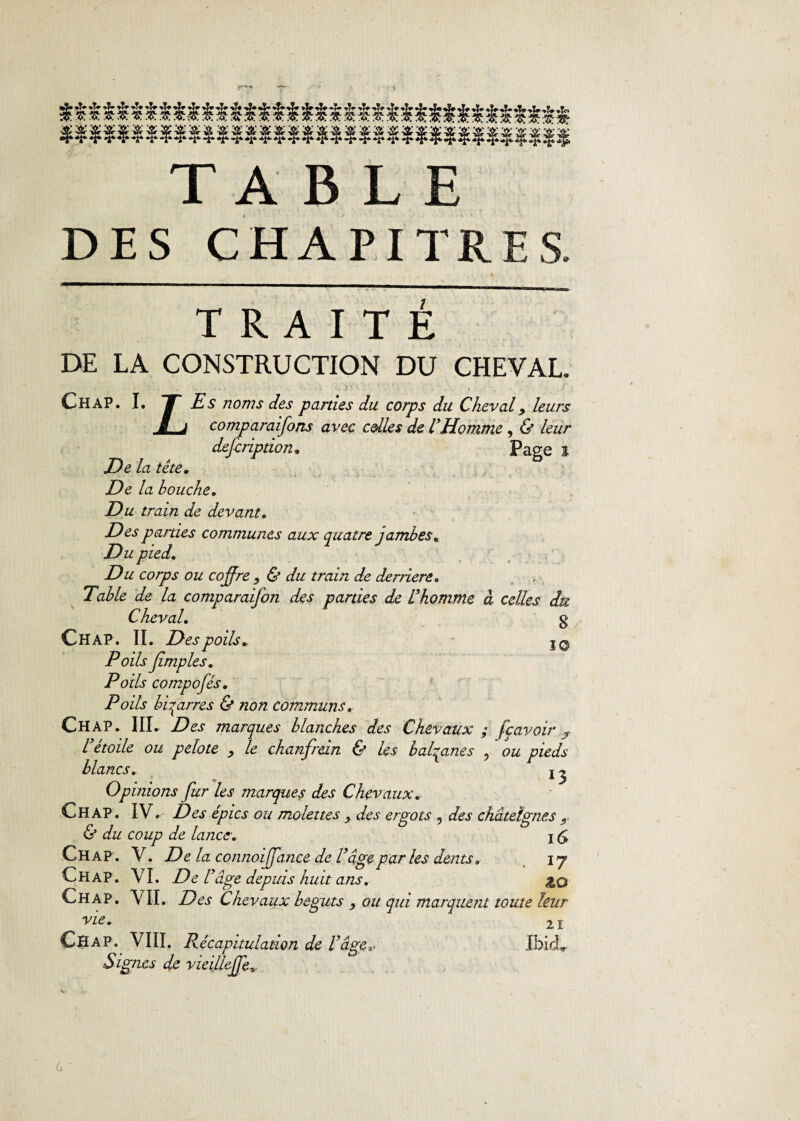 TABLE DES CHAPITRES TRAITE DE LA CONSTRUCTION DU CHEVAL. CHAP. I. T Es noms des parties du corps du Cheval9 leurs I J comparaifons avec celles de VHomme , & leur description, Page l De la tête. De la bouche. Du train de devant. Des parties communes aux quatre jambes. Du pied. Du corps ou coffre 9 & du train de derrière. Table de la comparaifon des parties de U homme à celles du Cheval. ^ g Chap. IL Des poils* j0 Poils Jimples. Poils compofés. Poils bicarrés & non communs. CHAP» III. Des marques blanches des Chevaux ; fcavoir , Uétoile ou pelote 9 le chanfrein & les balqanes ? ou pieds blancs. ! ^ Opinions fur les marques des Chevaux. Chap. IV. Des épies ou molettes , des ergots ? des châteïgnes 9 & du coup de lance. I (> Ch AP. V. De la connoiffance de l’âge par les dents„ i j Chap. VI. Del1 'âge depuis huit ans. Chap. VII. Des Chevaux beguts 9 ou qui marquent toute leur vie. 21 CïïAP. VIII. Récapitulation de l’âge=>* Signes de vieilleffe^