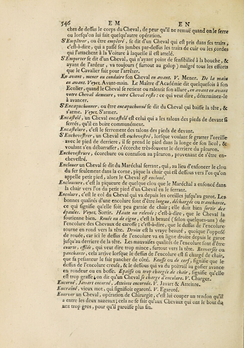 J4s EM EN ches de de/Tus le corps du Cheval, de peur qu’il ne remue quand on le ferre ou lorfqu’on lui fait quelqu’autre opération. S’Empêtrer, ou être empêtré, fe dit d’un Cheval qui eft pris dans fes traits c’eft-à-dire, qui a paffé fes jambes par-defTus les traits de cuir ou les cordes qui l’attachent à la Voiture à laquelle il eft attelé. S’Emporter fe dit d’un Cheval, qui n’ayant point de fenfibilké à la bouche, & ayant de l’ardeur , va toujours ( furtout au galop ) malgré tous les efforts que le Cavalier fait pour l’arrêter. Ejj avant, mener ou conduire fon Cheval en avant. V. Mener. De la main en avant. Voyez. Avant-main. Le Maître d’Académie dit quelquefois à fou Ecolier, quand le Cheval fe retient ou ralentit fon allure yen avant en avant votre Cheval demeurevotre Cheval refie : ce qui veut dire, déterminez-le à avancer. S’Encapuchonner, ou être encapuchonné fe dit du Cheval qui baiffe la tête, & s’arme. Voyez S’armer. Encafielé, un Cheval encafielé eft celui qui a les talons des pieds de devant ferrés, qu’il en boite communément. Encafielure, c’eft le ferrement des talons des pieds de devant. S’Enchevefirer, un Cheval eft enchevefiré, lorfque voulant fe gratter l’oreille avec le pied de derrière, il fe prend le pied dans la longe de fon licol, &. voulant s’en débarraffer, s’écorche très-fouvent le derrière du paturon/ Enchevefirure, écorchure ou contufion au paturon, provenant de s’être en- cheveftré. Enclouer un Cheval fe dit du Maréchal ferrant, qui, au lieu d’enfoncer le clou du fer feulement dans la corne, pique la chair qui eft deffous vers l’os qu’on appelle petit pied, alors le Cheval efi encloué. Encloueure, c’eft la piqueure de quelque clou que le Maréchal a enfoncé dans, ^ la chair vers l’os du petit pied d’un Cheval en le ferrant.. Encolure, c’eft le col du Cheval qui va depuis les oreilles jufqu’au garot. Les, bonnes qualités d’une encolure font d’être longue, déchargée ou tranchante ce qui lignifie quelle foit peu garnie de chair ; elle doit bien finir des épauler. Voyez Sortir. Haute ou relevée ; c’eft-à-dire , que le Cheval h foutienne bien. Rouée ou de cigne, c’eft la beauté ( félon quelques-uns ) de l’encolure des Chevaux de earoffe ; c’eft-à-dire, que le deffus de l’encolure tourne en rond vers la tête. Droite eft la vraye beauté , quoique l’oppofé de rouée, car ici le deffus de l’encolure va en ligne droite depuis le garot jufqu’au derrière de la tête.. Les mauvaifes qualités de l’encolure font d’être courte, effilée, qui veut dire trop mince,furtout vers la tête.. Renverfée ou panchante, cela arrive lorfque le deffus de l’encolure eft fi chargé de chair,, que fa pefanteur le fait pancher de côté. FauJJe ou de cerfT lignifie que le deffus de l’encolure creufe, &le deffous qui va du poitrail au gofier avance en rondeur ou en boffe. Epaifie ou trop chargée de chair, lignifie qu’elle eft trop graffe « on dit qu’un Cheval fi charge d’encolure. V. Charger/ Encorné, Javart encorné, Atteinte encornée. V. Javart & Atteinte. ^ Encraîné, vieux mot, qui fignifioit egaroté. V. Egaroté. Enerver un Cheval, opération, de Chirurgie, c’eft lui couper un tendon qu’il a entre les deux nazeaux; cela ne fe fait qu’aux Chevaux qui ont le boutdiç irez trop gros, pour qu’il paroifîè plus fin»