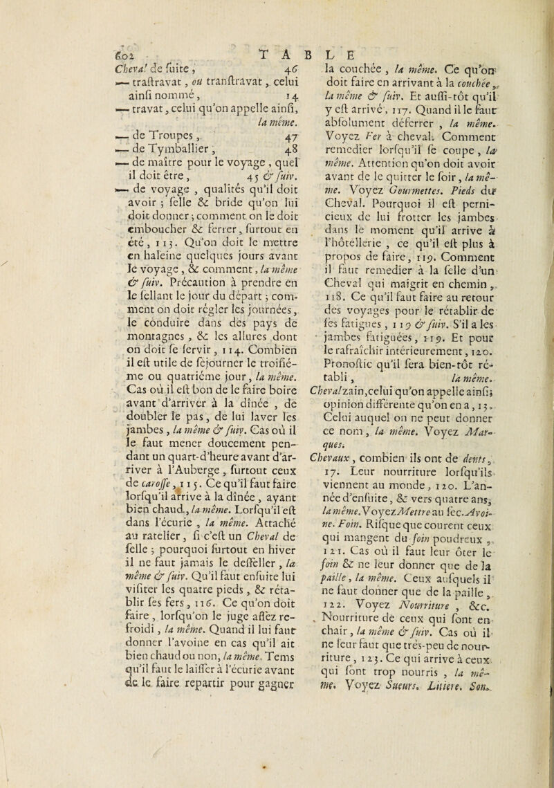 êoi ■ T Â Cheva! de fuite , \C traftravat, ou tranftravatcelui ainfi nommé, 14 *— travat, celui qu’on appelle ainfi, la rame. — de Troupes,- 47 — de Tymballier, 48 — de maître pour le voyage , quel il doit être, 45 &fuiv. de voyage , qualités qu’il doit avoir ; Telle &: bride qu’on lui doit donner 3 comment on le doit emboucher ferrer, furtout en été ,113. Qu’on doit le mettre en haleine quelques jours avant Je voyage , & comment, U nième & fuiv. Précaution à prendre en le lellant le jour du départ 3 com¬ ment on doit régler les journées, le conduire dans des pays de montagnes , les allures dont on doit fe lervir ,114. Combien il eft utile de fejourner le troifîé- me ou quatrième jour, la meme. Cas où il eft bon de le faire boire avant d’arriver à la dînée , de doubler le pas, de lui laver les jambes, la même & fuiv. Cas où il le faut mener doucement pen¬ dant un quart-d’heureavant d’ar¬ river à l’Auberge , furtout ceux de carojje,.115. Ce qu’il faut faire lorfqu’il arrive à la dînée , ayant bien chaud., U même. Lorfqu’il eft dans l’écurie , la même. Attaché au râtelier , fi c’eft un Cheval de felîe 3 pourquoi furtout en hiver il ne faut jamais le defteller , la même & fuiv. Qu’il faut enfuite lui vifiter les quatre pieds, Sz réta¬ blir fes fers , ii6„ Ce qu’on doit faire , lorfqu’on le juge aflèz re¬ froidi , U même. Quand il lui faut donner l’avoine en cas qu’il ait bien chaud ou non, U même, Tems qu’il faut le laitier à l’écurie avant de. le faire repartir pour gagner BLE la couchée , la même. Ce qu’onp doit faire en arrivant à la couchée „ lamcme & fuiv. Et aufïî-tôt qu’il y eft arrivé , 117. Quand il le faur abfoîument déferrer , la même. Voyez Fer à cheval; Comment remedier lorfqu’iî fe coupe , la meme. Attention qu’on doit avoir avant de le quitter le foir, la mê¬ me. Voyez Gourmettes. Pieds di£ Cheval. Pourquoi il eft perni¬ cieux de lui frotter les jambes dans le moment qu’il arrive â> l’hôtellerie , ce qu’il eft plus à propos de faire, 119. Comment il faut remedier à la feîle dun Cheval qui maigrit en chemin , 118. Ce qu’il faut faire au retour des voyages pour le rétablir de fë-s fatigues ,119^ fuiv. S’il a les - jambes fatiguées, 119. Et pour le rafraîchir intérieurement, 120. Pronoftic qu’il fera bien-rôt ré- tabli, U même» Chevalzzin,celui qu’on appelle ainfi* opinion différente qu’on en a, 13 „ Celui auquel on ne peut donner ce nom, la même. Voyez Afar* ques. Chevaux , combien ils ont de dents , 17. Leur nourriture lorfqu’ils viennent au monde, 120. L’an¬ née d’enfuite, & vers quatre ans, la même N'oyeïMettre au icc.Avoi¬ ne. Foin. Rifque que courent ceux qui mangent du foin poudreux 5. 12t. Cas où il faut leur ôter le foin & ne leur donner que de la paille , la même. Ceux aufqueîs il ne faut donner que de la paille , 122. Voyez Nourrit me , &c. , Nourriture dé ceux qui font en chair, la même & fuiv. Cas où il- ne leur faut que très-peu de nour¬ riture , 123. Ce qui arrive à ceux qui font trop nourris , la mê¬ me, Voyez Sueurs, Lnun. Son,.